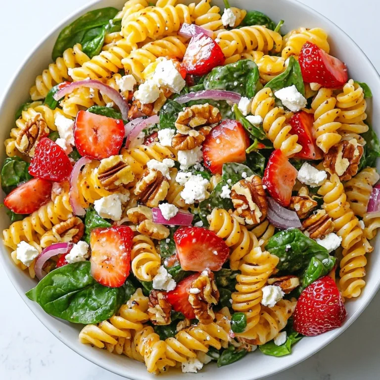 - 8 oz. fusilli pasta - 4 cups fresh spinach - 1 cup ripe strawberries - 1/2 cup feta cheese - 1/4 cup red onion - 1/4 cup pecans - 3 tablespoons extra virgin olive oil - 2 tablespoons balsamic vinegar - 1 tablespoon honey - Salt and freshly ground black pepper Gather these ingredients before you start cooking. Each one adds flavor and texture to the salad. The fusilli pasta gives a nice twist, and the fresh spinach adds a vibrant green color. Ripe strawberries bring sweetness, while feta cheese adds a creamy element. The red onion gives a slight bite, and pecans add crunch. Using extra virgin olive oil and balsamic vinegar creates a perfect dressing. Honey balances the flavors, making each bite a delight. Make sure to wash the spinach well. Slice the strawberries just before mixing for freshness. You can toast the pecans for extra flavor, but it’s not necessary. The key is to have everything ready to mix for a quick and easy salad. {{ingredient_image_2}} To start, boil a pot of water. Add a pinch of salt to the water. Then, add 8 oz. of fusilli pasta. Cook it according to the package instructions until al dente. This usually takes about 8-10 minutes. After cooking, drain the pasta in a colander. Rinse it under cold running water. This cools the pasta and stops the cooking process. In a large mixing bowl, add the cooled pasta. Then, toss in 4 cups of chopped spinach. Next, add 1 cup of sliced strawberries. Crumble in 1/2 cup of feta cheese. Add 1/4 cup of finely sliced red onion. Finally, add 1/4 cup of toasted pecans. Gently fold these ingredients together. Be careful not to mash the strawberries. In a small bowl, whisk together 3 tablespoons of extra virgin olive oil. Next, add 2 tablespoons of balsamic vinegar. Then, mix in 1 tablespoon of honey. Add a pinch of salt and freshly ground black pepper. Whisk until the mixture is smooth and well combined. Drizzle the prepared dressing over the salad. Use a large spoon to gently toss the salad. Make sure all the ingredients are coated in the dressing. After mixing, taste the salad. Adjust the seasoning if needed. You can add more salt, pepper, or honey to fit your taste. Let the salad sit for about 10 minutes before serving. This short break helps the flavors blend well. The resting time enhances the taste, making each bite more enjoyable. To enhance the flavor of your salad, focus on seasoning. You can add more salt or pepper as needed. If you want a sweeter taste, mix in more honey. For a tangier kick, try adding a bit more balsamic vinegar. Each adjustment can make a big difference. Taste your salad after each change. This helps you find the perfect balance of flavors. For an appealing serve, use a large, shallow bowl. This lets the colors pop. Garnish the top with extra strawberry slices and crumbled feta. This adds a burst of color and texture. You can also place whole strawberries around the bowl. This creates a fun and artistic look. A sprig of mint on top can add a fresh touch. You can prep parts of this salad ahead of time. Cook the pasta and store it in the fridge. Wash and chop the spinach and store it separately. Slice the strawberries just before serving to keep them fresh. Mix the dressing in advance and keep it in a jar. This way, you can enjoy a quick assembly when you're ready to eat. Pro Tips Use Fresh Ingredients: Always opt for fresh spinach and ripe strawberries to enhance the flavor and nutrition of your salad. Customize Your Nuts: Feel free to substitute pecans with walnuts or almonds for a different flavor and texture. Make Ahead: This salad can be prepared a few hours in advance; just add the dressing right before serving to keep it fresh. Elevate with Herbs: Adding fresh herbs like basil or mint can bring a delightful twist to the salad's flavor profile. {{image_4}} You can easily change some ingredients in this salad. If you don’t have strawberries, try using blueberries or raspberries. These berries add a sweet and tangy touch. For cheese, goat cheese works well too. It has a creamy texture and pairs nicely with the greens. If you want nuts, walnuts or almonds are great choices. They add crunch and flavor. While the balsamic dressing is delicious, you can try other dressings. A simple lemon vinaigrette brings a bright taste. You can mix lemon juice, olive oil, salt, and pepper. Another option is a honey mustard dressing. Just whisk together honey, mustard, olive oil, and a splash of vinegar. These dressings keep the salad fresh and tasty. This salad pairs well with many dishes. Serve it alongside grilled chicken or fish for a full meal. It also goes well with sandwiches or wraps. For a light lunch, enjoy it with a side of soup. The salad’s bright flavors and colors make any table pop. To keep your Strawberry Spinach Pasta Salad fresh, store it in an airtight container. Make sure to cover it well to prevent air from getting in. Place it in the fridge as soon as you finish eating. This keeps the flavors bright and the ingredients crisp. The pasta salad stays fresh for about 3 days in the fridge. After that, the spinach may start to wilt, and the flavors can fade. Always check for any off smells or changes in color before eating leftovers. You usually do not need to reheat this salad. It tastes best cold. If you want to warm it up, do so gently in a pan over low heat. Avoid using the microwave, as it can make the spinach soggy. Enjoy your salad at a nice, cool temperature! You can use quinoa or chickpea pasta for a gluten-free twist. Both options add great texture and flavor. Zucchini noodles, or "zoodles," are another fun choice. They are light and fresh, perfect for summer days. Just spiralize the zucchini and use it raw in the salad. Yes, this salad works well for meal prep. You can store it in the fridge for up to three days. The flavors will blend and taste better over time. Just keep the dressing separate until you are ready to eat. This helps keep the salad crisp and fresh. Absolutely! You can add grilled chicken for heartiness. Shrimp adds a nice touch of seafood flavor. Tofu is great for a vegetarian option. Just make sure to cook the protein beforehand. Then, toss it in with the salad for a filling meal. This recipe serves four. It is perfect for a light lunch or a side dish at dinner. If you need more, simply double the recipe. This salad is easy to scale up for parties or get-togethers. This salad recipe combines fresh ingredients like spinach and strawberries with a tasty dressing. Cooking the fusilli pasta and mixing everything together is simple. You can adjust the flavors to your liking and even make it ahead of time. There are many ways to change the ingredients or dressings to match your taste. Remember, proper storage keeps leftovers fresh. Enjoy the bright flavors and endless options this salad offers!