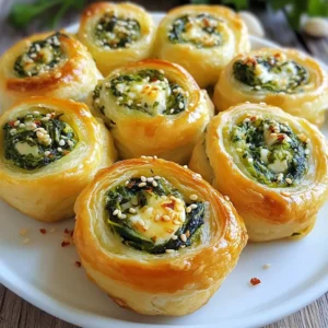 Let&rsquo;s get into the fun part: the ingredients! Each one plays a vital role. Gather these items for your Spinach Parmesan Puff Pastry Pinwheels: - 1 sheet of puff pastry, thawed - 1 cup fresh spinach, finely chopped - 1/2 cup grated Parmesan cheese - 1/4 cup ricotta cheese - 1/4 teaspoon garlic powder - 1/4 teaspoon red pepper flakes (optional for a spicy kick) - 1 egg, beaten (for egg wash) - Salt and black pepper to taste - Sesame seeds or poppy seeds for garnishing (optional) These ingredients work together to create a tasty treat. The puff pastry gives a flaky and buttery base. Fresh spinach adds a pop of color and nutrients. The Parmesan and ricotta cheese provide creaminess and depth of flavor. Garlic powder and red pepper flakes bring that extra zing. You can easily customize this recipe. If you want a spicy bite, add red pepper flakes. For a lovely finish, sprinkle sesame or poppy seeds on top. Feel free to play around with the ingredients. Enjoy the process of making these delightful pinwheels! {{ingredient_image_2}} Start by preheating your oven to 400&deg;F (200&deg;C). This helps the pinwheels cook evenly. Next, line your baking sheet with parchment paper. This step keeps the pinwheels from sticking to the pan. It also makes clean-up easier. In a medium bowl, combine the spinach, Parmesan, and ricotta cheese. Add the garlic powder and red pepper flakes if you like some heat. Season with salt and black pepper to taste. Mix everything well. This filling will be rich and tasty. Make sure there are no clumps. Lightly dust a clean surface with flour. Roll out the puff pastry until it's smooth. You want it slightly larger than its original size. Spread the spinach mixture evenly over the pastry. Leave about a 1-inch border around the edges. Now, start rolling the pastry from one edge. Be careful to keep the filling inside. Once you have a tight log, use a sharp knife to slice it into 1-inch thick pinwheels. Place each pinwheel cut side up on the baking sheet. Leave some space between them for expansion. Brush the tops of the pinwheels with the beaten egg. This gives them a lovely golden color. If you want, sprinkle sesame or poppy seeds on top for extra crunch. Bake in the oven for 20-25 minutes. Look for a puffed and golden appearance. Once done, take them out and let them cool slightly. They are best enjoyed warm. To make great pinwheels, start with cold puff pastry. Thaw it in the fridge, not at room temperature. This keeps the layers firm. Roll the pastry on a floured surface to avoid sticking. Aim for an even thickness. When spreading the filling, leave a 1-inch border. This helps seal the edges. Roll the pastry tightly to keep the filling in place. Slice the pinwheels with a sharp knife for clean edges. For the best flavor, use fresh spinach. It adds a vibrant taste. Grated Parmesan gives a rich, nutty flavor. Mixing in ricotta makes the filling creamy. Add garlic powder for depth. If you like spice, sprinkle in red pepper flakes. Season with salt and black pepper to enhance the taste. Always taste the filling before sealing. Adjust the seasonings to your liking. Presentation matters! Arrange the pinwheels neatly on a platter. Garnish with fresh spinach or parsley for color. For a fun touch, serve with marinara sauce or yogurt dip. These add flavor and excitement to your dish. Sprinkle sesame or poppy seeds on top for texture. A little extra effort makes your dish stand out. Pro Tips Keep Your Pastry Cold: Ensure that your puff pastry remains cold throughout the preparation process to achieve maximum flakiness when baked. Experiment with Fillings: Feel free to add other ingredients like sun-dried tomatoes or feta cheese to enhance the flavor profile of your pinwheels. Slice with Precision: Use a sharp knife to slice the pinwheels evenly to ensure they bake uniformly and look appealing. Serve Fresh: These pinwheels are best enjoyed fresh out of the oven. If making ahead, reheat in the oven for a few minutes to restore their crispiness. {{image_4}} You can easily add protein to your pinwheels. Cooked chicken or ham works great. Simply chop the meat into small pieces and mix it with the spinach and cheese. This adds flavor and makes the pinwheels heartier. For a vegan version, swap out the cheese with a nut-based option. You can use cashew cheese or tofu. Also, replace the egg wash with a light brush of almond milk. This keeps the golden color without using animal products. Feel free to play with the seasonings. Add herbs like oregano or basil for extra flavor. If you love heat, increase the red pepper flakes. You can also try adding lemon zest for a fresh twist. Adjusting seasonings makes each batch unique! To keep your Spinach Parmesan Puff Pastry Pinwheels fresh, store them in the fridge. Place the pinwheels in an airtight container. They last about 2-3 days. If you want to keep them crisp, try not to stack them too much. This helps avoid sogginess. For longer storage, you can freeze the pinwheels. First, let the baked pinwheels cool completely. Then, arrange them on a baking sheet in a single layer. Freeze them for about 1-2 hours. Once firm, transfer them to a freezer-safe bag or container. They can last up to a month in the freezer. When you're ready to eat, just bake them straight from frozen. Reheating the pinwheels is simple. Preheat your oven to 350&deg;F (175&deg;C). Place the pinwheels on a baking sheet. Heat them for about 10-15 minutes, or until warm. This way, they stay crispy and delicious. You can also use a microwave, but this may make the pastry less crisp. If you do use the microwave, heat them for about 30 seconds to 1 minute. Yes, you can use frozen spinach. Just thaw it first. Squeeze out as much water as you can. This keeps your pinwheels from getting soggy. Frozen spinach often has a stronger taste, which can work well in this recipe. To keep the puff pastry crispy, avoid too much moisture. Use fresh ingredients and well-drained spinach. Make sure to bake the pinwheels right after you assemble them. If you let them sit too long, they may lose their crunch. Several dips work well with these pinwheels. Marinara sauce is classic and tasty. A yogurt dip adds a cool touch. You can also try a garlic aioli for extra flavor. Each dip can enhance your eating experience! To make tasty puff pastry pinwheels, gather fresh ingredients like spinach and cheese. Follow easy steps to mix, roll, and bake them perfectly. Remember to use tips for a great flavor and nice look. You can switch up ingredients for fun variations. Store leftovers wisely for later enjoyment. Keep experimenting to find your favorite spin on this recipe. Enjoy every bite and share your tasty creations with others!