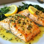 - 4 salmon fillets (approximately 6 oz each) - 4 tablespoons unsalted butter - 4 cloves garlic, finely minced - 1 tablespoon fresh parsley, finely chopped - 1 tablespoon fresh dill, finely chopped - 1 tablespoon fresh thyme, finely chopped - Juice of 1 fresh lemon - Salt and freshly ground black pepper to taste - Lemon slices - Additional chopped herbs Gather these simple ingredients to create a tasty dish. Fresh salmon fillets are key to a juicy meal. The unsalted butter gives a rich flavor. Garlic adds a punch that no one can resist. Fresh herbs like parsley, dill, and thyme brighten the dish. Lemon juice cuts through the richness and adds zest. Don’t forget salt and pepper to enhance all the flavors. For a beautiful touch, add lemon slices and more herbs as garnishes. These not only look great but also add more taste. With these ingredients, you’re ready to make a delicious garlic butter herb salmon that everyone will love. {{ingredient_image_2}} - Preheat the oven to 375°F (190°C). This step ensures even cooking. - Gather all your ingredients. Measure out the salmon, butter, garlic, and herbs. - In a small saucepan, melt 4 tablespoons of unsalted butter over medium heat. Watch closely as it melts. - Once melted, add 4 cloves of finely minced garlic. Sauté for about 1 minute until fragrant. Don’t let the garlic brown, or it will taste bitter. - After the garlic is done, stir in 1 tablespoon each of finely chopped parsley, dill, and thyme. Add the juice of 1 fresh lemon. Mix well and then remove from heat. - Take a baking sheet and line it with parchment paper. This keeps the fish from sticking. - Place 4 salmon fillets on the sheet, leaving space between them. Season each fillet with salt and freshly ground black pepper to taste. - Spoon the garlic butter mixture evenly over each salmon fillet. Make sure every piece gets a good coating. - Place the baking sheet in your preheated oven. Bake the salmon for 15 to 20 minutes. - The salmon is done when it flakes easily with a fork. Check for an internal temperature of 145°F (63°C). - After baking, let the salmon rest for a few minutes. This helps keep it juicy. Garnish with lemon slices and more herbs if you like. To make the best garlic butter, focus on sautéing the garlic just right. Heat your butter over medium heat. Add minced garlic and cook for about one minute. You want the garlic to smell strong but not brown. Browning makes it taste bitter, and we don’t want that. Next, balance the herbs and lemon juice. Add parsley, dill, and thyme to the butter after the garlic is fragrant. The fresh herbs add bright flavors that brighten the dish. Mix in the lemon juice for a nice zing. This adds freshness and rounds out the flavors perfectly. To check if your salmon is done, poke it gently with a fork. If it flakes easily, it’s ready. You want the inside to be a light pink. Use a thermometer if you have one. The internal temperature should be 145°F (63°C). After baking, let the salmon rest for a few minutes. This helps the juices settle back into the fish. If you cut it right away, the juices will run out, and it may dry out. For serving, place the garlic butter herb salmon on a bed of sautéed spinach. Bright green spinach looks great next to the golden salmon. You can also serve it with roasted vegetables for color and taste. To make the dish even prettier, drizzle any leftover pan juices on top. Add lemon slices and more chopped herbs for a fresh look. Your dish will not only taste amazing but also look stunning on the plate. Pro Tips Fresh Herbs Matter: Use fresh herbs instead of dried ones for a vibrant flavor boost and an aromatic experience. Watch the Garlic: Sauté the garlic just until fragrant to avoid bitterness; garlic can burn quickly if not monitored. Perfectly Cooked Salmon: Check for doneness by ensuring the salmon flakes easily with a fork and reaches an internal temperature of 145°F (63°C). Resting is Key: Let the salmon rest for a few minutes after baking to allow the juices to redistribute, ensuring moist and flavorful fish. {{image_4}} You can switch up the fish in this recipe. Salmon is great, but trout and tilapia work well too. They absorb flavors nicely and cook quickly. If you want to try other herbs, consider basil or oregano. These herbs can add a new twist to the dish. Grilling salmon gives it a smoky flavor. To grill, preheat your grill to medium heat. Place the salmon skin-side down on the grill. Cook for about 6 to 8 minutes. Flip the fish carefully and grill for another 4 to 6 minutes. The salmon is ready when it flakes easily. Baking is simple too. It keeps the fish moist. Preheat your oven to 375°F (190°C). Place the seasoned salmon on a baking sheet. Bake for 15 to 20 minutes. Just watch for that fork-flaking action! For a crispy edge, try pan-searing. Heat a skillet over medium-high heat. Add some oil and let it shimmer. Place the salmon skin-side down in the pan. Cook for about 4 to 5 minutes. Flip and cook for another 3 to 4 minutes. You’ll love the golden crust! To complement the flavors of garlic butter herb salmon, pair it with sautéed spinach. The greens add a fresh taste. Roasted vegetables like carrots and asparagus also work well. They bring color and nutrients to your plate. For grains, try quinoa or brown rice. They balance the meal and soak up the sauce. A light salad with lemon vinaigrette can brighten the meal, too. Combining these sides makes for a colorful and tasty dinner! To keep your garlic butter herb salmon fresh, cool it down first. Place the salmon in shallow containers. This helps it cool faster. Cover with a lid or plastic wrap. Store it in the fridge for up to three days. If you want to keep it longer, freeze it. Wrap each fillet in plastic wrap and then foil. This way, it can last for up to three months. When it's time to enjoy your leftovers, reheating is key. Preheat your oven to 350°F (175°C). Place the salmon on a baking sheet. Cover it loosely with foil. This helps keep it moist. Heat for about 10 to 15 minutes. Check it often to avoid overcooking. You want it warm but not dry. Another option is to use the microwave. Place the salmon on a microwave-safe plate. Heat in short bursts, about 30 seconds at a time. This keeps the flavor and texture nice. Enjoy your meal! To check if salmon is done, look for a few signs: - The flesh will turn from a bright pink to a light pink. - It should flake easily with a fork. - The internal temperature should reach 145°F (63°C). Always use a food thermometer for the best results. If you don’t have one, poke the salmon with a fork. If it breaks apart easily, it is ready! Yes, you can use frozen salmon. Here are some tips for thawing: - Thaw salmon in the fridge overnight for the best texture. - If you’re short on time, place it in a sealed bag and submerge it in cold water for about an hour. - Make sure to pat it dry before cooking to help it sear nicely. Garlic butter herb salmon pairs well with many sides. Here are some ideas: - Steamed broccoli or green beans for a fresh crunch. - Garlic mashed potatoes for a classic comfort. - A simple salad with mixed greens and a light vinaigrette. - Quinoa or rice for a hearty grain option. Yes, you can prep some parts ahead of time. Here’s how: - You can make the garlic butter mixture a day before. Just store it in the fridge. - Season the salmon fillets and keep them in the fridge until ready to bake. - For reheating, place it back in the oven at 350°F (175°C) for about 10 minutes. This keeps it moist and tasty. This blog post taught you how to make garlic butter herb salmon. You learned about the key ingredients and step-by-step instructions for great results. I shared tips for perfect flavor and cooking, plus options for variations. You also found advice on storing leftovers and reheating. By using these methods, you will create a delicious meal that impresses. Don’t hesitate to try new ingredients or cooking methods. Enjoy your cooking adventure!