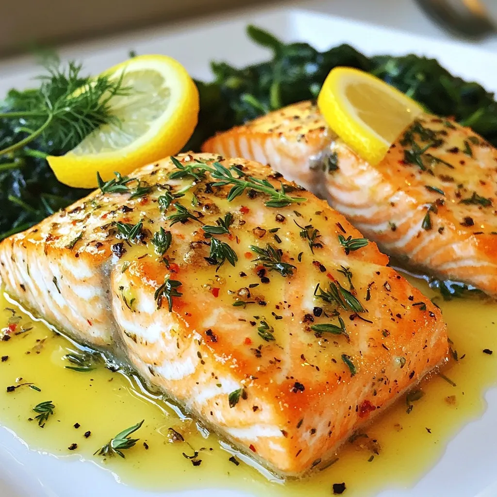 - 4 salmon fillets (approximately 6 oz each) - 4 tablespoons unsalted butter - 4 cloves garlic, finely minced - 1 tablespoon fresh parsley, finely chopped - 1 tablespoon fresh dill, finely chopped - 1 tablespoon fresh thyme, finely chopped - Juice of 1 fresh lemon - Salt and freshly ground black pepper to taste - Lemon slices - Additional chopped herbs Gather these simple ingredients to create a tasty dish. Fresh salmon fillets are key to a juicy meal. The unsalted butter gives a rich flavor. Garlic adds a punch that no one can resist. Fresh herbs like parsley, dill, and thyme brighten the dish. Lemon juice cuts through the richness and adds zest. Don’t forget salt and pepper to enhance all the flavors. For a beautiful touch, add lemon slices and more herbs as garnishes. These not only look great but also add more taste. With these ingredients, you’re ready to make a delicious garlic butter herb salmon that everyone will love. {{ingredient_image_2}} - Preheat the oven to 375°F (190°C). This step ensures even cooking. - Gather all your ingredients. Measure out the salmon, butter, garlic, and herbs. - In a small saucepan, melt 4 tablespoons of unsalted butter over medium heat. Watch closely as it melts. - Once melted, add 4 cloves of finely minced garlic. Sauté for about 1 minute until fragrant. Don’t let the garlic brown, or it will taste bitter. - After the garlic is done, stir in 1 tablespoon each of finely chopped parsley, dill, and thyme. Add the juice of 1 fresh lemon. Mix well and then remove from heat. - Take a baking sheet and line it with parchment paper. This keeps the fish from sticking. - Place 4 salmon fillets on the sheet, leaving space between them. Season each fillet with salt and freshly ground black pepper to taste. - Spoon the garlic butter mixture evenly over each salmon fillet. Make sure every piece gets a good coating. - Place the baking sheet in your preheated oven. Bake the salmon for 15 to 20 minutes. - The salmon is done when it flakes easily with a fork. Check for an internal temperature of 145°F (63°C). - After baking, let the salmon rest for a few minutes. This helps keep it juicy. Garnish with lemon slices and more herbs if you like. To make the best garlic butter, focus on sautéing the garlic just right. Heat your butter over medium heat. Add minced garlic and cook for about one minute. You want the garlic to smell strong but not brown. Browning makes it taste bitter, and we don’t want that. Next, balance the herbs and lemon juice. Add parsley, dill, and thyme to the butter after the garlic is fragrant. The fresh herbs add bright flavors that brighten the dish. Mix in the lemon juice for a nice zing. This adds freshness and rounds out the flavors perfectly. To check if your salmon is done, poke it gently with a fork. If it flakes easily, it’s ready. You want the inside to be a light pink. Use a thermometer if you have one. The internal temperature should be 145°F (63°C). After baking, let the salmon rest for a few minutes. This helps the juices settle back into the fish. If you cut it right away, the juices will run out, and it may dry out. For serving, place the garlic butter herb salmon on a bed of sautéed spinach. Bright green spinach looks great next to the golden salmon. You can also serve it with roasted vegetables for color and taste. To make the dish even prettier, drizzle any leftover pan juices on top. Add lemon slices and more chopped herbs for a fresh look. Your dish will not only taste amazing but also look stunning on the plate. Pro Tips Fresh Herbs Matter: Use fresh herbs instead of dried ones for a vibrant flavor boost and an aromatic experience. Watch the Garlic: Sauté the garlic just until fragrant to avoid bitterness; garlic can burn quickly if not monitored. Perfectly Cooked Salmon: Check for doneness by ensuring the salmon flakes easily with a fork and reaches an internal temperature of 145°F (63°C). Resting is Key: Let the salmon rest for a few minutes after baking to allow the juices to redistribute, ensuring moist and flavorful fish. {{image_4}} You can switch up the fish in this recipe. Salmon is great, but trout and tilapia work well too. They absorb flavors nicely and cook quickly. If you want to try other herbs, consider basil or oregano. These herbs can add a new twist to the dish. Grilling salmon gives it a smoky flavor. To grill, preheat your grill to medium heat. Place the salmon skin-side down on the grill. Cook for about 6 to 8 minutes. Flip the fish carefully and grill for another 4 to 6 minutes. The salmon is ready when it flakes easily. Baking is simple too. It keeps the fish moist. Preheat your oven to 375°F (190°C). Place the seasoned salmon on a baking sheet. Bake for 15 to 20 minutes. Just watch for that fork-flaking action! For a crispy edge, try pan-searing. Heat a skillet over medium-high heat. Add some oil and let it shimmer. Place the salmon skin-side down in the pan. Cook for about 4 to 5 minutes. Flip and cook for another 3 to 4 minutes. You’ll love the golden crust! To complement the flavors of garlic butter herb salmon, pair it with sautéed spinach. The greens add a fresh taste. Roasted vegetables like carrots and asparagus also work well. They bring color and nutrients to your plate. For grains, try quinoa or brown rice. They balance the meal and soak up the sauce. A light salad with lemon vinaigrette can brighten the meal, too. Combining these sides makes for a colorful and tasty dinner! To keep your garlic butter herb salmon fresh, cool it down first. Place the salmon in shallow containers. This helps it cool faster. Cover with a lid or plastic wrap. Store it in the fridge for up to three days. If you want to keep it longer, freeze it. Wrap each fillet in plastic wrap and then foil. This way, it can last for up to three months. When it's time to enjoy your leftovers, reheating is key. Preheat your oven to 350°F (175°C). Place the salmon on a baking sheet. Cover it loosely with foil. This helps keep it moist. Heat for about 10 to 15 minutes. Check it often to avoid overcooking. You want it warm but not dry. Another option is to use the microwave. Place the salmon on a microwave-safe plate. Heat in short bursts, about 30 seconds at a time. This keeps the flavor and texture nice. Enjoy your meal! To check if salmon is done, look for a few signs: - The flesh will turn from a bright pink to a light pink. - It should flake easily with a fork. - The internal temperature should reach 145°F (63°C). Always use a food thermometer for the best results. If you don’t have one, poke the salmon with a fork. If it breaks apart easily, it is ready! Yes, you can use frozen salmon. Here are some tips for thawing: - Thaw salmon in the fridge overnight for the best texture. - If you’re short on time, place it in a sealed bag and submerge it in cold water for about an hour. - Make sure to pat it dry before cooking to help it sear nicely. Garlic butter herb salmon pairs well with many sides. Here are some ideas: - Steamed broccoli or green beans for a fresh crunch. - Garlic mashed potatoes for a classic comfort. - A simple salad with mixed greens and a light vinaigrette. - Quinoa or rice for a hearty grain option. Yes, you can prep some parts ahead of time. Here’s how: - You can make the garlic butter mixture a day before. Just store it in the fridge. - Season the salmon fillets and keep them in the fridge until ready to bake. - For reheating, place it back in the oven at 350°F (175°C) for about 10 minutes. This keeps it moist and tasty. This blog post taught you how to make garlic butter herb salmon. You learned about the key ingredients and step-by-step instructions for great results. I shared tips for perfect flavor and cooking, plus options for variations. You also found advice on storing leftovers and reheating. By using these methods, you will create a delicious meal that impresses. Don’t hesitate to try new ingredients or cooking methods. Enjoy your cooking adventure!