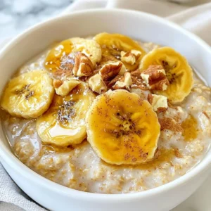 - 1 cup rolled oats - 2 cups almond milk (or your preferred milk alternative) - 2 ripe bananas, sliced into rounds - 2 tablespoons brown sugar (or coconut sugar for a healthier alternative) - 1 tablespoon unsalted butter (or coconut oil for a vegan option) - 1 teaspoon ground cinnamon - A pinch of salt - Chopped walnuts or pecans for garnish (optional) - Honey or maple syrup for drizzling (optional) To get the best results, measure your ingredients carefully. Use a dry measuring cup for oats. For liquid ingredients, use a liquid measuring cup. This ensures your oatmeal turns out creamy, not dry. Use a kitchen scale for precise measurements, especially for sugar and butter. This makes a big difference in flavor and texture. You can easily swap ingredients based on your needs. If you want a vegan dish, use coconut oil instead of butter. Almond milk works well, but you can use soy or oat milk too. For a lower sugar option, try coconut sugar or even skip it. You can also add nut butter instead of walnuts or pecans for a nut-free choice. {{ingredient_image_2}} Start by taking a medium saucepan. In it, mix 1 cup of rolled oats, 2 cups of almond milk, and a pinch of salt. Place the saucepan over medium heat. Stir the mixture often as it heats up. Once it starts to boil, lower the heat to low. Let it simmer for about 5 minutes. Keep stirring occasionally until the oats are creamy and tender. You want them just right, not too thick or runny. While the oats cook, grab a skillet and heat it over medium heat. Add 1 tablespoon of unsalted butter or coconut oil. Allow it to melt fully. Then, take 2 ripe bananas and slice them into rounds. Carefully add the banana slices to the hot skillet. Evenly sprinkle 2 tablespoons of brown sugar over the bananas. Cook them for about 3-4 minutes. Be gentle and flip the bananas halfway through. You want them golden brown and caramelized. When your oatmeal is ready, stir in 1 teaspoon of ground cinnamon. This adds a warm flavor. Now, ladle the oatmeal into bowls. Top each bowl with the caramelized bananas you just made. For extra sweetness, you can drizzle honey or maple syrup on top. If you like, sprinkle some chopped walnuts or pecans for a nice crunch. Enjoy this warm and tasty breakfast treat! To make creamy oatmeal, use rolled oats. They absorb milk well and cook nicely. Start with a 1:2 ratio of oats to almond milk. Bring them to a gentle boil, then lower the heat. Stir often for a smooth texture. If you want it creamier, add more milk as it cooks. If you have leftover oatmeal, let it cool first. Then, place it in an airtight container. Store it in the fridge for up to three days. When you reheat, add a splash of almond milk. This helps restore its creamy texture. Spices can add depth to your oatmeal. Try adding a pinch of nutmeg or cardamom. Cinnamon works well to boost the flavor, too. For toppings, consider chopped walnuts or pecans for crunch. Drizzle honey or maple syrup for extra sweetness. Fresh fruits like berries can also brighten your dish! Pro Tips Use Ripe Bananas: The riper the bananas, the sweeter and more flavorful your caramelized topping will be. Look for bananas with brown spots for the best results. Customize Your Milk: Feel free to experiment with different milk alternatives like oat milk or soy milk for unique flavors. Each type will add its own twist to the oatmeal. Add a Pinch of Nutmeg: For an extra layer of warmth and flavor, consider adding a pinch of nutmeg along with the cinnamon to your oatmeal. Make it a Meal: To turn this delightful dish into a more substantial meal, add a scoop of protein powder or a dollop of Greek yogurt to your oatmeal. {{image_4}} You can easily make caramelized banana oatmeal vegan and gluten-free. For the milk, choose almond milk or any other plant-based milk. Instead of butter, use coconut oil to caramelize the bananas. This keeps the dish dairy-free. For gluten-free oats, look for certified gluten-free rolled oats. These small swaps keep the dish tasty while meeting dietary needs. You can add many flavors to your oatmeal. If you love nuts, stir in chopped walnuts or pecans. They add a nice crunch. Want a fruity twist? Toss in berries, apples, or even mango. Each fruit brings its own sweetness and taste. For a spicier kick, try adding a pinch of nutmeg or extra cinnamon. Experimenting with flavors makes every bowl unique. Toppings can change your oatmeal game. Drizzle honey or maple syrup for extra sweetness. A dollop of almond butter or peanut butter adds creaminess and protein. You can also sprinkle seeds, like chia or flaxseeds, for a health boost. For a chocolatey touch, add dark chocolate chips. These toppings can make your breakfast even more fun and delicious! After making caramelized banana oatmeal, you might have some leftovers. Let the oatmeal cool down to room temperature. Then, place it in an airtight container. This keeps it fresh and safe to eat later. Store the container in the fridge for best results. When you want to enjoy your leftover oatmeal, heat it up on the stove or in the microwave. For the stove, add a splash of milk or water to keep it creamy. Stir it often until it warms up. In the microwave, heat it in 30-second bursts. Stir in between to avoid hot spots. You can keep your oatmeal in the fridge for about 3 days. If you want to keep it longer, try freezing it. Place the cooled oatmeal in a freezer-safe container. It can last up to 3 months in the freezer. When you're ready to eat it, just thaw it overnight in the fridge before reheating. Yes, you can use instant oats. They cook faster than rolled oats. However, the texture may differ. Instant oats will be creamier and softer. If you like a chewy bite, stick with rolled oats. To make this dish without sugar, use ripe bananas. They provide natural sweetness. You can also add maple syrup or honey as a topping. For extra flavor, sprinkle cinnamon on top. Oatmeal is packed with fiber. It helps keep you full longer. It also supports heart health and lowers cholesterol. Oatmeal is rich in vitamins and minerals, too. Eating oatmeal regularly can aid digestion and boost energy. In this post, we explored oatmeal’s key ingredients and preparation steps. I shared tips to make your oatmeal creamy and delicious. We also discussed tasty variations for different diets and flavor preferences. Remember, oatmeal is flexible, and you can easily adjust toppings or flavors. Lastly, storing and reheating oatmeal can help cut waste. Enjoy experimenting with this simple dish to make it your own! Oatmeal can bring comfort and joy to your meals.
