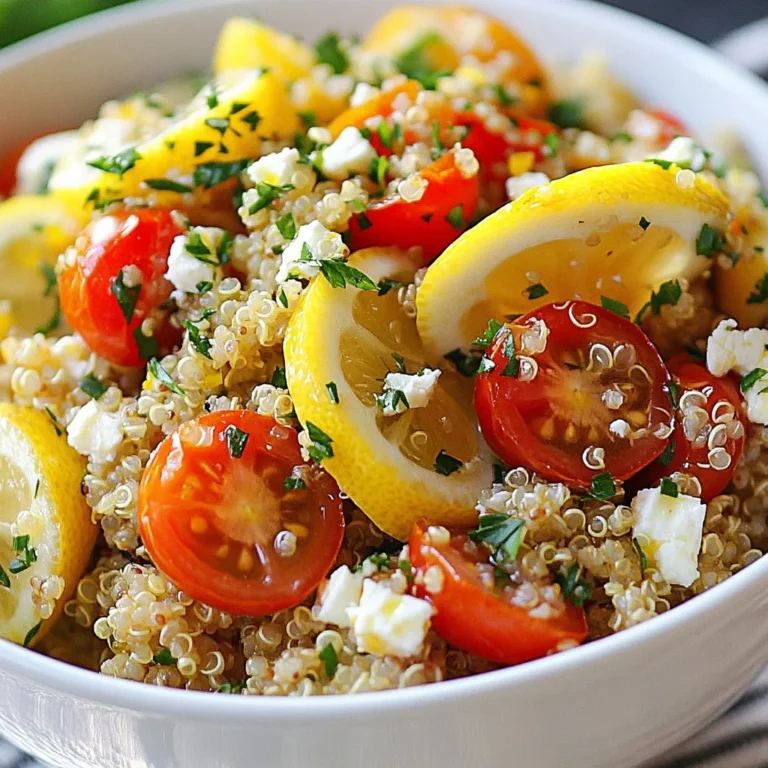- 1 cup quinoa, rinsed - 2 cups vegetable broth or water - 1 tablespoon extra virgin olive oil - 1 small onion, finely chopped - 2 cloves garlic, minced - Zest of 1 lemon - Juice of 1 lemon - 1 teaspoon dried oregano - 1 teaspoon dried thyme - Salt and pepper to taste - 1/4 cup fresh parsley, finely chopped - 1/4 cup cherry tomatoes, halved - 1/4 cup feta cheese, crumbled (optional) Each ingredient plays a key role in making lemon herb quinoa bright and delicious. Quinoa is the star here. It is a grain packed with protein and fiber. Rinsing quinoa removes its natural coating called saponin, which can taste bitter. Vegetable broth or water adds moisture and flavor. I prefer broth for a richer taste. Extra virgin olive oil ensures a smooth texture. The chopped onion and minced garlic give warmth and depth. Lemon zest and juice are essential. They add a fresh, bright flavor. Dried oregano and thyme bring a lovely earthiness. Salt and pepper are crucial for balancing flavors. Fresh parsley adds color and freshness. Cherry tomatoes give a pop of sweetness and a fun look. Feta cheese is optional but brings creaminess and saltiness. Gather these ingredients to make a vibrant dish that everyone will love. {{ingredient_image_2}} 1. Rinse and measure 1 cup of quinoa. This step removes any bitterness. 2. Chop 1 small onion finely. This adds a sweet taste to the dish. 3. Mince 2 cloves of garlic. This gives the quinoa a great flavor. 4. Zest 1 lemon to add brightness. Then, juice the same lemon for acidity. 1. In a medium-sized pot, heat 1 tablespoon of olive oil over medium heat. 2. Add the chopped onion and sauté for 3-4 minutes. Stir until the onion is soft. 3. Next, mix in the minced garlic for 1 minute. Watch it closely so it does not burn. 4. Add the rinsed quinoa, lemon zest, 1 teaspoon of oregano, and 1 teaspoon of thyme. Sauté for 1-2 minutes to toast the quinoa. 5. Pour in 2 cups of vegetable broth and bring it to a boil. 6. Once boiling, lower the heat, cover the pot, and let it simmer for 15 minutes. 7. After simmering, let the pot sit for 5 more minutes. This step steams the quinoa. 1. Fluff the quinoa with a fork. This makes it light and fluffy. 2. Mix in 1/4 cup of fresh parsley, lemon juice, salt, and pepper to taste. 3. Transfer the quinoa to a serving dish. Garnish with 1/4 cup of halved cherry tomatoes and, if you like, sprinkle 1/4 cup of crumbled feta cheese on top. - Toasting quinoa: Start by rinsing the quinoa in a fine mesh strainer. This removes bitterness. Heat olive oil in a pan, then add the rinsed quinoa. Cook it for 1-2 minutes. It will smell nutty, which means it's ready. - Balancing acidity with lemon juice: Lemon juice adds a bright taste. Start with a small amount. Taste as you go. If it feels too sharp, add more quinoa or broth to balance the flavor. - Adjusting seasoning to taste: Salt and pepper enhance the dish. After adding parsley and lemon juice, take a moment to taste. Add more seasoning as needed. - Creative garnishes to add color: Use halved cherry tomatoes for a pop of red. Fresh parsley adds green freshness. Crumbled feta provides a creamy touch. These colors make the dish inviting. - Serving suggestions for hosting: Serve the quinoa in a large bowl. This makes it easy for guests to help themselves. Pair it with grilled chicken or fish. It works well as a side or main dish. - Recommended pots and pans: Use a medium-sized saucepan for cooking quinoa. A non-stick pan helps prevent sticking. Choose one with a lid to keep steam in. - Best utensils for mixing and serving: A fork is great for fluffing quinoa. Use a wooden spoon for mixing in herbs and lemon juice. Tongs can help serve the dish neatly. Pro Tips Rinse the Quinoa: Always rinse quinoa under cold water before cooking to remove its natural coating, called saponin, which can impart a bitter taste. Toast the Quinoa: Sautéing the quinoa for a few minutes before adding the liquid enhances its nutty flavor and adds depth to the overall dish. Let it Steam: After cooking, let the quinoa sit covered for a few extra minutes to allow it to steam. This step ensures a fluffy texture. Customize Your Herbs: Feel free to experiment with different fresh herbs like basil or cilantro to give the dish a unique flavor profile tailored to your taste. {{image_4}} You can switch up the herbs in this dish. Try using fresh basil or cilantro. Each herb gives a unique taste. You can also swap quinoa for couscous or farro. Couscous cooks quickly, and farro has a chewy texture. Both options work well with lemon and herbs. To make this meal heartier, add protein. You can use black beans, chickpeas, or grilled chicken. Beans and chickpeas are great for a vegetarian meal. Chicken adds a nice taste and texture. These additions make it a full meal, perfect for lunch or dinner. For a vegetarian or vegan dish, ensure no animal products are used. Skip the feta cheese or use a dairy-free alternative. Look for vegan cheese made from nuts or soy. This way, you can enjoy a tasty meal that fits your diet. To keep leftover quinoa fresh, cool it quickly. Place it in a shallow dish. Cover it tightly with a lid or plastic wrap. Store it in the fridge for up to 3 days. Use airtight containers. Glass jars or plastic containers work well. These will keep your quinoa moist and tasty. Freezing quinoa is easy and smart. First, let it cool completely. Then, portion it into freezer-safe bags. Remove as much air as possible to avoid freezer burn. Label the bags with the date. You can freeze quinoa for up to 3 months. When you’re ready to eat, take out a bag and place it in the fridge overnight. For best results, thaw quinoa slowly. Take it out of the freezer and place it in the fridge. If you're in a hurry, use the microwave. Heat it on low in 30-second bursts. Add a splash of water to keep it moist. This helps maintain the fluffy texture you love. What is quinoa, and why is it healthy? Quinoa is a tiny seed that cooks like a grain. It is rich in protein and fiber. Quinoa has all nine essential amino acids. This makes it a complete protein. It also offers vitamins and minerals. Eating quinoa can help boost energy and improve digestion. Can I make this recipe ahead of time? Yes, you can make lemon herb quinoa ahead of time. Cook it, cool it, and store it. Place it in a container in the fridge. It will stay fresh for up to five days. Reheat it on the stove or in the microwave. Add a splash of lemon juice for flavor. How do I know if quinoa is cooked properly? Quinoa is ready when it’s soft and fluffy. You will see little white tails coming out. This is the germ of the seed, and it's a good sign. If it looks too hard or crunchy, give it more time. What to do if the quinoa is mushy? If your quinoa is mushy, it may have too much water. Next time, reduce the cooking time or water amount. If it’s already cooked, try draining the excess water. Spread it on a baking sheet to cool and dry out a bit. Is this recipe gluten-free? Yes, lemon herb quinoa is gluten-free. Quinoa is naturally free from gluten. It is a great option for people with gluten intolerance. Enjoy it as a side dish or main meal. How to adapt for low-carb or keto diets? To make it low-carb, reduce the quinoa amount. You can add more vegetables instead. Consider using cauliflower rice or zucchini noodles. This keeps the dish tasty while lowering carbs. This blog post covered a simple, tasty quinoa recipe and its key ingredients. You learned how to prepare, cook, and enhance quinoa while adding flavors you enjoy. Remember, you can easily swap in different ingredients or add proteins to fit your needs. Don't forget to store any leftovers properly for later meals. Quinoa is not only healthy but also versatile, making it perfect for any meal. Now, grab your ingredients and get cooking!