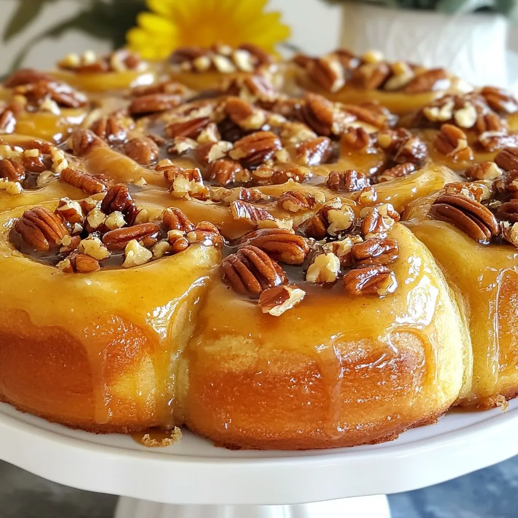 To make delicious maple pecan sticky buns, gather these simple ingredients: - 3 cups all-purpose flour - 1/4 cup granulated sugar - 1 packet active dry yeast (2 1/4 teaspoons) - 1 teaspoon salt - 1/2 cup warmed milk (about 110°F/43°C) - 1/4 cup melted unsalted butter - 2 large eggs - 1 teaspoon vanilla extract - 1/2 teaspoon ground cinnamon - 1 cup chopped pecans - 1/2 cup maple syrup - 1/4 cup softened unsalted butter (for topping) These ingredients come together to create soft, sweet, and sticky buns. The flour provides the structure. Yeast makes them rise and adds a light texture. Butter adds richness, while sugar and maple syrup give that sweet, sticky goodness. Pecans bring a delightful crunch and nutty flavor. When you choose your ingredients, opt for high-quality flour and fresh pecans. This choice elevates the taste. Using warm milk helps activate the yeast, making the dough rise perfectly. The combination of vanilla and cinnamon adds warmth and depth to the flavor. Now that you have your ingredients ready, you're one step closer to creating these mouthwatering treats! {{ingredient_image_2}} - Start by mixing the warmed milk, sugar, and yeast in a large bowl. - Let it sit for 5-10 minutes until it gets frothy. This means the yeast is alive. - Add the melted butter, eggs, vanilla, salt, cinnamon, and 1 cup of flour. Stir until smooth. - Gradually add the rest of the flour, mixing after each cup. - Once the dough forms, turn it out onto a floured surface. Knead for 5-7 minutes until smooth. - Grease a large bowl with oil or cooking spray. - Place the dough in the bowl and cover it with a towel. - Set it in a warm area to rise for about 1 hour, or until it doubles in size. - While the dough rises, mix the softened butter, brown sugar, and maple syrup in a small bowl. - Stir until well blended. Then fold in the chopped pecans. - When the dough has risen, punch it down gently to release the air. - Roll it out into a rectangle of about 12x18 inches. - Spread the pecan mixture evenly over the dough. - Starting from one long side, roll the dough tightly into a log. Pinch the seam to seal it. - Cut the log into 12 equal slices. - Arrange the slices in a greased baking dish with space between them. - Cover with a towel and let them rise for another 30 minutes until puffy. - Preheat your oven to 350°F (175°C). - Bake the sticky buns for 25-30 minutes until golden brown on top. - Let them cool for a few minutes before inverting the dish onto a plate. - Over-kneading the dough: Knead just until smooth. Too much kneading makes it tough. - Not letting the dough rise enough: Always let the dough double in size. This helps it become light and fluffy. - Using fresh ingredients: Fresh flour, eggs, and milk make a big difference. They boost taste and texture. - Adding spices or flavorings: Try adding nutmeg or more cinnamon. These spices can add warmth and depth. - Pairing with coffee or tea: The sweet flavors pair well with a rich coffee or herbal tea. Enjoy them together for a treat. - Presentation tips for serving: Use a decorative cake stand. Drizzle extra maple syrup on top. Add whole pecans for a nice touch. Pro Tips Activate Your Yeast: Ensure your milk is at the right temperature (about 110°F or 43°C) to activate the yeast effectively. If it's too hot, it can kill the yeast; too cold, and it won't activate. Kneading Technique: Knead the dough until it's smooth and elastic. This step is crucial for developing gluten, which gives your sticky buns the perfect texture. Perfect Rising Environment: Place the dough in a warm, draft-free area to rise. You can create a warm environment by turning your oven on for a minute, then turning it off and placing the dough inside. Storing Leftovers: If you have any sticky buns left, store them in an airtight container at room temperature for up to two days, or refrigerate them for longer freshness. {{image_4}} You can swap out pecans for walnuts or almonds. Both add a nice crunch. Walnuts give a rich flavor, while almonds add a light touch. If you want a nut-free version, try using seeds like sunflower or pumpkin. They offer a great texture without the nuts. Want to change the flavor? You can add chocolate chips for a sweet twist. Dried fruits like cranberries or raisins also work well. They add chewiness and flavor. For a fun spin on cinnamon rolls, try mixing in some cocoa powder or extra spices. This can give your buns a unique taste. To make these sticky buns a bit healthier, consider using whole wheat flour. It adds fiber and nutrients. You can also reduce the sugar content. Try cutting the sugar in the dough by half. You can still enjoy the sweetness of maple syrup on top. These small changes keep the treat tasty and a bit lighter. You can store leftover sticky buns at room temperature. Keep them in an airtight container. If you have a lot left, refrigeration is also an option. However, this may change their texture. A sealed container keeps them fresh for about three days. When it's time to enjoy your sticky buns again, you have two options. You can use a microwave or an oven. For the microwave, heat them for about 20-30 seconds. This works well but may make them a bit soft. For the oven, preheat to 350°F (175°C) and bake for 5-10 minutes. This keeps the texture nice and warm. To freeze sticky buns, first, let them cool completely. Wrap each bun in plastic wrap before placing them in a freezer bag. This helps keep them fresh for up to three months. When you're ready to eat, thaw them in the fridge overnight. Then, reheat them in the oven for the best taste. Yes, you can make the dough ahead of time. After kneading, let it rise. Then, punch it down and wrap it tight. Store it in the fridge overnight. The next day, let it sit at room temp for about 30 minutes before using. You can use honey or agave syrup as a substitute. Both will give a sweet taste. However, they will change the flavor slightly. For a caramel flavor, use brown sugar mixed with water. Look for a golden brown color on top. The edges should be firm to the touch. If you insert a toothpick, it should come out clean. This means the dough is fully cooked. Serve them warm for the best taste. Place them on a cake stand for a nice look. Drizzle extra maple syrup on top. Add whole pecans for a lovely finish. Sticky buns can last about 2 days at room temperature. Keep them in an airtight container. This will help keep them soft and fresh. If you want to store them longer, consider refrigeration or freezing. You now have a complete guide to making delicious maple pecan sticky buns. We covered all essential ingredients, step-by-step instructions, and handy tips. Remember, patience is key in baking, especially during rising time. Feel free to explore variations to suit your taste, and don’t forget storage tips for leftovers. With practice, you’ll master this recipe and impress everyone. Enjoy your sticky buns with coffee or tea for a perfect treat!