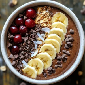To create a rich and tasty chocolate cherry smoothie bowl, you need a few key items: - 1 cup frozen cherries - 1 medium banana, sliced - 1 tablespoon unsweetened cocoa powder - &frac12; cup almond milk (or any milk of your choice) - 1 tablespoon almond butter (you can use peanut butter if you want) These main ingredients give the smoothie its creamy texture and bold flavor. The frozen cherries provide sweetness and a lovely color. The banana adds creaminess, while cocoa powder offers a deep chocolate taste. Almond milk keeps it dairy-free and smooth. Almond butter adds healthy fats for a boost. If you want your smoothie bowl sweeter, consider adding some optional sweeteners: - 1 tablespoon honey - 1 tablespoon maple syrup These sweeteners can enhance the flavor. You can use them based on your taste. Add just a bit and blend to see if it meets your needs. To make your smoothie bowl even better, try these fun toppings: - Granola - Fresh cherries - Sliced banana - Cocoa nibs - Shredded coconut These toppings add crunch and extra flavor. Granola gives a nice texture, while fresh fruit adds color and freshness. Cocoa nibs provide a rich chocolatey bite, and shredded coconut adds a tropical twist. You can mix and match to find your perfect combination! {{ingredient_image_2}} First, gather your ingredients. You will need: - 1 cup frozen cherries - 1 medium banana, sliced - 1 tablespoon unsweetened cocoa powder - &frac12; cup almond milk - 1 tablespoon almond butter Place these items in your high-powered blender. Blend on high speed until everything mixes well. Blend the mixture until it is smooth and creamy. Stop the blender now and then. Scrape down the sides to mix well. You want a nice, creamy texture. If your smoothie bowl is too thick, add more almond milk. Do this one tablespoon at a time. Blend again after each addition. Keep going until you reach your desired thickness. Taste your smoothie. If you want it sweeter, add honey or maple syrup. Blend briefly again to mix the sweetener in well. Pour your delicious chocolate cherry smoothie into a bowl. Use a spoon to create a nice swirl on top. This makes it look pretty! Now for the fun part! Add your favorite toppings. I suggest: - Granola - Fresh cherries - Sliced banana - Cocoa nibs - Shredded coconut These toppings add great texture and flavor to your smoothie bowl. Enjoy! To achieve that smooth and creamy texture, start with frozen cherries. Frozen fruit blends better and gives a thick feel. Use a ripe banana to add natural creaminess. The almond butter also helps. It adds protein and a nice texture. If you want more creaminess, blend in a bit more almond milk slowly. Always use a high-powered blender for the best results. It helps mix everything evenly. Start on low speed, then increase to high. This method ensures all ingredients blend well. Stop the blender and scrape down the sides. This way, nothing gets left behind. If your mix is too thick, add a little milk. Blend until smooth. Taste your smoothie before you serve it. If it needs more sweetness, add honey or maple syrup. Blend again to mix in the sweetener. You can also try adding vanilla extract for extra flavor. If you like it richer, add a bit more cocoa powder. Adjust it to your taste for the perfect balance. Pro Tips Use Frozen Cherries: Using frozen cherries not only makes the smoothie colder and more refreshing but also helps achieve a thicker texture. Experiment with Sweetness: Adjust the sweetness to your preference by starting with less honey or maple syrup and adding more as needed. Blend Thoroughly: Ensure your smoothie is blended thoroughly for a creamy consistency; stopping to scrape down the sides of the blender helps incorporate all ingredients. Customize Your Toppings: Feel free to customize your toppings based on your preferences or what you have on hand for a unique twist each time. {{image_4}} If you don't have almond milk, use any milk you like. Coconut milk adds a nice flavor. You can also try oat milk or soy milk. For almond butter, peanut butter works great. Sunflower seed butter is another option. Each choice changes the taste a little but keeps it creamy. Toppings make your smoothie bowl fun! Try adding granola for crunch. Fresh berries or banana slices add color and taste. Cocoa nibs give a rich chocolate flavor. Shredded coconut adds a tropical twist. You can also sprinkle some nuts or seeds for extra protein. Mix and match to find your favorite combo! To keep this smoothie bowl vegan, choose plant-based milk and butter. Almond milk and peanut butter fit perfectly. Use maple syrup instead of honey for sweetness. All these changes keep your bowl vegan and tasty. Enjoy it guilt-free! To store your leftover smoothie, pour it into a sealed container. This helps keep it fresh. Place it in the fridge. Use it within 24 hours for the best taste. If you see any separation, stir it well before enjoying. Freezing ingredients helps keep them fresh longer. For cherries, wash and pit them first. Spread them on a baking sheet. Freeze until solid, then transfer to a bag. For bananas, peel and slice them. Freeze each slice on a tray before bagging. This keeps them from sticking together. If your smoothie has thickened in the fridge, don't worry! Add a splash of almond milk. Blend it again until smooth. If you prefer it cold, enjoy it straight from the fridge. For a warmer treat, heat gently in a pot. Stir well and watch the temperature closely. You can use other frozen fruits. Try strawberries, raspberries, or blueberries. Each will change the taste. Mix and match for fun flavors. Just keep the same amount of fruit for balance. Yes, you can add protein powder. It boosts nutrition and keeps you full. Use a scoop of your favorite kind. Mix it in when you blend the base. This makes it a great post-workout meal. To make more servings, just double or triple the recipe. Use a bigger blender to mix everything well. Pour into bowls once blended. You can save some for later too! Yes, a smoothie bowl can be very healthy. It combines fruits, healthy fats, and nutrients. The ingredients provide fiber, vitamins, and energy. Enjoy it without guilt! A chocolate cherry smoothie bowl has about 300 calories. This depends on your toppings and sweeteners. Check your ingredients to get the exact count. It's a tasty treat that's not too heavy. You learned how to make a tasty chocolate cherry smoothie bowl. We discussed key ingredients, sweeteners, and toppings. I shared simple steps for blending it right. You can also customize the texture and sweetness to fit your taste. Storing leftover smoothie and variations for diets was covered, too. This smoothie bowl is fun, healthy, and packed with flavor. Enjoy experimenting and satisfying your cravings!