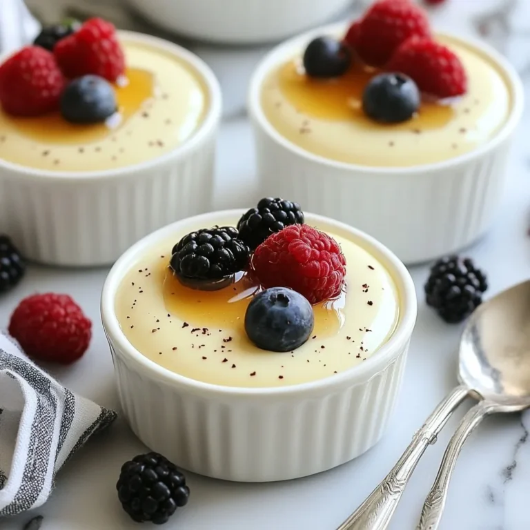 To make a rich and creamy vanilla bean panna cotta, gather these main ingredients: - 2 cups heavy cream - 1 cup whole milk - 1/2 cup granulated sugar - 2 teaspoons vanilla bean paste (or 1 whole vanilla bean, split with seeds scraped) - 2 1/2 teaspoons unflavored gelatin powder - 3 tablespoons cold water - A pinch of salt These ingredients create a perfect balance of flavors and textures. The heavy cream and whole milk give the panna cotta a smooth mouthfeel. The sugar adds sweetness, while the vanilla bean provides that classic, aromatic flavor. You can elevate your panna cotta with some optional garnishes. Here are some tasty ideas: - Fresh berries (strawberries, raspberries, or blueberries) - A drizzle of honey or maple syrup - Mint leaves for a pop of color These toppings not only look great but also enhance the taste of the panna cotta, making it even more delightful. You will need a few simple tools to prepare your panna cotta: - Medium saucepan - Mixing bowl - Whisk or spatula - Individual serving cups or molds - Plastic wrap Using the right equipment helps ensure that your panna cotta turns out perfectly every time. Each tool plays a role in mixing, heating, and storing your dessert. {{ingredient_image_2}} Start by gathering your ingredients. In a medium saucepan, add 2 cups of heavy cream, 1 cup of whole milk, and 1/2 cup of granulated sugar. Don't forget a pinch of salt! If you use vanilla bean paste, add 2 teaspoons now. If you have a whole vanilla bean, split it and scrape the seeds into the mix. Heat this mixture over medium heat. Stir gently until it’s hot but not boiling. You want the sugar to dissolve fully. While your cream is warming, grab a small bowl. Sprinkle 2 1/2 teaspoons of unflavored gelatin powder over 3 tablespoons of cold water. Let it sit for about 5 minutes. This process is called blooming. The gelatin absorbs the water and becomes gel-like. Once your cream is hot, take it off the heat. Stir in the bloomed gelatin. Make sure it dissolves completely. If you used a whole vanilla bean, you can add the empty pod for more flavor. Now, let the mixture cool for about 5 minutes. This prevents condensation when you cover it. Next, pour the mixture into individual cups or molds. Cover them with plastic wrap to stop any skin from forming. Place them in the fridge to chill for at least 4 hours, or until set. After they are set, you can use a knife around the edges if you want to release them. You can serve them directly in the cups for a classy touch! To get a smooth panna cotta, follow these steps. First, use heavy cream and whole milk. They give richness and creaminess. Make sure to heat the cream mixture gently. If it boils, it can ruin the texture. Stir often to help the sugar dissolve fully. Bloom the gelatin in cold water before adding it to the cream. This step helps it dissolve well. Chill the mixture for at least four hours. This allows it to set properly. Avoid these common mistakes to ensure success. Do not skip the blooming step for gelatin. If you do, it may not set right. Never boil the cream mixture; it can affect the taste. Ensure you cover the cups while chilling. This prevents a skin from forming on top. Finally, be patient. Let the panna cotta chill for a full four hours to achieve the best texture. Serving panna cotta can be fun and creative. You can serve it in the cups for a simple look. If you want to impress, gently invert each cup onto a plate. It creates a lovely presentation. Add a garnish to elevate your dish. Fresh berries, a drizzle of honey, or mint leaves work well. These add color and flavor, making your dessert more appealing. Enjoy the smiles when you serve this delightful treat! Pro Tips Chill the Cups: For an extra smooth panna cotta, pre-chill your serving cups or molds in the refrigerator before pouring in the mixture. Flavor Variations: Experiment with different extracts or infusions, such as almond or citrus zest, to customize the flavor profile of your panna cotta. Gelatin Alternatives: If you prefer a plant-based option, consider using agar-agar as a substitute for gelatin, following the package instructions for proper blooming. Perfectly Set: Test the panna cotta for doneness by gently shaking the cup; it should jiggle slightly but not be liquid in the center. {{image_4}} You can make panna cotta without dairy. Use coconut milk and almond milk instead. It gives a rich flavor and creamy texture. Here’s how: - 2 cups coconut milk - 1 cup almond milk - 1/2 cup maple syrup (or agave syrup) - 2 1/2 teaspoons unflavored gelatin powder - 3 tablespoons cold water - A pinch of salt Follow the same steps as the original recipe. The result is just as delightful! Want to switch things up? Try these fun flavors: - Chocolate: Mix in 1/2 cup melted dark chocolate with the cream mixture. This adds a rich, sweet twist. - Coffee: Stir in 1/4 cup strong brewed coffee or espresso. This gives a nice coffee kick. - Citrus: Add the zest of one lemon or orange. It makes the panna cotta bright and fresh. Each flavor adds a unique touch. Experiment and find your favorite! Looking for a lighter dessert? Use these sweeteners instead of sugar: - Honey: Use the same amount as sugar. It adds a floral note. - Agave syrup: It's sweeter than sugar, so use less. About 1/3 cup should work. - Stevia: This is a no-calorie option. Follow the package instructions for the right amount. These options keep your panna cotta sweet while reducing calories. Enjoy a tasty dessert without the guilt! Store leftover panna cotta in the fridge. Use airtight containers to keep it fresh. You can also cover the cups with plastic wrap. Make sure the wrap touches the top of the dessert to avoid any skin forming. Panna cotta lasts about 3 to 4 days in the fridge. Make sure to check for any signs of spoilage before eating. If it looks or smells off, it's best to toss it. Freezing panna cotta is possible, but it may change the texture. If you want to freeze it, place it in freezer-safe containers. Leave some space at the top, as the panna cotta expands when frozen. To thaw, move it to the fridge for several hours. Avoid refreezing once thawed, as it can affect the quality. Panna Cotta is a creamy dessert made mainly of heavy cream and milk. You also need sugar for sweetness and vanilla bean for flavor. The key ingredient is gelatin, which helps it set. Here’s a quick look at the main ingredients: - 2 cups heavy cream - 1 cup whole milk - 1/2 cup granulated sugar - 2 teaspoons vanilla bean paste (or 1 whole vanilla bean) - 2 1/2 teaspoons unflavored gelatin powder - 3 tablespoons cold water - A pinch of salt Each part works together to create a smooth and rich dessert that melts in your mouth. Yes, you can use alternatives like agar-agar or carrageenan. These options work well for vegetarians. Agar-agar is derived from seaweed and can set like gelatin. However, it has a different texture and may require some adjustments in your recipe. For agar-agar, use about double the amount of gelatin called for, and heat it thoroughly to activate. You can tell if Panna Cotta is set by gently shaking the cups. If the center wobbles slightly but holds shape, it’s ready. It should not feel liquid when you touch the surface. After chilling for at least four hours, run a knife around the edges if you want to unmold it. If it holds its form on a plate, you have a perfect panna cotta! Now you know how to make delicious vanilla bean panna cotta. We covered the main and optional ingredients, plus the right equipment. You learned step-by-step how to prepare, chill, and serve your panna cotta. Tips helped you avoid mistakes and ensure the perfect texture. Don’t forget to try fun variations, like dairy-free or chocolate. Store any leftovers correctly to enjoy later. With this guide, you can impress everyone with your panna cotta skills. Enjoy creating your tasty dessert!