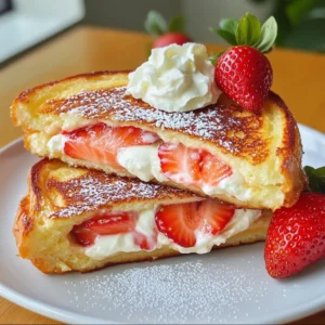 To make Strawberry Cheesecake French Toast, gather these simple ingredients: - 4 slices of thick-cut brioche bread - 4 oz cream cheese, softened - 1/4 cup powdered sugar - 1 teaspoon pure vanilla extract - 2 large eggs - 1/2 cup whole or 2% milk - 1/2 teaspoon ground cinnamon - 1 cup fresh strawberries, hulled and sliced - 2 tablespoons unsalted butter - Optional garnishes: whipped cream, fresh strawberries Each of these ingredients plays a key role in creating a dish that is rich and sweet. The brioche bread gives a soft and buttery base. The cream cheese, sweetened with powdered sugar, adds that cheesecake flavor. Vanilla extract enhances the overall taste. Eggs and milk form a custard that soaks into the bread. Ground cinnamon adds warmth and depth. Fresh strawberries bring a burst of flavor, while butter helps achieve that golden crust. Optional toppings like whipped cream make it even more special. {{ingredient_image_2}} Start by taking 4 ounces of cream cheese. Make sure it is soft, so it mixes well. In a medium bowl, add the cream cheese, 1/4 cup of powdered sugar, and 1 teaspoon of pure vanilla extract. Use a hand mixer or a whisk to blend these together. Mix until the mixture is smooth and creamy. This will be your cheesecake layer. Set it aside for later. Next, grab a separate bowl. In this bowl, crack 2 large eggs and pour in 1/2 cup of milk. You can use whole or 2% milk for the best taste. Add 1/2 teaspoon of ground cinnamon for flavor. Use a whisk to stir the mixture until it is well combined and slightly frothy. This will be your egg wash. Now, take 4 slices of thick-cut brioche bread. Spread a generous layer of the cream cheese mixture on one side of two slices. Make sure to cover it well. Next, take 1 cup of fresh strawberries, hulled and thinly sliced, and layer them evenly over the cream cheese. Place the other two slices of bread on top to form a sandwich. Press down gently so the layers stick together. It&rsquo;s time to cook! Preheat a non-stick skillet or griddle over medium heat. Add 1 tablespoon of unsalted butter to the pan, letting it melt and coat the surface. Carefully dip each sandwich into the egg mixture. Let it soak for a few seconds on each side, but don&rsquo;t over-soak or it will get soggy. Once the skillet is hot, place the sandwiches in the pan. Cook for about 3 to 4 minutes on each side, or until they turn golden brown and crispy. If you have more sandwiches, add the remaining tablespoon of butter to the skillet as needed. After cooking, take the sandwiches out of the pan and let them cool for a moment. Slice each sandwich in half diagonally for a lovely presentation. Serve your warm Strawberry Cheesecake French Toast on a plate. For a fun touch, add some extra sliced strawberries on top. You can also add a dollop of whipped cream for sweetness. Enjoy! The bread you use makes a big difference in French toast. I love thick-cut brioche for its soft, buttery texture. It soaks up the egg mixture well. Challah also works great and adds a nice sweetness. You can use Texas toast if you want something even thicker. Just avoid regular sandwich bread; it won't hold up as well. For that beautiful golden brown color, keep your heat at medium. If it&rsquo;s too low, your French toast cooks slowly and gets soggy. If it&rsquo;s too high, it burns before cooking through. Use a non-stick skillet for easy flipping. Make sure to melt enough butter to coat the pan for a nice crisp. Flip your toast when the bottom is golden and crispy. Soggy French toast can ruin your meal. To avoid this, don&rsquo;t soak the bread too long. A quick dip in the egg mixture is best. Make sure your skillet is hot before adding the bread. If you notice excess egg mixture pooling in the pan, drain it off. Cooking on medium heat helps keep the texture right. Pro Tips Use Day-Old Bread: For the best texture, use slightly stale brioche bread. It soaks up the egg mixture without becoming too soggy. Customize Your Fillings: Feel free to add other fruits like blueberries or raspberries for a mixed berry experience, or even a drizzle of chocolate for added richness. Cook on Medium Heat: Ensure your skillet is at medium heat to achieve a perfect golden brown exterior while keeping the inside creamy. Serve Immediately: For the best flavor and texture, serve the French toast immediately after cooking while it&rsquo;s still warm and crispy. {{image_4}} You can top your French toast with a variety of fruits. Berries like blueberries, raspberries, or blackberries add a nice touch. Sliced bananas also work well. For a tropical twist, try mango or pineapple. Just layer the fruit on top before serving. This makes the dish more colorful and tasty. Each fruit brings its own unique flavor. You can easily mix in other flavors to the cream cheese. For a chocolate twist, add cocoa powder to the cream cheese mixture. You can also spread nut butter like almond or peanut butter on the bread before adding the cream cheese. This adds richness and depth to each bite. Experiment with your favorite flavors for a fun twist. To make this dish dairy-free, use a plant-based cream cheese. There are many tasty options available at stores. For a gluten-free version, swap the brioche for gluten-free bread. Just make sure it&rsquo;s thick-cut to hold the filling well. Adjust the cooking time as needed. You can still enjoy the same great taste with these swaps. You can store leftover Strawberry Cheesecake French Toast in an airtight container. Keep it in the fridge for up to three days. Make sure it cools down before sealing to avoid moisture. This helps keep the bread fresh. To reheat, place the French toast in a skillet over low heat. Warm it for about 3-4 minutes on each side. This will help restore its crispy texture. You can also use a microwave. Heat in 30-second intervals until warm, but this may make it softer. If you want to freeze it, wrap each piece tightly in plastic wrap. Place them in a freezer bag or container. They can stay in the freezer for up to a month. To enjoy, thaw in the fridge overnight and follow the reheating instructions. This way, you can enjoy this treat anytime! Yes, you can use other breads. Sourdough, challah, or even whole grain bread work well. Each type brings its unique flavor and texture. Choose a thick-cut variety to hold the filling better. To save time, prepare the cream cheese mixture a day ahead. Store it in the fridge. You can also assemble the sandwiches and keep them in the fridge for a few hours. Just cook them when you&rsquo;re ready. You can get creative with toppings! Try using maple syrup, chocolate sauce, or even a dusting of cinnamon sugar. Fresh blueberries or raspberries also add a nice touch. Get inventive and match toppings to your taste. To make it healthier, use whole grain or gluten-free bread. You can swap cream cheese for Greek yogurt. Reducing sugar in the cream cheese mix can also help. Adding extra fruit boosts flavor and nutrition too. This blog post shared a tasty French toast recipe with cream cheese and strawberries. You learned about the key ingredients, step-by-step instructions, and tips for success. I also shared fun variations and storage tips to keep your leftovers fresh. Remember, you can easily customize this dish to suit your taste. Enjoy making this delightful breakfast that will impress anyone at your table!
