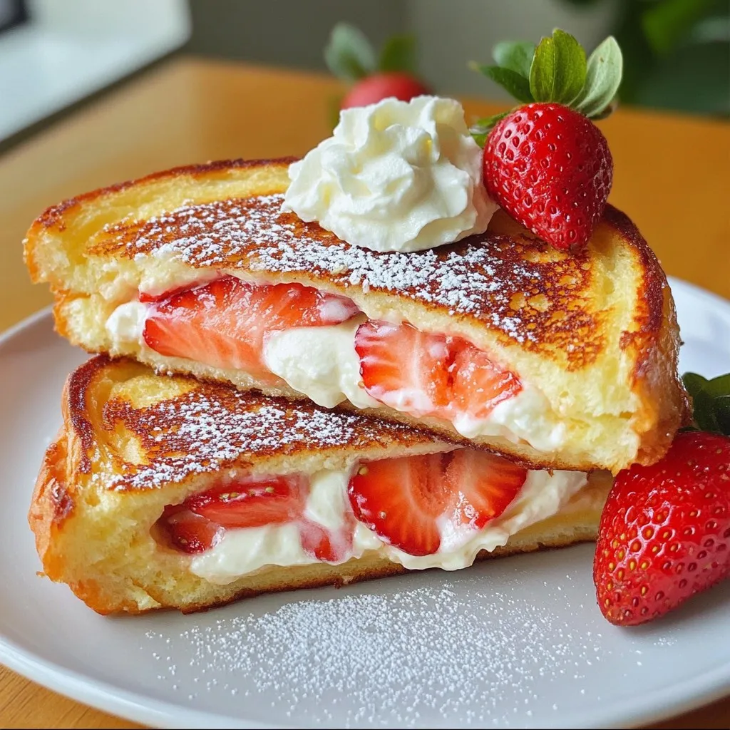 To make Strawberry Cheesecake French Toast, gather these simple ingredients: - 4 slices of thick-cut brioche bread - 4 oz cream cheese, softened - 1/4 cup powdered sugar - 1 teaspoon pure vanilla extract - 2 large eggs - 1/2 cup whole or 2% milk - 1/2 teaspoon ground cinnamon - 1 cup fresh strawberries, hulled and sliced - 2 tablespoons unsalted butter - Optional garnishes: whipped cream, fresh strawberries Each of these ingredients plays a key role in creating a dish that is rich and sweet. The brioche bread gives a soft and buttery base. The cream cheese, sweetened with powdered sugar, adds that cheesecake flavor. Vanilla extract enhances the overall taste. Eggs and milk form a custard that soaks into the bread. Ground cinnamon adds warmth and depth. Fresh strawberries bring a burst of flavor, while butter helps achieve that golden crust. Optional toppings like whipped cream make it even more special. {{ingredient_image_2}} Start by taking 4 ounces of cream cheese. Make sure it is soft, so it mixes well. In a medium bowl, add the cream cheese, 1/4 cup of powdered sugar, and 1 teaspoon of pure vanilla extract. Use a hand mixer or a whisk to blend these together. Mix until the mixture is smooth and creamy. This will be your cheesecake layer. Set it aside for later. Next, grab a separate bowl. In this bowl, crack 2 large eggs and pour in 1/2 cup of milk. You can use whole or 2% milk for the best taste. Add 1/2 teaspoon of ground cinnamon for flavor. Use a whisk to stir the mixture until it is well combined and slightly frothy. This will be your egg wash. Now, take 4 slices of thick-cut brioche bread. Spread a generous layer of the cream cheese mixture on one side of two slices. Make sure to cover it well. Next, take 1 cup of fresh strawberries, hulled and thinly sliced, and layer them evenly over the cream cheese. Place the other two slices of bread on top to form a sandwich. Press down gently so the layers stick together. It’s time to cook! Preheat a non-stick skillet or griddle over medium heat. Add 1 tablespoon of unsalted butter to the pan, letting it melt and coat the surface. Carefully dip each sandwich into the egg mixture. Let it soak for a few seconds on each side, but don’t over-soak or it will get soggy. Once the skillet is hot, place the sandwiches in the pan. Cook for about 3 to 4 minutes on each side, or until they turn golden brown and crispy. If you have more sandwiches, add the remaining tablespoon of butter to the skillet as needed. After cooking, take the sandwiches out of the pan and let them cool for a moment. Slice each sandwich in half diagonally for a lovely presentation. Serve your warm Strawberry Cheesecake French Toast on a plate. For a fun touch, add some extra sliced strawberries on top. You can also add a dollop of whipped cream for sweetness. Enjoy! The bread you use makes a big difference in French toast. I love thick-cut brioche for its soft, buttery texture. It soaks up the egg mixture well. Challah also works great and adds a nice sweetness. You can use Texas toast if you want something even thicker. Just avoid regular sandwich bread; it won't hold up as well. For that beautiful golden brown color, keep your heat at medium. If it’s too low, your French toast cooks slowly and gets soggy. If it’s too high, it burns before cooking through. Use a non-stick skillet for easy flipping. Make sure to melt enough butter to coat the pan for a nice crisp. Flip your toast when the bottom is golden and crispy. Soggy French toast can ruin your meal. To avoid this, don’t soak the bread too long. A quick dip in the egg mixture is best. Make sure your skillet is hot before adding the bread. If you notice excess egg mixture pooling in the pan, drain it off. Cooking on medium heat helps keep the texture right. Pro Tips Use Day-Old Bread: For the best texture, use slightly stale brioche bread. It soaks up the egg mixture without becoming too soggy. Customize Your Fillings: Feel free to add other fruits like blueberries or raspberries for a mixed berry experience, or even a drizzle of chocolate for added richness. Cook on Medium Heat: Ensure your skillet is at medium heat to achieve a perfect golden brown exterior while keeping the inside creamy. Serve Immediately: For the best flavor and texture, serve the French toast immediately after cooking while it’s still warm and crispy. {{image_4}} You can top your French toast with a variety of fruits. Berries like blueberries, raspberries, or blackberries add a nice touch. Sliced bananas also work well. For a tropical twist, try mango or pineapple. Just layer the fruit on top before serving. This makes the dish more colorful and tasty. Each fruit brings its own unique flavor. You can easily mix in other flavors to the cream cheese. For a chocolate twist, add cocoa powder to the cream cheese mixture. You can also spread nut butter like almond or peanut butter on the bread before adding the cream cheese. This adds richness and depth to each bite. Experiment with your favorite flavors for a fun twist. To make this dish dairy-free, use a plant-based cream cheese. There are many tasty options available at stores. For a gluten-free version, swap the brioche for gluten-free bread. Just make sure it’s thick-cut to hold the filling well. Adjust the cooking time as needed. You can still enjoy the same great taste with these swaps. You can store leftover Strawberry Cheesecake French Toast in an airtight container. Keep it in the fridge for up to three days. Make sure it cools down before sealing to avoid moisture. This helps keep the bread fresh. To reheat, place the French toast in a skillet over low heat. Warm it for about 3-4 minutes on each side. This will help restore its crispy texture. You can also use a microwave. Heat in 30-second intervals until warm, but this may make it softer. If you want to freeze it, wrap each piece tightly in plastic wrap. Place them in a freezer bag or container. They can stay in the freezer for up to a month. To enjoy, thaw in the fridge overnight and follow the reheating instructions. This way, you can enjoy this treat anytime! Yes, you can use other breads. Sourdough, challah, or even whole grain bread work well. Each type brings its unique flavor and texture. Choose a thick-cut variety to hold the filling better. To save time, prepare the cream cheese mixture a day ahead. Store it in the fridge. You can also assemble the sandwiches and keep them in the fridge for a few hours. Just cook them when you’re ready. You can get creative with toppings! Try using maple syrup, chocolate sauce, or even a dusting of cinnamon sugar. Fresh blueberries or raspberries also add a nice touch. Get inventive and match toppings to your taste. To make it healthier, use whole grain or gluten-free bread. You can swap cream cheese for Greek yogurt. Reducing sugar in the cream cheese mix can also help. Adding extra fruit boosts flavor and nutrition too. This blog post shared a tasty French toast recipe with cream cheese and strawberries. You learned about the key ingredients, step-by-step instructions, and tips for success. I also shared fun variations and storage tips to keep your leftovers fresh. Remember, you can easily customize this dish to suit your taste. Enjoy making this delightful breakfast that will impress anyone at your table!