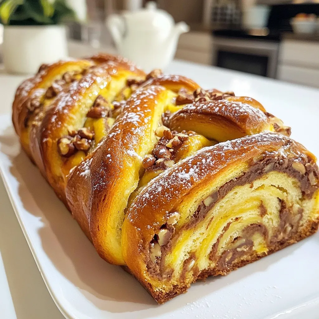 To make a delicious Chocolate Hazelnut Babka, you will need: - 4 cups all-purpose flour - 2 tablespoons granulated sugar - 1 teaspoon salt - 2 teaspoons instant yeast - 1 cup whole milk, warmed to 110°F (43°C) - 1/4 cup unsalted butter, melted - 2 large eggs - 1 cup hazelnuts, toasted and chopped - 1 cup chocolate hazelnut spread (such as Nutella) - 1/4 cup unsweetened cocoa powder - 1/4 cup powdered sugar (for dusting) You will also need some basic tools to make this recipe easier: - Large mixing bowl - Whisk - Rolling pin - Sharp knife - Loaf pan - Damp cloth or plastic wrap - Wire rack Not every ingredient has to stay the same. Here are some easy swaps: - Use almond flour instead of all-purpose flour for a gluten-free option. - Substitute oat milk for whole milk for a dairy-free version. - Replace granulated sugar with coconut sugar for a healthier choice. - If you don’t have hazelnuts, try walnuts or pecans for a different crunch. - Use any chocolate spread you like if hazelnut spread is not available. These substitutions can help you tailor the recipe to your taste! {{ingredient_image_2}} To start, grab a big bowl. Put in 4 cups of all-purpose flour, 2 tablespoons of sugar, 1 teaspoon of salt, and 2 teaspoons of instant yeast. Mix these dry ingredients well. Next, warm 1 cup of milk to about 110°F. Pour this into your dry mix. Then add 1/4 cup of melted butter and 2 large eggs. Now, knead the dough. You can do this by hand or use a stand mixer with a dough hook. Keep going until the dough is smooth and elastic. This should take around 10 minutes. Once your dough is ready, transfer it to a greased bowl. Turn it around so it gets oil on all sides. Cover the bowl with a damp cloth or plastic wrap. Put it in a warm place. Let it rise until it doubles in size. This takes about 1 to 1.5 hours. While the dough rises, it’s time to make the filling. In a small bowl, mix 1 cup of chocolate hazelnut spread with 1/4 cup of unsweetened cocoa powder. Stir well until it’s smooth. Set this aside for later. After the dough has risen, gently punch it down to remove air. Place it on a floured surface and roll it out into a rectangle. Aim for about 18 by 12 inches in size. Spread the chocolate filling evenly over the dough, leaving a small border around the edges. Sprinkle 1 cup of toasted and chopped hazelnuts on top for some extra crunch. Now, roll the dough tightly from one long edge. Pinch the seams to seal it. Use a sharp knife to cut the log in half lengthwise. This will show off those beautiful swirls of filling. Twist the two halves together to create a braided look. Place this twisted babka into a greased loaf pan. Cover it loosely with a damp cloth and let it rise again for about 30 to 45 minutes. While the babka rises, preheat your oven to 350°F. Once the dough has puffed up, bake it in the oven for 30 to 35 minutes. You want it to be golden brown and sound hollow when you tap the bottom. When it’s done, let it cool in the pan for 10 minutes. Then, move it to a wire rack. Before serving, dust the top with powdered sugar for a beautiful finish. To get the perfect dough for your babka, start with the right flour. Use all-purpose flour, as it gives the best structure. When mixing, pour your warm milk slowly. This helps the yeast wake up. Knead the dough until it feels smooth and elastic. This can take about 10 minutes. If the dough feels sticky, add a little more flour. But don’t add too much; it should stay soft. One common mistake is not letting the dough rise enough. If you rush this step, your babka won’t be fluffy. Always cover the dough while it rises. This keeps it warm and humid. Another mistake is over-filling the dough. While it's tempting to use more filling, too much can make it ooze out while baking. Stick to the recipe's amount for the best results. To enhance the flavor of your babka, use high-quality chocolate hazelnut spread. If you want a twist, try adding spices like cinnamon or a splash of vanilla extract. Chopped hazelnuts give a nice crunch, but you can also mix in some dark chocolate chips for extra richness. Always taste your filling before spreading it on the dough. Adjust sweetness if needed, so every bite is just right. Pro Tips Use Room Temperature Ingredients: Make sure your eggs and butter are at room temperature before starting to ensure a smooth dough that rises well. Don’t Skip the Toasting: Toasting the hazelnuts enhances their flavor, giving your babka an extra layer of deliciousness. Check for Doneness: Make sure to tap the bottom of the loaf; it should sound hollow when fully baked. Adjust baking time as needed based on your oven. Storage Tips: Store leftover babka in an airtight container at room temperature for up to 3 days, or freeze for longer storage. Just reheat before serving! {{image_4}} You can change the filling to fit your taste. Try using fruit jams, like raspberry or cherry. These fruity flavors pair well with the dough. You can also use almond paste for a nutty twist. Mix in some spices, like cinnamon or cardamom, for extra warmth. If you love peanut butter, spread it on the dough and add chocolate chips. The options are endless! You can make a gluten-free version of babka. Use a gluten-free flour mix instead of all-purpose flour. Make sure the mix includes a binding agent. For a vegan babka, swap eggs with flax eggs. To make a flax egg, mix one tablespoon of ground flaxseed with three tablespoons of water and let it sit for five minutes. Use almond milk or coconut milk in place of whole milk. For butter, use coconut oil or a vegan butter substitute. Add seasonal flavors to your babka for special occasions. In the fall, mix in pumpkin spice or apple butter. For winter holidays, use peppermint extract in your chocolate filling. You can sprinkle crushed candy canes on top for a festive touch. In the spring, try adding lemon zest or fresh berries for a fresh flavor. These twists make your babka unique and special for any celebration! To store leftover babka, wrap it tightly in plastic wrap. This keeps the moisture in. You can also place it in an airtight container. Store it at room temperature for up to three days. If you want to keep it longer, consider freezing it. When you're ready to enjoy your babka again, preheat your oven to 350°F (180°C). Wrap the babka in foil to help it stay moist. Heat it for about 10 to 15 minutes. This reheating method brings back its soft texture, just like fresh out of the oven. To freeze your babka, let it cool completely first. Once cooled, wrap it tightly in plastic wrap and then in aluminum foil. This double wrapping prevents freezer burn. You can freeze it for up to three months. When you're ready to eat it, thaw overnight in the fridge before reheating. Babka is a sweet bread, often filled with chocolate or nuts. It is a treat from Eastern Europe, especially popular in Jewish communities. The name "babka" means "grandmother" in Polish, tying the bread to family traditions. Babka features a soft, rich dough that twists with filling. This makes it both fun to make and eat. Yes, you can make Chocolate Hazelnut Babka ahead of time. Prepare the dough and filling, then shape the babka. Instead of the second rise, cover it and freeze it. When ready to bake, let it thaw in the fridge overnight. Then, allow it to rise before baking. This method saves time and keeps the flavors fresh. To check if your babka is done, look for a golden brown top. You can tap the bottom; if it sounds hollow, it's ready. If you have a thermometer, the inside should be around 190°F (88°C). Keep an eye on it as baking times can vary. To prevent filling from oozing out, leave a small border when spreading it. This helps seal the filling inside as you roll the dough. Pinch the seams firmly after rolling to keep the filling secure. If you notice some leaking, don’t worry! The flavors will still shine through in your babka. Making Chocolate Hazelnut Babka is fun and rewarding. We covered the key ingredients, essential tools, and possible substitutions. I shared step-by-step instructions, from making the dough to baking the babka. We explored helpful tips for perfecting texture and flavor and discussed tasty variations. Finally, I provided essential storage info to keep your babka fresh. Now you’re ready to create your own delicious masterpiece and impress everyone. Enjoy your baking journey!