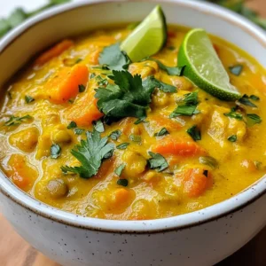 For a rich and tasty Coconut Curry Lentil Soup, gather the following ingredients: - 1 cup red lentils, thoroughly rinsed and drained - 1 can (14 oz) coconut milk, full-fat for creaminess - 1 medium onion, finely chopped - 2 cloves garlic, minced - 1 tablespoon fresh ginger, grated - 1 tablespoon yellow curry powder, adjust for spice preference - 1 teaspoon ground cumin - 1 teaspoon turmeric powder - 1 medium carrot, peeled and diced - 1 cup diced tomatoes, canned or fresh - 4 cups vegetable broth, low-sodium preferred - 1 tablespoon olive oil, can substitute with coconut oil for additional flavor - Salt and freshly ground black pepper to taste - Fresh cilantro leaves for garnish - Lime wedges for serving Each ingredient plays a key role in making the soup hearty and flavorful. The red lentils provide protein, while coconut milk adds creaminess. Fresh veggies like onion, garlic, ginger, carrot, and tomatoes bring depth and color. The spices, including yellow curry powder, ground cumin, and turmeric, create a warm and inviting flavor. The vegetable broth serves as the base, keeping the soup light yet satisfying. Don't forget the oil for cooking and seasoning to taste. Finally, fresh cilantro and lime wedges brighten the dish when serving. Enjoy every bite! {{ingredient_image_2}} 1. Cooking the aromatics: Start by heating the olive oil in a large pot over medium heat. Once hot, add the chopped onion. Saut&eacute; for 5-7 minutes. The onions should look soft and golden. Stir often to keep them from burning. 2. Adding spices and saut&eacute;ing: After the onions are ready, add the minced garlic and grated ginger. Cook for 1-2 minutes. You want the mix to smell fragrant. Then, sprinkle in the yellow curry powder, ground cumin, and turmeric. Stir well. Cook for about 1 minute. This step wakes up the spices and fills your kitchen with amazing smells. 3. Incorporating lentils and vegetables: Now, add the diced carrot. Saut&eacute; for 3-4 minutes until it starts to soften. Next, toss in the rinsed red lentils and diced tomatoes. Mix everything well. This will create a beautiful base for your soup. 1. Pouring in liquids: It&rsquo;s time to add the vegetable broth and coconut milk. Pour them in and stir gently. This will make your soup creamy and rich. 2. Adjusting heat and cooking time: Increase the heat a bit to bring the soup to a gentle simmer. Once it starts bubbling, lower the heat to keep it simmering slowly. Cover the pot and let it cook for 20-25 minutes. Stir now and then to keep the lentils from sticking to the pot. 3. Checking for tenderness: After 20-25 minutes, check the lentils. They should be tender. If they need more time, let them simmer a bit longer. The soup will thicken as it cooks. 1. Seasoning the soup: Taste the soup. Add salt and black pepper to your liking. This is your chance to make it perfect. 2. Adjusting consistency: If the soup seems too thick, add more broth or water. Do this one ladle at a time until it&rsquo;s just right for you. 3. Serving suggestions: Ladle the soup into deep bowls. Top with fresh cilantro and serve with lime wedges. The lime juice will add a nice zing. Enjoy your delicious Coconut Curry Lentil Soup! - Preventing sticking during cooking: Stir the soup often. This helps keep the lentils from sticking to the pot. Use a non-stick pot if you have one. - Adjusting spice levels: Start with one tablespoon of yellow curry powder. Taste the soup as it cooks. If you want more heat, add more curry powder or some chili flakes. - Enhancing creaminess: Use full-fat coconut milk. This gives the soup a rich texture. You can also blend a portion of the soup for a creamier finish. - Presentation ideas: Serve the soup in deep bowls. The bright orange color looks great! Top with fresh cilantro and lime wedges for a pop of color. - Accompaniments: Pair the soup with warm naan bread or fluffy rice. This makes the meal more filling and satisfying. - Boosting nutrient profile: Add a handful of fresh spinach or kale. Stir them in during the last few minutes of cooking. This adds vitamins and minerals without changing the flavor much. - Making it a complete meal: Serve the soup with a side salad or some roasted vegetables. This adds more fiber and nutrients, making your meal balanced and healthy. Pro Tips Choose the Right Lentils: While red lentils are perfect for this soup, you can experiment with green or brown lentils for a different texture and flavor profile. Just note that cooking times may vary. Enhance the Creaminess: For an even creamier texture, add an extra half can of coconut milk or a dollop of almond or cashew cream before serving. Customize the Spice Level: Adjust the amount of yellow curry powder according to your spice preference. For more heat, consider adding a pinch of cayenne pepper or a small diced chili. Store and Reheat: This soup stores well in the fridge for up to 5 days. When reheating, add a splash of broth or water to maintain the desired consistency. {{image_4}} You can mix up the lentils in this soup. Try using green or brown lentils. You might also switch to beans like chickpeas or black beans for a different taste. For veggies, think outside the box. Spinach or bell peppers add color and nutrients. Feel free to toss in what you have on hand! Want a kick? Add chili flakes or fresh peppers for heat. You can also balance flavors. Coconut sugar or diced carrots add a sweet touch. This will make the soup even more tasty and fun! Making this soup vegan is easy. Just ensure your vegetable broth is plant-based. You can also use coconut oil instead of olive oil. For gluten-free options, check your broth and spices. Most are safe, but it's good to double-check. Enjoy your coconut curry lentil soup without worry! Store any leftover soup in a sealed container. Make sure it cools down first. The soup stays fresh in the fridge for about three to four days. If you see any signs of spoilage, like off smells or mold, throw it away. To freeze coconut curry lentil soup, let it cool completely. Pour the soup into freezer-safe bags or containers. Leave some space for expansion as it freezes. It can freeze well for up to three months. When you want to eat it, thaw it in the fridge overnight. For reheating, warm it on the stove over low heat. Stir often to keep it from sticking. You can also use a microwave, heating it in short bursts. Leftover soup can be fun! You can use it as a sauce over rice or quinoa. Add cooked grains for a hearty lunch. Blend the soup for a creamy dressing for salads. You can also mix it with some saut&eacute;ed veggies for a quick stir-fry. Let your creativity flow! Coconut Curry Lentil Soup lasts about 4 to 5 days in the fridge. Store it in an airtight container. This keeps it fresh and safe to eat. Yes, you can make this soup ahead of time. It tastes even better the next day. The flavors blend well as it sits. Just reheat it gently on the stove. I love serving this soup with crusty bread or rice. You can also pair it with a fresh salad. Adding lime wedges brings a nice zing to every bite. Coconut Curry Lentil Soup is very healthy. Lentils provide protein and fiber. Coconut milk adds creaminess and healthy fats. The spices offer many health benefits too. This soup is a great option for a balanced meal. This blog post covered how to make delicious Coconut Curry Lentil Soup. We discussed key ingredients, from red lentils to fresh produce. I outlined easy step-by-step cooking instructions and shared tips for enhancing flavor and nutrition. We also explored variations and storage methods for leftovers. In short, this soup is versatile, healthy, and perfect for any meal. You can enjoy it fresh or as leftovers. Try it out, and make it your own!