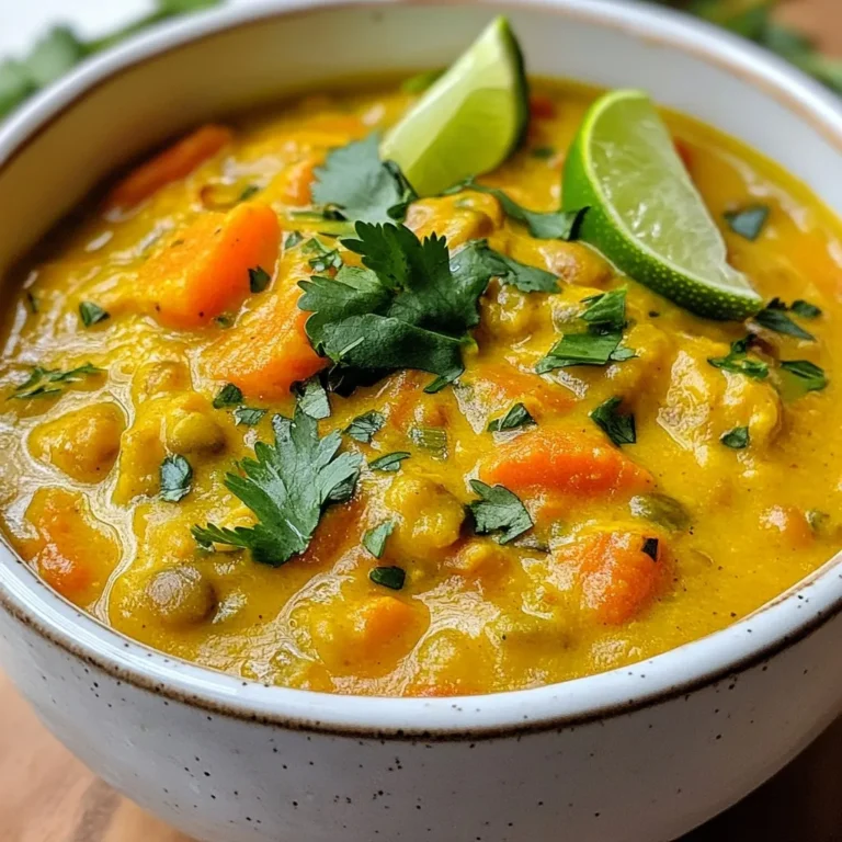For a rich and tasty Coconut Curry Lentil Soup, gather the following ingredients: - 1 cup red lentils, thoroughly rinsed and drained - 1 can (14 oz) coconut milk, full-fat for creaminess - 1 medium onion, finely chopped - 2 cloves garlic, minced - 1 tablespoon fresh ginger, grated - 1 tablespoon yellow curry powder, adjust for spice preference - 1 teaspoon ground cumin - 1 teaspoon turmeric powder - 1 medium carrot, peeled and diced - 1 cup diced tomatoes, canned or fresh - 4 cups vegetable broth, low-sodium preferred - 1 tablespoon olive oil, can substitute with coconut oil for additional flavor - Salt and freshly ground black pepper to taste - Fresh cilantro leaves for garnish - Lime wedges for serving Each ingredient plays a key role in making the soup hearty and flavorful. The red lentils provide protein, while coconut milk adds creaminess. Fresh veggies like onion, garlic, ginger, carrot, and tomatoes bring depth and color. The spices, including yellow curry powder, ground cumin, and turmeric, create a warm and inviting flavor. The vegetable broth serves as the base, keeping the soup light yet satisfying. Don't forget the oil for cooking and seasoning to taste. Finally, fresh cilantro and lime wedges brighten the dish when serving. Enjoy every bite! {{ingredient_image_2}} 1. Cooking the aromatics: Start by heating the olive oil in a large pot over medium heat. Once hot, add the chopped onion. Sauté for 5-7 minutes. The onions should look soft and golden. Stir often to keep them from burning. 2. Adding spices and sautéing: After the onions are ready, add the minced garlic and grated ginger. Cook for 1-2 minutes. You want the mix to smell fragrant. Then, sprinkle in the yellow curry powder, ground cumin, and turmeric. Stir well. Cook for about 1 minute. This step wakes up the spices and fills your kitchen with amazing smells. 3. Incorporating lentils and vegetables: Now, add the diced carrot. Sauté for 3-4 minutes until it starts to soften. Next, toss in the rinsed red lentils and diced tomatoes. Mix everything well. This will create a beautiful base for your soup. 1. Pouring in liquids: It’s time to add the vegetable broth and coconut milk. Pour them in and stir gently. This will make your soup creamy and rich. 2. Adjusting heat and cooking time: Increase the heat a bit to bring the soup to a gentle simmer. Once it starts bubbling, lower the heat to keep it simmering slowly. Cover the pot and let it cook for 20-25 minutes. Stir now and then to keep the lentils from sticking to the pot. 3. Checking for tenderness: After 20-25 minutes, check the lentils. They should be tender. If they need more time, let them simmer a bit longer. The soup will thicken as it cooks. 1. Seasoning the soup: Taste the soup. Add salt and black pepper to your liking. This is your chance to make it perfect. 2. Adjusting consistency: If the soup seems too thick, add more broth or water. Do this one ladle at a time until it’s just right for you. 3. Serving suggestions: Ladle the soup into deep bowls. Top with fresh cilantro and serve with lime wedges. The lime juice will add a nice zing. Enjoy your delicious Coconut Curry Lentil Soup! - Preventing sticking during cooking: Stir the soup often. This helps keep the lentils from sticking to the pot. Use a non-stick pot if you have one. - Adjusting spice levels: Start with one tablespoon of yellow curry powder. Taste the soup as it cooks. If you want more heat, add more curry powder or some chili flakes. - Enhancing creaminess: Use full-fat coconut milk. This gives the soup a rich texture. You can also blend a portion of the soup for a creamier finish. - Presentation ideas: Serve the soup in deep bowls. The bright orange color looks great! Top with fresh cilantro and lime wedges for a pop of color. - Accompaniments: Pair the soup with warm naan bread or fluffy rice. This makes the meal more filling and satisfying. - Boosting nutrient profile: Add a handful of fresh spinach or kale. Stir them in during the last few minutes of cooking. This adds vitamins and minerals without changing the flavor much. - Making it a complete meal: Serve the soup with a side salad or some roasted vegetables. This adds more fiber and nutrients, making your meal balanced and healthy. Pro Tips Choose the Right Lentils: While red lentils are perfect for this soup, you can experiment with green or brown lentils for a different texture and flavor profile. Just note that cooking times may vary. Enhance the Creaminess: For an even creamier texture, add an extra half can of coconut milk or a dollop of almond or cashew cream before serving. Customize the Spice Level: Adjust the amount of yellow curry powder according to your spice preference. For more heat, consider adding a pinch of cayenne pepper or a small diced chili. Store and Reheat: This soup stores well in the fridge for up to 5 days. When reheating, add a splash of broth or water to maintain the desired consistency. {{image_4}} You can mix up the lentils in this soup. Try using green or brown lentils. You might also switch to beans like chickpeas or black beans for a different taste. For veggies, think outside the box. Spinach or bell peppers add color and nutrients. Feel free to toss in what you have on hand! Want a kick? Add chili flakes or fresh peppers for heat. You can also balance flavors. Coconut sugar or diced carrots add a sweet touch. This will make the soup even more tasty and fun! Making this soup vegan is easy. Just ensure your vegetable broth is plant-based. You can also use coconut oil instead of olive oil. For gluten-free options, check your broth and spices. Most are safe, but it's good to double-check. Enjoy your coconut curry lentil soup without worry! Store any leftover soup in a sealed container. Make sure it cools down first. The soup stays fresh in the fridge for about three to four days. If you see any signs of spoilage, like off smells or mold, throw it away. To freeze coconut curry lentil soup, let it cool completely. Pour the soup into freezer-safe bags or containers. Leave some space for expansion as it freezes. It can freeze well for up to three months. When you want to eat it, thaw it in the fridge overnight. For reheating, warm it on the stove over low heat. Stir often to keep it from sticking. You can also use a microwave, heating it in short bursts. Leftover soup can be fun! You can use it as a sauce over rice or quinoa. Add cooked grains for a hearty lunch. Blend the soup for a creamy dressing for salads. You can also mix it with some sautéed veggies for a quick stir-fry. Let your creativity flow! Coconut Curry Lentil Soup lasts about 4 to 5 days in the fridge. Store it in an airtight container. This keeps it fresh and safe to eat. Yes, you can make this soup ahead of time. It tastes even better the next day. The flavors blend well as it sits. Just reheat it gently on the stove. I love serving this soup with crusty bread or rice. You can also pair it with a fresh salad. Adding lime wedges brings a nice zing to every bite. Coconut Curry Lentil Soup is very healthy. Lentils provide protein and fiber. Coconut milk adds creaminess and healthy fats. The spices offer many health benefits too. This soup is a great option for a balanced meal. This blog post covered how to make delicious Coconut Curry Lentil Soup. We discussed key ingredients, from red lentils to fresh produce. I outlined easy step-by-step cooking instructions and shared tips for enhancing flavor and nutrition. We also explored variations and storage methods for leftovers. In short, this soup is versatile, healthy, and perfect for any meal. You can enjoy it fresh or as leftovers. Try it out, and make it your own!