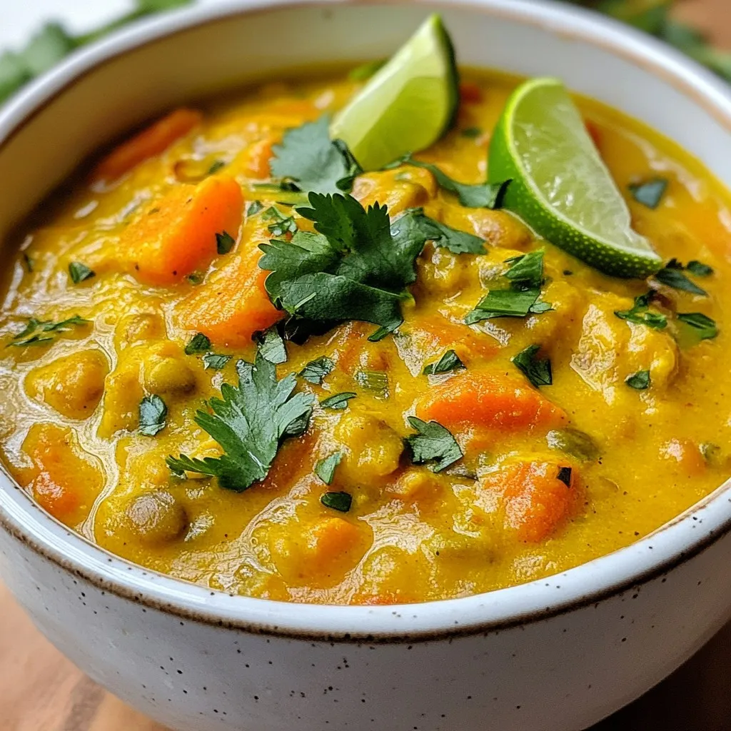 For a rich and tasty Coconut Curry Lentil Soup, gather the following ingredients: - 1 cup red lentils, thoroughly rinsed and drained - 1 can (14 oz) coconut milk, full-fat for creaminess - 1 medium onion, finely chopped - 2 cloves garlic, minced - 1 tablespoon fresh ginger, grated - 1 tablespoon yellow curry powder, adjust for spice preference - 1 teaspoon ground cumin - 1 teaspoon turmeric powder - 1 medium carrot, peeled and diced - 1 cup diced tomatoes, canned or fresh - 4 cups vegetable broth, low-sodium preferred - 1 tablespoon olive oil, can substitute with coconut oil for additional flavor - Salt and freshly ground black pepper to taste - Fresh cilantro leaves for garnish - Lime wedges for serving Each ingredient plays a key role in making the soup hearty and flavorful. The red lentils provide protein, while coconut milk adds creaminess. Fresh veggies like onion, garlic, ginger, carrot, and tomatoes bring depth and color. The spices, including yellow curry powder, ground cumin, and turmeric, create a warm and inviting flavor. The vegetable broth serves as the base, keeping the soup light yet satisfying. Don't forget the oil for cooking and seasoning to taste. Finally, fresh cilantro and lime wedges brighten the dish when serving. Enjoy every bite! {{ingredient_image_2}} 1. Cooking the aromatics: Start by heating the olive oil in a large pot over medium heat. Once hot, add the chopped onion. Sauté for 5-7 minutes. The onions should look soft and golden. Stir often to keep them from burning. 2. Adding spices and sautéing: After the onions are ready, add the minced garlic and grated ginger. Cook for 1-2 minutes. You want the mix to smell fragrant. Then, sprinkle in the yellow curry powder, ground cumin, and turmeric. Stir well. Cook for about 1 minute. This step wakes up the spices and fills your kitchen with amazing smells. 3. Incorporating lentils and vegetables: Now, add the diced carrot. Sauté for 3-4 minutes until it starts to soften. Next, toss in the rinsed red lentils and diced tomatoes. Mix everything well. This will create a beautiful base for your soup. 1. Pouring in liquids: It’s time to add the vegetable broth and coconut milk. Pour them in and stir gently. This will make your soup creamy and rich. 2. Adjusting heat and cooking time: Increase the heat a bit to bring the soup to a gentle simmer. Once it starts bubbling, lower the heat to keep it simmering slowly. Cover the pot and let it cook for 20-25 minutes. Stir now and then to keep the lentils from sticking to the pot. 3. Checking for tenderness: After 20-25 minutes, check the lentils. They should be tender. If they need more time, let them simmer a bit longer. The soup will thicken as it cooks. 1. Seasoning the soup: Taste the soup. Add salt and black pepper to your liking. This is your chance to make it perfect. 2. Adjusting consistency: If the soup seems too thick, add more broth or water. Do this one ladle at a time until it’s just right for you. 3. Serving suggestions: Ladle the soup into deep bowls. Top with fresh cilantro and serve with lime wedges. The lime juice will add a nice zing. Enjoy your delicious Coconut Curry Lentil Soup! - Preventing sticking during cooking: Stir the soup often. This helps keep the lentils from sticking to the pot. Use a non-stick pot if you have one. - Adjusting spice levels: Start with one tablespoon of yellow curry powder. Taste the soup as it cooks. If you want more heat, add more curry powder or some chili flakes. - Enhancing creaminess: Use full-fat coconut milk. This gives the soup a rich texture. You can also blend a portion of the soup for a creamier finish. - Presentation ideas: Serve the soup in deep bowls. The bright orange color looks great! Top with fresh cilantro and lime wedges for a pop of color. - Accompaniments: Pair the soup with warm naan bread or fluffy rice. This makes the meal more filling and satisfying. - Boosting nutrient profile: Add a handful of fresh spinach or kale. Stir them in during the last few minutes of cooking. This adds vitamins and minerals without changing the flavor much. - Making it a complete meal: Serve the soup with a side salad or some roasted vegetables. This adds more fiber and nutrients, making your meal balanced and healthy. Pro Tips Choose the Right Lentils: While red lentils are perfect for this soup, you can experiment with green or brown lentils for a different texture and flavor profile. Just note that cooking times may vary. Enhance the Creaminess: For an even creamier texture, add an extra half can of coconut milk or a dollop of almond or cashew cream before serving. Customize the Spice Level: Adjust the amount of yellow curry powder according to your spice preference. For more heat, consider adding a pinch of cayenne pepper or a small diced chili. Store and Reheat: This soup stores well in the fridge for up to 5 days. When reheating, add a splash of broth or water to maintain the desired consistency. {{image_4}} You can mix up the lentils in this soup. Try using green or brown lentils. You might also switch to beans like chickpeas or black beans for a different taste. For veggies, think outside the box. Spinach or bell peppers add color and nutrients. Feel free to toss in what you have on hand! Want a kick? Add chili flakes or fresh peppers for heat. You can also balance flavors. Coconut sugar or diced carrots add a sweet touch. This will make the soup even more tasty and fun! Making this soup vegan is easy. Just ensure your vegetable broth is plant-based. You can also use coconut oil instead of olive oil. For gluten-free options, check your broth and spices. Most are safe, but it's good to double-check. Enjoy your coconut curry lentil soup without worry! Store any leftover soup in a sealed container. Make sure it cools down first. The soup stays fresh in the fridge for about three to four days. If you see any signs of spoilage, like off smells or mold, throw it away. To freeze coconut curry lentil soup, let it cool completely. Pour the soup into freezer-safe bags or containers. Leave some space for expansion as it freezes. It can freeze well for up to three months. When you want to eat it, thaw it in the fridge overnight. For reheating, warm it on the stove over low heat. Stir often to keep it from sticking. You can also use a microwave, heating it in short bursts. Leftover soup can be fun! You can use it as a sauce over rice or quinoa. Add cooked grains for a hearty lunch. Blend the soup for a creamy dressing for salads. You can also mix it with some sautéed veggies for a quick stir-fry. Let your creativity flow! Coconut Curry Lentil Soup lasts about 4 to 5 days in the fridge. Store it in an airtight container. This keeps it fresh and safe to eat. Yes, you can make this soup ahead of time. It tastes even better the next day. The flavors blend well as it sits. Just reheat it gently on the stove. I love serving this soup with crusty bread or rice. You can also pair it with a fresh salad. Adding lime wedges brings a nice zing to every bite. Coconut Curry Lentil Soup is very healthy. Lentils provide protein and fiber. Coconut milk adds creaminess and healthy fats. The spices offer many health benefits too. This soup is a great option for a balanced meal. This blog post covered how to make delicious Coconut Curry Lentil Soup. We discussed key ingredients, from red lentils to fresh produce. I outlined easy step-by-step cooking instructions and shared tips for enhancing flavor and nutrition. We also explored variations and storage methods for leftovers. In short, this soup is versatile, healthy, and perfect for any meal. You can enjoy it fresh or as leftovers. Try it out, and make it your own!
