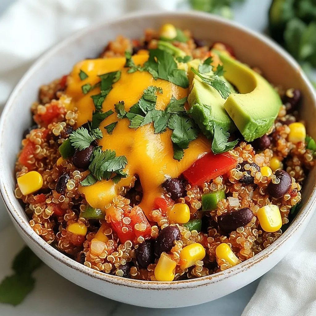 - 1 cup quinoa (rinsed) - 2 cups vegetable broth - 1 tablespoon olive oil - 1 small onion (finely diced) - 2 cloves garlic (minced) - 1 red bell pepper (diced) - 1 can black beans (drained and rinsed) - 1 can sweet corn kernels (drained) - 1 can diced tomatoes with green chilies (undrained) - 1 tablespoon chili powder - 1 teaspoon ground cumin - ½ teaspoon smoked paprika - Salt and pepper to taste - 1 cup shredded cheddar cheese - Fresh cilantro for garnish - Ripe avocado slices To make my Tex-Mex Quinoa Skillet, I gather these simple ingredients that create a burst of flavor. First, I rinse the quinoa to remove any bitterness. Next, I grab vegetable broth to cook the quinoa. Olive oil adds a nice richness to the dish and helps sauté the veggies. For the veggies, I finely dice a small onion and mince two cloves of garlic. A red bell pepper adds sweetness and color. I always keep canned goods on hand, like black beans and corn, which are packed with nutrients. Diced tomatoes with green chilies add a bit of spice and juiciness. I season the dish with chili powder, cumin, smoked paprika, salt, and pepper for depth. If I want to make it extra special, I top it with shredded cheddar cheese, fresh cilantro, or creamy avocado slices. These toppings not only enhance the taste but also make the dish look inviting. This combination of ingredients makes each bite a delightful experience. {{ingredient_image_2}} - Start by combining 1 cup of rinsed quinoa and 2 cups of vegetable broth in a medium saucepan. - Bring it to a boil over medium-high heat. - Once it boils, reduce the heat to low. Cover the pan and let it simmer for about 15 minutes. - When done, the quinoa should be fluffy and all the liquid should be absorbed. - Remove it from heat and let it sit uncovered for a few minutes. - In a large skillet, heat 1 tablespoon of olive oil over medium heat. - Add 1 small diced onion and sauté for 3 to 4 minutes until it turns translucent. - Then, add 2 minced garlic cloves and 1 diced red bell pepper. - Cook for another 2 to 3 minutes until the bell pepper is soft. - Now, stir in 1 can of black beans, 1 can of sweet corn, and 1 can of diced tomatoes with green chilies, including the juice. - Sprinkle in 1 tablespoon of chili powder, 1 teaspoon of ground cumin, and ½ teaspoon of smoked paprika. - Mix everything well and cook for about 5 minutes. This helps the flavors blend nicely. - Carefully fold the cooked quinoa into the skillet mixture. - Season it with salt and freshly cracked pepper to taste. - Stir everything together and heat until it’s piping hot. - If you want, sprinkle 1 cup of shredded cheddar cheese over the top. - Cover the skillet with a lid for a couple of minutes to melt the cheese. - Dish out the Tex-Mex quinoa skillet onto plates. - Garnish with fresh cilantro and add slices of ripe avocado on top for a creamy finish. Start by rinsing your quinoa. This step helps remove the bitter coating called saponin. Rinse it in a fine mesh strainer under cold water for about 30 seconds. This simple action improves the texture. Each brand of quinoa may need a different amount of liquid. If your brand suggests using more or less broth, adjust it. This helps ensure your quinoa cooks perfectly every time. Want more kick? Add extra spices or a splash of hot sauce to the mix. You can also try fresh lime juice. A squeeze of lime brightens the dish. It adds a zesty flavor that makes every bite exciting. Don't be afraid to experiment with flavors! Serving your dish in colorful bowls makes it pop! Use bright colors to create an inviting plate. It’s fun and makes the meal feel special. Adding lime wedges on the side gives a nice touch. This not only looks great but also allows guests to add more lime if they wish. A vibrant presentation enhances the dining experience! Pro Tips Rinse Your Quinoa: Always rinse quinoa before cooking to remove its natural coating, called saponin, which can impart a bitter taste. Customize Your Veggies: Feel free to add or substitute other vegetables like zucchini, spinach, or jalapeños to customize the flavor and nutrition. Make It Ahead: This Tex-Mex skillet can be made ahead of time and stored in the refrigerator for up to 4 days, making it perfect for meal prep. Spice Adjustments: Adjust the level of spiciness by increasing or decreasing the chili powder and adding fresh jalapeños or hot sauce as desired. {{image_4}} You can change up the protein in your Tex-Mex quinoa skillet. Adding cooked chicken or turkey gives it a hearty touch. If you prefer plant-based options, tofu works great too. You can also swap black beans for pinto or kidney beans. This keeps the dish fresh and exciting. If you're going vegetarian or vegan, there's an easy fix. Just skip the cheese or try plant-based cheese instead. This keeps the flavors while sticking to your diet. Always check that canned goods are vegan-friendly. It’s a simple step that makes a big difference. You can also switch the grain for a new twist. Brown rice or quinoa blends make a nice base. For a lower-carb option, try cauliflower rice. This keeps your meal light but still packed with flavor. Each grain brings its own texture, so pick what you like best! Store any leftovers in an airtight container. This keeps them fresh and tasty. For best flavor, eat the dish within 3-4 days. Check for any signs of spoilage before enjoying your meal. You can freeze portions for easy meal prep. Divide the skillet into single servings and place them in freezer-safe containers. When you want to eat, thaw overnight in the fridge. This helps keep the texture nice and prevents sogginess. For a quick method, use the microwave. Heat for 1-2 minutes or until warm. Stir halfway to ensure even heating. For a stovetop option, add a splash of water to the skillet. Heat on low, stirring often, until everything is hot. This method keeps the dish's texture just right. Total time is approximately 30 minutes. This includes cooking the quinoa and sautéing the veggies. Yes, rice or cauliflower rice work well. Both options give a nice texture and taste. Yes, all ingredients are gluten-free. You can enjoy this dish without worry. Add more chili powder or diced jalapeños. You can adjust the heat to your taste. Suggestions for sides include guacamole, salsa, or tortilla chips. These add extra flavor and fun! This Tex-Mex Quinoa Skillet is easy to make and full of flavor. Start with quinoa and broth, then sauté fresh veggies. Mix in black beans, corn, and spices. Finish with melting cheese on top. You can make it your own with different proteins or by changing grains. Leftovers store well in the fridge or freezer. Enjoy a colorful, tasty meal that fits your diet. With simple steps and tasty options, this dish is a win for dinner!