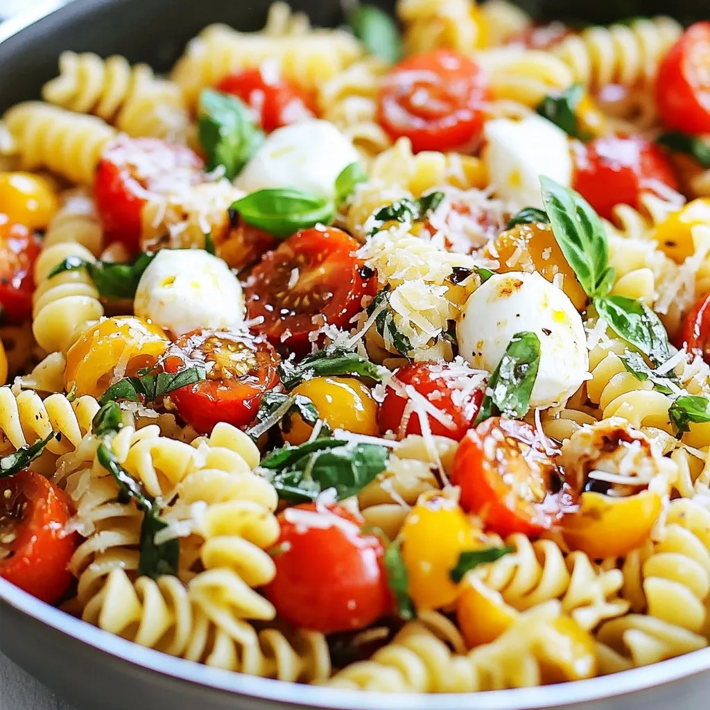 - 8 ounces fusilli or penne pasta - 2 tablespoons extra virgin olive oil - 2 cloves garlic, finely minced - 1 pint cherry tomatoes, halved - 8 ounces fresh mozzarella balls, cut in half - 1 cup fresh basil leaves, roughly torn - 1 teaspoon balsamic glaze - Sea salt and freshly cracked black pepper, to taste - Freshly grated Parmesan cheese, for serving You can swap fusilli or penne with any pasta you like. Spaghetti or rotini work well too. For olive oil, use canola oil or avocado oil if needed. If you can't find fresh mozzarella, try using shredded mozzarella or even feta cheese for a tangy twist. Cherry tomatoes can be replaced with grape tomatoes or any diced tomatoes if that's what you have. Fresh basil is lovely, but you can also use dried basil in a pinch. Just use less. If you want a sweeter touch, replace the balsamic glaze with a drizzle of honey or maple syrup. This dish serves four and offers a balanced meal. Each serving contains about: - Calories: 450 - Protein: 15g - Carbohydrates: 55g - Fats: 20g - Fiber: 3g - Sugars: 4g These numbers can vary based on your ingredient choices and portions. Adjust to fit your dietary needs. Enjoy this meal knowing it’s tasty and nutritious! {{ingredient_image_2}} Start by filling a large skillet with water. Bring the water to a rolling boil. Add a good pinch of sea salt to the water. Cook the pasta until it is al dente, which means it should be firm but not hard. This usually takes about 8 to 10 minutes. Once the pasta is done, drain it and set it aside for later. In the same skillet, pour in two tablespoons of extra virgin olive oil. Heat it over medium heat. Add two cloves of finely minced garlic. Sauté the garlic for about one minute until it smells great but does not brown. Next, toss in one pint of halved cherry tomatoes. Cook these for about 4 to 5 minutes. Stir them occasionally until they soften and start to burst. Now it’s time to mix everything together. Gently fold in the drained pasta into the skillet. Add the halved mozzarella balls and half of the roughly torn basil leaves. Stir everything well to combine. Season the mix with sea salt and freshly cracked black pepper to taste. Drizzle one teaspoon of balsamic glaze over the pasta, and toss everything one more time. This step adds a nice touch of sweetness. Finally, remove the skillet from the heat to keep the dish fresh and vibrant. To cook perfect pasta, use a large pot with plenty of water. Add a good pinch of sea salt before boiling. This helps bring out the pasta's flavor. Stir the pasta in the pot every few minutes. Cook it until it's al dente. This means it should be firm but not hard. Drain the pasta quickly to keep it from getting mushy. For a fun serving style, keep the pasta in the skillet. Let everyone help themselves. If you want a fancier look, plate the pasta in bowls. Add a fresh basil leaf on top for color. Finish with a sprinkle of Parmesan cheese. This makes the dish look and taste amazing! You can change this dish to suit your tastes. If you want a kick, add crushed red pepper flakes. For a creamier dish, mix in a little heavy cream. If you need it gluten-free, use gluten-free pasta. Want it vegan? Skip the cheese and use plant-based options. The best part is you can create your own version! Pro Tips Choose the Right Pasta: Opt for fusilli or penne as they hold the sauce beautifully, ensuring every bite is flavorful. Fresh Ingredients Matter: Use the freshest mozzarella and basil you can find, as they significantly enhance the dish's overall flavor. Control the Heat: Be careful not to overcook the garlic; sauté it just until fragrant to avoid bitterness. Presentation is Key: Serving the pasta in the skillet offers a rustic charm, while individual plating can add an elegant touch for special occasions. {{image_4}} You can easily make this dish gluten-free. Use gluten-free pasta made from rice or corn. Just cook it as you would regular pasta. The flavors of the dish will still shine through. To make this dish vegan, skip the mozzarella and Parmesan. Instead, use vegan cheese or nutritional yeast for a cheesy taste. You can also add extra veggies like spinach or zucchini for more nutrients. Want to kick up the flavor? Try adding crushed red pepper flakes for some heat. A squeeze of lemon juice adds brightness. You can even mix in olives or sun-dried tomatoes for a twist. Each of these options will enhance the dish and make your meal unique. I love enjoying Caprese Pasta Skillet fresh, but leftovers are a treat too. To store, let the pasta cool to room temperature. Then, place it in an airtight container. It can stay in the fridge for up to three days. Make sure to cover it well to keep the flavors fresh. When it's time to enjoy leftovers, you can reheat them easily. The best way is to use a skillet. Heat a little olive oil over medium heat. Add the pasta, stirring gently until it's warm. You can also use a microwave. Just place the pasta in a microwave-safe bowl. Heat it in short bursts, stirring in between, until hot. If you want to save Caprese Pasta Skillet for later, it freezes well. Place cooled pasta in a freezer-safe container. It can last up to three months in the freezer. When you are ready to eat, thaw it overnight in the fridge. Reheat as mentioned before for the best taste. You can use fusilli or penne pasta for this dish. Both shapes hold sauce well. Fusilli twists grab the sauce perfectly. Penne offers a nice bite with its tubular shape. Choose whichever pasta you like best! Yes, you can prepare this dish ahead of time. Cook the pasta and mix it with the sauce. Store it in the fridge for up to two days. When ready to serve, just reheat it gently. Caprese Pasta can last in the fridge for about three days. Make sure to store it in an airtight container. This keeps it fresh and tasty for your next meal. You can serve a simple green salad as a side dish. A fresh arugula salad with a lemon dressing works well. Garlic bread also pairs nicely if you want something warm and crunchy. Yes, you can use balsamic vinegar as a substitute. Just drizzle a little more than the glaze. If you want a sweeter option, try honey or maple syrup mixed with vinegar. This gives a nice flavor twist! This blog post covered how to make a tasty Caprese Pasta Skillet. We discussed the best ingredients and substitutes, plus shared nutritional info. I provided detailed steps for cooking, tips for perfect pasta, and ideas for serving. You learned about gluten-free and vegan options, ensuring everyone can enjoy this dish. Lastly, we discussed how to store leftovers and answered common questions. With these insights, you can create a delicious meal that meets different tastes and needs. Enjoy your cooking!