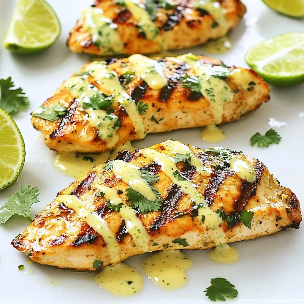 To make Coconut Lime Chicken, gather these main items: - 4 boneless, skinless chicken breasts - 1 cup coconut milk - 1 lime (zested and juiced) - 2 tablespoons honey - 2 cloves garlic, finely minced - 1 teaspoon fresh ginger, grated - 1/2 teaspoon red pepper flakes - Salt and freshly ground black pepper to taste These ingredients create a bright and fresh dish. The chicken absorbs the coconut and lime flavors well. The marinade is key to this recipe. It brings all the flavors together. You mix coconut milk, lime juice, lime zest, honey, minced garlic, grated ginger, and red pepper flakes. Whisk until smooth. Add salt and pepper to taste. This marinade tenderizes the chicken and infuses it with a tropical flavor. Garnish your Coconut Lime Chicken with fresh cilantro. It adds color and freshness. Serve with lime wedges for an extra zing. For a complete meal, place the chicken over fluffy jasmine rice or pair it with a colorful salad. This elevates the dish and enhances the dining experience. {{ingredient_image_2}} Start by making the marinade. In a mixing bowl, combine 1 cup of coconut milk, the juice and zest of 1 lime, and 2 tablespoons of honey. Add 2 cloves of minced garlic, 1 teaspoon of grated ginger, and 1/2 teaspoon of red pepper flakes. Sprinkle in some salt and pepper. Whisk until smooth. Next, take 4 boneless, skinless chicken breasts and place them in a resealable bag or shallow dish. Pour the marinade over the chicken. Ensure each piece is well-coated. Seal the bag or cover the dish with plastic wrap. Place it in the fridge for at least 1 hour or up to 4 hours for more flavor. Now it’s time to cook. Preheat your grill or a non-stick skillet over medium heat. After marinating, remove the chicken from the bag. Let any extra marinade drip off. Discard the leftover marinade. Place the chicken on the grill or skillet. Cook for about 6-7 minutes on each side. Use a meat thermometer to check. The chicken should reach 165°F (75°C) and look golden brown. Once cooked, transfer the chicken to a cutting board. Let it rest for about 5 minutes. This helps keep the juices in. After resting, slice the chicken into pieces for serving. For a stunning presentation, arrange the sliced chicken on a platter. Drizzle with any leftover coconut sauce if you have it. Top with chopped cilantro and serve with lime wedges for a fresh burst of flavor. Enjoy your meal! To get the best flavor, use fresh lime juice and zest. The lime adds bright notes to the dish. Honey helps balance the tartness, creating a sweet and tangy taste. Adjust red pepper flakes based on your spice level. You want to feel a little heat but not overpower the chicken. Always taste the marinade before adding it to the chicken. This lets you tweak the flavors to your liking. Cook the chicken over medium heat. This helps it cook evenly without burning. Use a meat thermometer to check for doneness. The chicken should reach 165°F (75°C). If you don’t have a thermometer, cut into the chicken. The juices should run clear, and the meat should be opaque. Letting the chicken rest for five minutes is key. This step locks in juices, making the chicken tender and juicy. For a beautiful presentation, slice the chicken and arrange it on a platter. Drizzle with any leftover coconut sauce for extra flavor. Sprinkle fresh cilantro on top for a pop of color. Serve with lime wedges on the side. They add a fresh touch and let guests add more lime if they want. For a fancy look, serve it over fluffy jasmine rice or with a bright salad. This makes the dish more colorful and inviting. Pro Tips Marination Time: The longer you marinate the chicken, the more flavorful it will be. Aim for at least 4 hours, or overnight for the best results. Grilling Technique: Make sure your grill is hot before adding the chicken. This helps achieve a nice sear and prevents the chicken from sticking. Resting Period: Let the chicken rest after cooking. This allows the juices to redistribute, ensuring each bite is juicy and tender. Serving Suggestions: For a complete meal, serve the chicken with coconut rice or a fresh salad, and don’t forget the lime wedges for an extra zing! {{image_4}} You can easily add vegetables to your Coconut Lime Chicken. This not only boosts flavor but also adds color and nutrients. Consider using bell peppers, zucchini, or snap peas. Simply slice them and toss them in the marinade with the chicken. They will cook quickly and soak up that delicious coconut and lime taste. This dish becomes a full meal with vibrant veggies. If you like heat, try making Spicy Coconut Lime Chicken. You can add more red pepper flakes or even diced jalapeños. You can also use a spicy sauce like Sriracha. Mix it into the marinade for a kick that pairs well with the coconut and lime. This version brings a fun twist to the dish. You can also bake Coconut Lime Chicken if you prefer that method. Preheat your oven to 400°F (200°C). Place the marinated chicken in a baking dish. Bake for about 25-30 minutes until the chicken is fully cooked. Check with a meat thermometer for 165°F (75°C). Baking gives the chicken a juicy texture and keeps the flavors locked in. After enjoying your Coconut Lime Chicken, let it cool down. Place leftovers in an airtight container. Refrigerate them for up to three days. If you want to keep it longer, freezing is a great option. To reheat, use the oven or a skillet for the best taste. Preheat your oven to 350°F (175°C). Bake the chicken for 15-20 minutes. If using a skillet, heat it over medium heat. Add a splash of coconut milk to keep it moist. Cook for about 5-7 minutes, flipping halfway through. If you plan to freeze, wrap each piece tightly in plastic wrap. Then place them in a freezer bag. This method helps avoid freezer burn. Use within three months for the best flavor. To thaw, move the chicken to the fridge overnight before reheating. Yes, you can use bone-in chicken. It adds more flavor. The cooking time will change. Bone-in pieces often need a bit longer to cook. Make sure the internal temperature reaches 165°F (75°C). This way, the chicken stays juicy and safe to eat. Coconut milk gives a rich taste, but you can substitute it. Almond milk or soy milk works well. You can also use chicken broth for a different flavor. If you want creaminess, try heavy cream or plain yogurt. These options will change the taste, but they can still be tasty. To add spice, use more red pepper flakes. You can also include fresh chopped chili. Another option is to mix in hot sauce with the marinade. Adjust the spice level to fit your taste. Start with a small amount and add more if needed. Coconut Lime Chicken is great for meal prep. The chicken stays moist and flavorful after cooking. You can store it in the fridge for up to four days. Just reheat it gently. It also freezes well. Make sure to wrap it tightly to avoid freezer burn. This dish is perfect for quick meals later on. This blog post covered how to make Coconut Lime Chicken using the best ingredients. You learned about marinating, cooking methods, and serving tips. I shared helpful tricks for flavor and presentation, plus tasty variations. We also discussed storing leftovers and reheating them well. Coconut Lime Chicken is both easy and fun to make. Try it today to enjoy this delicious dish with friends or family!