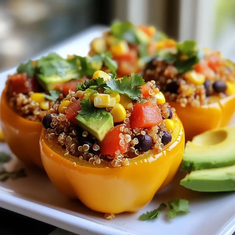 - 4 large bell peppers - 1 cup quinoa - 2 cups vegetable broth - 1 can black beans - 1 cup corn - 1 cup diced tomatoes - 1 small onion - 2 cloves garlic - Spices: cumin, smoked paprika, chili powder - Garnishes: cilantro, avocado - Seasoning: salt and black pepper For this dish, I love using vibrant bell peppers. They add color and flavor. You can pick any color you like, such as red, yellow, or green. Quinoa is the star of the filling. It is packed with protein and very filling. The vegetable broth gives it a nice taste. Black beans add a creamy texture. They are also a great source of fiber. Corn adds sweetness and crunch. Diced tomatoes bring juiciness. They make the filling moist and delicious. For aromatics, I use a small onion and garlic. They enhance flavor and aroma. The spices—cumin, smoked paprika, and chili powder—bring warmth and depth. Adjust the spice levels to fit your taste. Finally, fresh cilantro and avocado elevate the dish. Cilantro adds a burst of freshness. Avocado brings creaminess and richness. This combination makes each bite special. {{ingredient_image_2}} Start by preheating your oven to 375°F (190°C). This step is key. Preheating helps cook the peppers evenly. It also ensures a nice roasted finish on top. To cook quinoa, bring 2 cups of vegetable broth to a boil in a medium saucepan. Rinse 1 cup of quinoa under cold water. Add the quinoa to the boiling broth. Lower the heat and cover the pot. Let it simmer for about 15 minutes. The quinoa is done when all the liquid is absorbed and it looks fluffy. If you want, you can also cook quinoa in a rice cooker. Just follow the same water-to-quinoa ratio. While the quinoa cooks, prepare your bell peppers. Take 4 large bell peppers and carefully slice the tops off. Remove the seeds and membranes inside. This makes room for the filling. Arrange the hollowed peppers upright in a baking dish. This helps them stay standing during baking. In a large skillet, add a splash of olive oil over medium heat. Add 1 finely chopped onion and 2 minced garlic cloves. Sauté them together for about 3 to 4 minutes. You want the onion to be soft and translucent. This step adds a lot of flavor to your dish. Once the onion and garlic are ready, it’s time to mix the filling. Add the cooked quinoa, 1 can of rinsed black beans, 1 cup of corn, and 1 cup of diced tomatoes to the skillet. Also, add 1 teaspoon of ground cumin, 1 teaspoon of smoked paprika, ½ teaspoon of chili powder, salt, and black pepper. Stir everything well to combine. Cook for another 5 minutes to heat through. This ensures every bite is full of flavor. Now for the fun part! Generously spoon the filling into each bell pepper. Press down slightly to pack it in well. If you have leftover filling, spread it around the peppers in the baking dish. Cover the dish with aluminum foil. This keeps moisture in while baking. Bake in your preheated oven for 25 to 30 minutes. The peppers should be tender when done. After that, remove the foil and bake for another 10 minutes. This gives the tops a lovely roasted look. To cook quinoa just right, avoid common mistakes. Rinse the quinoa well before cooking. This removes the bitter outer coating. Use a ratio of one cup of quinoa to two cups of liquid. I prefer vegetable broth for added flavor. Bring the broth to a boil, then reduce to a simmer. Cover and let it cook for about 15 minutes. The quinoa will be fluffy when done. If you see liquid left, cook for a few more minutes. Flavoring quinoa can elevate your dish. Add herbs, spices, or even a splash of lemon juice. This simple step can make a big difference. You can easily customize the heat of your stuffed peppers. Start with less chili powder and add more to taste. If you enjoy bold flavors, consider adding jalapeños or cayenne pepper. For a different twist, try paprika or curry powder for warmth. Alternative spices can change the flavor profile. Cumin adds earthiness, while smoked paprika gives a nice smoky touch. Don't be afraid to experiment and find your perfect mix. If you need gluten-free options, replace quinoa with rice or millet. For a soy-free choice, use lentils or chickpeas instead of beans. These options keep the filling hearty and nutritious. You can also switch up legumes or grains. Try farro, barley, or even bulgur for a different texture. Each option brings its unique flavor and adds variety to your meal. Pro Tips Choose Colorful Peppers: Using a mix of bell pepper colors not only enhances the visual appeal but also adds a variety of nutrients to your dish. Quinoa Cooking Tip: Rinse quinoa well before cooking to remove any bitterness from the saponins on its surface, resulting in a cleaner flavor. Season to Taste: Always taste the filling before stuffing the peppers; adjust the seasonings if necessary to ensure maximum flavor. Make Ahead: Prepare the filling in advance and store it in the fridge. Stuff the peppers just before baking for an easy weeknight dinner. {{image_4}} You can change the filling to suit your taste. Consider adding more veggies like spinach or zucchini. You might also try nuts such as walnuts or almonds for extra crunch. For a protein boost, you can switch up the beans. Instead of black beans, use kidney beans or chickpeas. You can also add grains like brown rice or farro for a heartier meal. If you want a Southwestern twist, add jalapeños for heat and lime for freshness. The spice will kick up the flavor nicely. You can also sprinkle some cilantro on top for added zest. For a Mediterranean flair, use couscous instead of quinoa. Mix in herbs like parsley or oregano to elevate the taste. This version is fresh and bright, perfect for summer meals. Pair your stuffed peppers with a tasty sauce or dip. A creamy avocado sauce or a zesty salsa works great. These will enhance the flavors and add a nice touch. You can serve the peppers with a side salad or some roasted veggies. A simple green salad will balance the meal nicely. This makes for a colorful and nutritious plate. To keep your stuffed peppers fresh, use an airtight container. Glass containers work best. Place the peppers in the container after they cool. You can store them in the fridge for up to five days. Make sure to cover them well to prevent drying out. To freeze stuffed peppers, wrap each one tightly in plastic wrap. Then, place them in a freezer-safe bag or container. Label the bag with the date. You can freeze them for up to three months. When you’re ready to eat, take them out and let them thaw in the fridge overnight. Reheat stuffed peppers in the oven for the best texture. Preheat your oven to 350°F (175°C). Place the peppers in a baking dish and cover with foil. This keeps them moist. Heat for about 20-25 minutes. Avoid microwaving, as it can make them soggy. Enjoy your meal warm and tasty! Yes, you can make stuffed peppers ahead of time. Prepare the filling and stuff the peppers. Then, store them in the fridge for up to 24 hours. When ready to cook, just pop them in the oven. If you want, you can also freeze them. Wrap each pepper in foil and place them in a freezer-safe bag. They will last up to three months. When you want to eat them, thaw in the fridge overnight, then bake as usual. If you need a substitute for quinoa, try rice, farro, or couscous. Cooked rice takes about 15-20 minutes. Farro usually cooks in 30-40 minutes, while couscous cooks in just 5 minutes. Each option will bring a different texture and taste to your peppers but will still be delicious! Stuffed peppers are indeed healthy. They contain a variety of nutrients. Bell peppers are high in vitamins A and C. Quinoa is a great source of protein and fiber. Black beans add even more protein and fiber. Corn brings in vitamins and minerals too. This dish is low in fat and packed with good things. You can use different types of peppers! Each type has its own flavor. Green peppers have a more bitter taste, while red and yellow are sweeter. You can also use smaller peppers like jalapeños for a spicy kick. Just remember that cooking times may vary. Smaller peppers may cook faster, while larger ones might need more time in the oven. Toppings can make your stuffed peppers even better. Fresh cilantro adds a bright taste. Slices of avocado give a creamy texture. You can also add a drizzle of lime juice for a zesty touch. If you enjoy a bit of heat, try adding jalapeños. For a crunchy finish, sprinkle some crushed tortilla chips on top before serving. In this article, we explored how to make delicious stuffed peppers using wholesome ingredients. We covered everything from gathering the right materials to prepping, cooking, and storing your dish. Remember, the beauty of this recipe lies in its flexibility. You can customize the filling or change the spices to fit your taste. Stuffed peppers can be a healthy and fun meal for your family. Enjoy experimenting with this straightforward recipe!