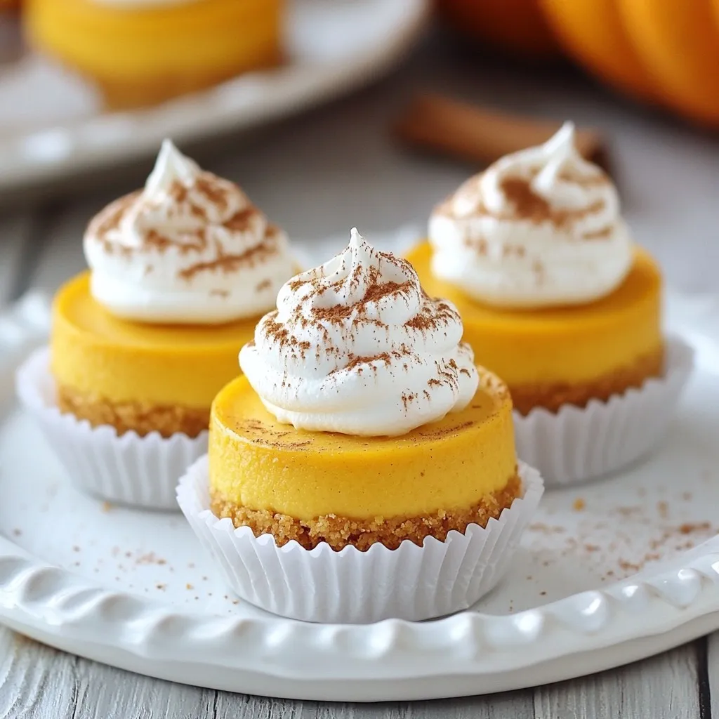 - 1 cup graham cracker crumbs - 1/4 cup granulated sugar (for crust) - 1/4 cup unsalted butter, melted - 12 oz cream cheese, softened - 1/2 cup pumpkin puree - 1/2 cup granulated sugar (for filling) First, you need the main ingredients. The graham cracker crumbs form a tasty crust. The sugar adds sweetness, while melted butter binds it all together. Cream cheese gives the cake its rich, creamy texture. Pumpkin puree brings that autumn touch and flavor. Finally, a bit more sugar sweetens the filling. - 2 large eggs - 1 teaspoon vanilla extract - 1 teaspoon ground cinnamon - 1/2 teaspoon ground nutmeg - 1/4 teaspoon ground ginger - 1/4 teaspoon salt Next, we add spices and flavorings. The eggs help the filling set and add richness. Vanilla extract enhances the flavors. Ground cinnamon gives warmth, and nutmeg adds depth. Ground ginger adds a slight kick. A pinch of salt balances the sweetness. - Whipped cream for topping - Ground cinnamon for garnish Lastly, optional toppings make it special. Whipped cream adds lightness and creaminess. A sprinkle of ground cinnamon on top makes it pretty and adds more flavor. You can get creative with the toppings to make them your own! {{ingredient_image_2}} 1. Preheat your oven to 325°F (160°C). This step warms the oven for even baking. 2. In a bowl, mix 1 cup of graham cracker crumbs, 1/4 cup of granulated sugar, and 1/4 cup of melted unsalted butter. Use your hands or a fork to blend until it feels like wet sand. 3. Take about 1 tablespoon of this mixture and press it into the bottom of each paper liner in your muffin tin. Make sure it is compact and even. 1. In a clean bowl, use an electric mixer to beat 12 oz of softened cream cheese until it is smooth. You want it creamy without lumps. 2. Add 1/2 cup of pumpkin puree, 1/2 cup of granulated sugar, 2 large eggs, and 1 teaspoon of vanilla extract to the cream cheese. Sprinkle in 1 teaspoon of ground cinnamon, 1/2 teaspoon of ground nutmeg, 1/4 teaspoon of ground ginger, and 1/4 teaspoon of salt. 3. Mix everything on low speed until it is silky smooth. This step brings all the flavors together. 1. Carefully spoon the filling into each prepared crust. Fill each cup about three-quarters full. 2. Bake in your preheated oven for 18-20 minutes. The centers should look set but still jiggle a little when you shake the pan. 3. After baking, turn off the oven and open the door slightly. Let the cheesecakes cool inside the oven for about 10 minutes. This helps prevent cracks. 1. Once cooled, take out the cheesecakes and let them cool to room temperature. 2. Place them in the fridge for at least 2 hours. This helps set the filling perfectly. 3. When ready to serve, top each cheesecake with whipped cream and sprinkle with ground cinnamon. Enjoy the festive taste! To make your filling creamy, use room temperature ingredients. Cold cream cheese will stay lumpy. So, take it out of the fridge at least 30 minutes before mixing. When you beat the cream cheese, do so until it's very smooth. This ensures no lumps. You want a silky texture for the perfect cheesecake. Baking your mini cheesecakes can be tricky. You must avoid overbaking them. Overbaked cheesecakes can crack and dry out. To check for doneness, gently shake the pan. The centers should jiggle slightly. If they look set but still have a wobble, they are done. Once out of the oven, let them cool slowly to avoid cracks. For a beautiful display, arrange your mini cheesecakes on a nice platter. You can add a drizzle of caramel for extra sweetness. This not only tastes great but also looks stunning. To make them even prettier, consider adding a small cinnamon stick or a sprinkle of nutmeg on top. These small touches create a warm, autumn feel. Pro Tips Use Room Temperature Ingredients: Ensure your cream cheese and eggs are at room temperature for a smoother filling without lumps. Don’t Overmix: When adding the eggs to the filling, mix just until combined to prevent cracks in your cheesecakes. Chill Before Serving: Allow the mini cheesecakes to chill thoroughly in the refrigerator for at least 2 hours for the best texture and flavor. Customize Toppings: Experiment with different toppings like caramel sauce, chocolate drizzle, or even crushed nuts for added texture and flavor. {{image_4}} You can change the flavor of your mini pumpkin cheesecakes in fun ways. Try adding chocolate or caramel to the filling. This adds a rich sweetness that pairs well with pumpkin. Just swirl in melted chocolate or caramel before baking. You can also play with spices for more flavor. Along with cinnamon, nutmeg, and ginger, try adding allspice or cardamom. These spices add warmth and complexity. Experimenting with flavors makes each cheesecake unique and exciting. If you or your guests have dietary needs, you can still enjoy these cheesecakes. For a gluten-free crust, use crushed gluten-free cookies or almond flour. Mix these with melted butter and sugar just like the regular crust. For a vegan-friendly option, substitute cream cheese with a plant-based cream cheese. Use flax eggs instead of regular eggs. Combine one tablespoon of ground flaxseed with two and a half tablespoons of water for each egg. This keeps the texture creamy and delicious without using animal products. Mini pumpkin cheesecakes fit perfectly into your holiday meals. Serve them as a sweet treat after dinner. They also make great snacks for fall gatherings. For a fun touch, present them in creative serving dishes. Use small jars or colorful cupcake liners to make them stand out. You can even place a mini cheesecake on a small plate with a drizzle of caramel. It adds a lovely visual and tasty element. To keep your mini pumpkin cheesecakes fresh, follow these steps: - Refrigeration: Place the cheesecakes in an airtight container. This prevents them from drying out. They can stay in the fridge for up to 5 days. If you want to keep them longer, freezing is a great option. - Freezing: To freeze, wrap each cheesecake in plastic wrap. Then, place them in a freezer-safe container. They can last up to 3 months in the freezer. When you’re ready to enjoy, thaw them in the fridge overnight. How long do mini cheesecakes last? In the fridge, they last about 5 days. Check for signs of spoilage: - Texture Change: If they become dry or crumbly, it’s time to toss them. - Off Smell: If they smell sour, do not eat them. - Mold: Always check for mold before consuming. How do you serve mini cheesecakes again? First, remove them from the fridge. Here’s what I recommend: - Room Temperature: Let them sit out for about 15 minutes before serving. This brings back the creamy texture. - Avoid Heat: Do not reheat in the microwave or oven. This can make them lose their smooth texture. Enjoy your mini pumpkin cheesecakes as delightful autumn treats, even after storage! Yes, you can make them in advance. I recommend baking them a day before your event. After baking, let the cheesecakes cool to room temperature. Then, refrigerate them for at least two hours. This allows the flavors to meld and improves the texture. You can top them with whipped cream just before serving. This keeps them fresh and delightful. Yes, fresh pumpkin works well. To prepare fresh pumpkin, first, cut it in half and remove the seeds. Roast the halves in the oven at 350°F (175°C) for about 45 minutes or until soft. Once cooked, scoop out the flesh and blend it until smooth. Using fresh pumpkin can enhance the flavor. However, canned pumpkin is convenient and consistent. Watch for a slight jiggle in the center of the cheesecakes. They should look set but not overcooked. Bake them for 18 to 20 minutes. If you see cracks forming, they may be overbaked. After baking, let them cool in the oven for about 10 minutes. This helps them set perfectly without cracking. Mini pumpkin cheesecakes are simple to make and delicious to eat. We covered the must-have ingredients and shared easy steps to whip them up. Remember to use room temperature ingredients for a smooth filling. You can change the flavors or make them gluten-free as needed. Storing them properly ensures they stay fresh longer. With these tips and techniques, you can impress friends and family with your baking skills. Enjoy every bite of your tasty mini pumpkin cheesecakes!