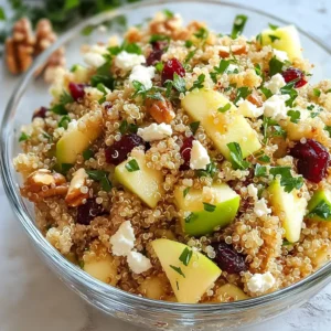 - 1 cup quinoa, rinsed thoroughly - 1 large apple, diced (choose Granny Smith or Honeycrisp) - 1 cup dried cranberries (unsweetened for a healthier choice) - 1/2 cup walnuts, roughly chopped - 1/4 cup feta cheese, crumbled (optional) - 3 tablespoons extra virgin olive oil - 2 tablespoons apple cider vinegar - 1 tablespoon pure maple syrup - Salt and freshly ground pepper to taste - Types of apples: Use tart Granny Smith for zest or sweet Honeycrisp for a softer taste. - Cranberries: Choose unsweetened cranberries for a healthier salad. Sweetened cranberries add more sugar but taste great too. This salad brings fresh flavors and is easy to make. The combo of quinoa, apples, and cranberries creates a tasty mix. You can enjoy it as a side dish or a main meal. {{ingredient_image_2}} First, bring 2 cups of water or vegetable broth to a boil. You can use broth for more flavor. Rinse 1 cup of quinoa under cold water. This helps remove the bitter coating called saponin. Once the water boils, add the rinsed quinoa. Lower the heat and cover the pot. Let it simmer for about 15 minutes. The quinoa should be fluffy and all the liquid will absorb. After cooking, take the pot off the heat and let the quinoa cool. In a large mixing bowl, combine 1 large diced apple, 1 cup of dried cranberries, and 1/2 cup of chopped walnuts. You can use Granny Smith apples for a tart taste or Honeycrisp for sweetness. If you want creaminess, add 1/4 cup of crumbled feta cheese. Mix the ingredients well so that they blend nicely. In a small bowl, whisk together 3 tablespoons of extra virgin olive oil, 2 tablespoons of apple cider vinegar, and 1 tablespoon of pure maple syrup. This mixture will create a tangy and sweet dressing. Add a pinch of salt and freshly ground pepper to taste. This dressing will enhance the flavors of your salad. Once the quinoa is cool, fold it into the bowl with the apple mixture. Drizzle the dressing over the top. Gently toss all the ingredients together until well combined. Be careful not to crush the apples or walnuts. You want everything to mix nicely while keeping the textures intact. Finally, sprinkle 1/4 cup of finely chopped parsley over the salad. This will add a fresh flavor and vibrant color. Give it a gentle stir to mix the parsley throughout the dish. This last step ties everything together for a delicious salad. To get fluffy quinoa, rinse it well before cooking. Rinsing removes the bitter coating called saponin. Use a fine-mesh strainer for best results. When you cook quinoa, use two cups of water or broth for each cup of quinoa. Bring it to a boil, then lower the heat to simmer. Cover the pot and cook for about 15 minutes. To prevent clumping, fluff the quinoa with a fork once it cools. This will help separate the grains and keep them light. For a more vibrant taste, adjust the dressing. Add more apple cider vinegar for tang or maple syrup for sweetness. You can also try different herbs and spices. Fresh thyme or mint adds a nice touch. A pinch of cinnamon can enhance the apple flavor too. For a beautiful presentation, serve the salad in a large glass bowl. This allows the colors to shine through. Garnish with extra walnuts and a sprig of parsley on top. This simple touch makes the dish inviting, perfect for parties. You can also use smaller bowls for individual servings. Pro Tips Choose the Right Apple: Use a tart apple like Granny Smith for a refreshing contrast or a sweet one like Honeycrisp for a mellow flavor. Toast the Walnuts: Toasting walnuts in a dry skillet for a few minutes enhances their flavor and adds a delightful crunch to the salad. Customize the Dressing: Adjust the sweetness or tanginess of the dressing by adding more or less maple syrup or vinegar according to your taste. Make Ahead: Prepare the quinoa and dressing in advance to save time. Just combine everything fresh before serving for the best texture. {{image_4}} You can easily add protein to your cranberry apple quinoa salad. Cooked chicken works great. Just chop it into small pieces. If you prefer a plant-based option, try adding tofu. Simply cube the tofu and cook it until golden. You can also mix in legumes or beans for extra protein. Chickpeas or black beans add a nice texture and flavor. Seasonal fruits can bring new life to your salad. In the fall, use pears for a sweet twist. In the summer, berries like strawberries or blueberries add a nice pop of color. You can also adjust your salad for holidays. Add pomegranate seeds for a festive touch during winter celebrations. This salad can easily fit various diets. For a vegan version, skip the feta cheese or use a plant-based alternative. You can make it gluten-free by checking your quinoa brand. Lower-calorie options include using less maple syrup or swapping walnuts for a lighter nut. These small changes can keep your salad tasty and healthy. To keep your cranberry apple quinoa salad fresh, store it in an airtight container. This helps keep moisture in and odors out. The salad stays good for about 3 to 5 days in the fridge. After that, check for any signs of spoilage before eating. Can you freeze the salad? Yes, but it&rsquo;s best to freeze only the quinoa mix. The apples and cranberries do not freeze well. To freeze, pack the cooled quinoa mixture into a freezer-safe bag. Remove as much air as possible. Label the bag with the date. When ready to use, thaw it overnight in the fridge. When you want to enjoy leftovers, reheat the quinoa mixture on the stove. Add a splash of water or broth to keep it moist. Heat on low, stirring often. Avoid reheating the apples and cranberries, as they can become mushy. If you want to serve it cold, simply toss the salad and enjoy! Quinoa salad can last about three to five days in the fridge. Store it in an airtight container to keep it fresh. Make sure to check for any signs of spoilage, like off smells or changes in texture. Yes, you can use fresh cranberries. They add a tart flavor. However, fresh cranberries are more sour than dried ones. You may want to add a bit more maple syrup to balance their tartness. If you want to skip the feta cheese, try using goat cheese or cottage cheese. You can also use a dairy-free cheese alternative. These options will still give creaminess to your salad. Absolutely! This salad is great for meal prep. It holds well in the fridge and keeps its flavor. Just make sure to store the dressing separately until you&rsquo;re ready to eat. Yes, you can make this salad ahead of time. It tastes even better after resting. Just mix all the ingredients and let them sit in the fridge for a few hours or overnight. This salad combines quinoa, apples, cranberries, and walnuts for a delightful dish. You can customize it with different ingredients and flavors. Try adding proteins or seasonal fruits to change things up. Don't forget to store leftovers properly to keep them fresh. Enjoy making this healthy and tasty salad whenever you can! Remember, your creativity and taste make it unique.