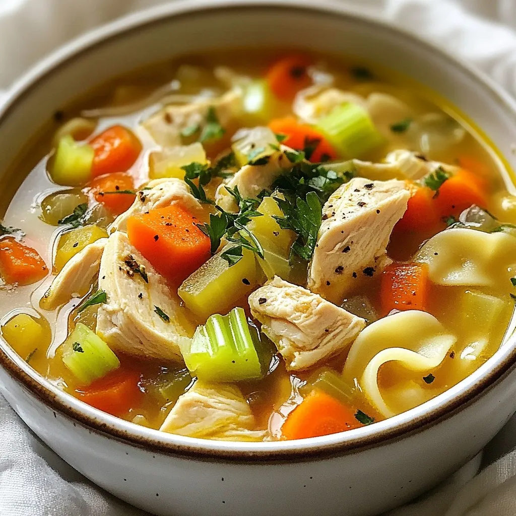 - 1 lb boneless, skinless chicken thighs (or breasts), cut into 1-inch pieces - 8 cups low-sodium chicken broth Chicken is the heart of this soup. It adds protein and makes it filling. I prefer thighs for their rich flavor, but breasts work well too. The low-sodium broth keeps the soup healthy while still rich in taste. - 1 cup carrots, diced - 1 cup celery, diced - 1 medium onion, finely chopped - 4 cloves garlic, minced Vegetables boost nutrition and flavor. Carrots add sweetness, while celery gives a nice crunch. Onions and garlic bring depth to the taste. These veggies create a base that warms your soul. - 1 teaspoon fresh thyme (or ½ teaspoon dried thyme) - 1 teaspoon fresh dill (or ½ teaspoon dried dill) - Salt and freshly ground black pepper, to taste - 2 tablespoons fresh lemon juice (about 1 lemon) - Fresh parsley, chopped, for garnish Herbs are key for flavor. Fresh thyme and dill elevate the soup. They also add a lovely aroma. Don't forget the salt and pepper; they bring all the flavors together. A splash of lemon juice brightens the dish, while parsley adds a fresh touch. {{ingredient_image_2}} Sautéing the Vegetables Start by heating olive oil in a large pot over medium heat. Once the oil shimmers, add the chopped onion, diced carrots, and diced celery. Sauté the veggies for about 5 minutes. You want them soft, not brown. This step makes the soup taste great! Adding Chicken and Seasonings Next, toss in the minced garlic. Cook it for another minute until it smells amazing. Now, add the diced chicken pieces. Season them with salt, pepper, thyme, and dill. Sauté the chicken until it turns brown on all sides. This should take around 7-8 minutes. Browning the chicken adds depth to the flavor. Incorporating Broth and Noodles Pour in the low-sodium chicken broth. Bring the mixture to a rolling boil. Once it's boiling, lower the heat to a gentle simmer. Add the egg noodles next and cook according to the package instructions, usually about 8-10 minutes. When the noodles are tender, stir in fresh lemon juice to brighten the taste. Taste the soup and adjust the seasoning if needed. Let the soup rest for a few minutes. This helps the flavors mix well. Serve it hot in bowls and add chopped parsley on top for a fresh touch. Low-Calorie Noodle Options You can swap regular egg noodles for whole grain noodles. This change adds fiber and keeps you full longer. You might also try zucchini noodles. They are light and add a nice twist. Swaps for Traditional Ingredients Instead of using regular chicken broth, choose low-sodium broth. This cut helps reduce salt intake. You can also replace olive oil with a cooking spray to lower calories. Use fresh herbs instead of dried ones for brighter flavors. Flavor Enhancements Without Extra Calories To boost flavor, add a splash of lemon juice. It brightens the soup without calories. Fresh herbs like dill and thyme add depth, too. Try adding a pinch of red pepper flakes for a little kick, which is also low-calorie. Pro Tips Choose the Right Chicken: Opt for boneless, skinless chicken thighs for a juicier and more flavorful soup compared to chicken breasts. Enhance the Flavor: For deeper flavor, consider adding a splash of white wine after sautéing the vegetables before adding the broth. Vegetable Variations: Feel free to add other vegetables like spinach, kale, or peas for added nutrients and color. Make It Ahead: This soup stores well in the fridge for 3-4 days and can also be frozen; just undercook the noodles slightly for best results when reheating. {{image_4}} Low-Carb or Keto-Friendly Options You can make this soup low-carb easily. Swap egg noodles for zucchini noodles or shirataki noodles. These options cut carbs but keep your soup tasty and filling. Use extra veggies like mushrooms or bell peppers to bulk up your dish without added carbs. Vegetarian or Vegan Versions To make a vegetarian version, replace chicken with chickpeas or lentils. Use vegetable broth instead of chicken broth. Add extra vegetables like spinach or kale for a nutrient boost. This keeps the heartiness while making it meat-free. Seasonal Vegetable Incorporations Seasonal veggies can add fresh flavors. In spring, use peas and asparagus. In fall, add butternut squash or sweet potatoes. These changes not only enhance taste but also make the soup colorful and fun. Adjust the herbs to match your veggie choices for a unique twist! Refrigeration Tips After making your light chicken penicillin soup, let it cool. Store it in an airtight container. This keeps flavors fresh. You can keep it in the fridge for up to four days. If you want to eat it later, try the freezing method. Freezing Instructions To freeze, use freezer-safe containers. Leave some space at the top for expansion. This soup can last up to three months in the freezer. When you are ready to eat, thaw it in the fridge overnight. Reheating Strategies for Best Flavor Reheat your soup on the stove for the best taste. Use low to medium heat to warm it slowly. Stir often to avoid sticking. You can also use a microwave, but be careful not to overheat. Heat it in short bursts and stir in between. Enjoy your soup warm and flavorful! How can I make this soup gluten-free? To make this soup gluten-free, use gluten-free noodles. Many brands offer tasty options. Also, check your chicken broth label for gluten-free certification. This way, you enjoy a safe meal. What are the best sides to serve with the soup? I love pairing this soup with a fresh salad or crusty bread. A light green salad adds crunch and color. You can also serve it with whole grain crackers for a fun twist. Can I make this soup in a slow cooker? Yes! To make this soup in a slow cooker, add all ingredients except noodles. Cook on low for 6-8 hours. About 30 minutes before serving, stir in the noodles. This gives you a warm, tasty soup. This blog post covered how to make Light Chicken Penicillin Soup. We explored the key ingredients, preparation steps, and healthy swaps. I shared tips for variations to suit any diet and easy storage techniques. You can adapt this dish for any season or preference. Remember, soup is more than food; it's comfort. Enjoy every sip!
