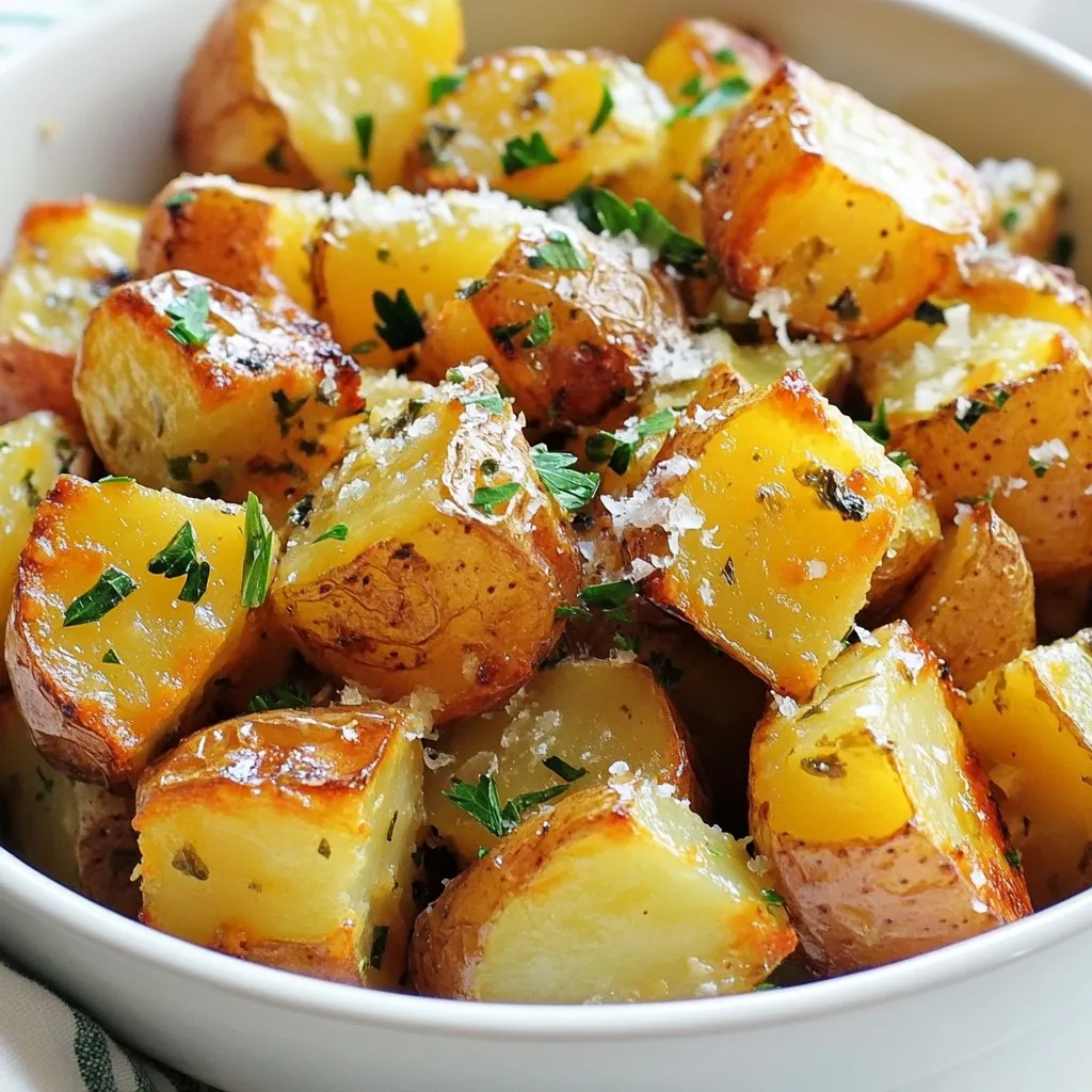 To make Parmesan Herb Roasted Potatoes, gather these ingredients: - 2 pounds baby potatoes, halved - ½ cup freshly grated Parmesan cheese - 4 tablespoons extra-virgin olive oil - 1 teaspoon garlic powder - 1 teaspoon onion powder - 1 teaspoon dried oregano - 1 teaspoon dried thyme - Salt and freshly ground black pepper to taste - Fresh parsley, finely chopped (for garnish) You can swap some ingredients for variety or dietary needs: - Use regular potatoes instead of baby potatoes. - Substitute Parmesan with Pecorino Romano for a stronger flavor. - If you prefer fresh herbs, use 1 tablespoon of each herb instead of dried. - For a vegan option, skip the cheese or use a plant-based alternative. To prepare this dish, gather these tools: - A large mixing bowl for tossing the ingredients. - A baking sheet lined with parchment paper or foil. - A sharp knife and cutting board for halving the potatoes. - A spatula for flipping the potatoes during roasting. - A grater for the Parmesan cheese. These tools make the process easier and help you create a tasty dish! {{ingredient_image_2}} Start by preheating your oven to 425°F (220°C). This high heat helps the potatoes get crispy. While the oven warms up, grab a baking sheet and line it with parchment paper or aluminum foil. This step makes cleanup easier later. Make sure your baking sheet is large enough to hold all the potatoes in one layer. Next, take 2 pounds of baby potatoes and cut them in half. Place the halved potatoes in a large mixing bowl. Add 4 tablespoons of extra-virgin olive oil to the bowl. Sprinkle in 1 teaspoon each of garlic powder, onion powder, dried oregano, and dried thyme. Season with salt and pepper to taste. Toss everything well until all the potatoes are coated. Now, it's time to add the star ingredient: ½ cup of freshly grated Parmesan cheese. Toss the potatoes again, making sure the cheese sticks to each piece. This cheese adds a rich flavor that makes the potatoes shine. Carefully arrange the potatoes on the lined baking sheet, cut side down. This position helps them get that golden, crispy exterior. Make sure they are in a single layer so they cook evenly. Roast the potatoes in the oven for 25-30 minutes. About halfway through, take the baking sheet out and flip the potatoes. This flip helps them brown on all sides and adds to the crispiness. Once they look golden brown, remove the baking sheet from the oven. Let the potatoes cool for a few minutes. Before serving, sprinkle some finely chopped fresh parsley on top for a fresh touch. This dish is not just tasty; it also looks great! To get those potatoes really crispy, you need to start right. First, always place the potatoes cut side down on the baking sheet. This helps them brown nicely. Also, make sure they are not crowded. Give them space to breathe! If they touch, they will steam instead of roast. Don’t forget to flip them halfway through cooking. This way, both sides get that perfect golden color. Checking for doneness is easy. Simply poke a potato with a fork or knife. If it slides in with little effort, they are done. Look for a nice golden-brown color on the outside. You want that crunch! If they need more time, put them back in the oven for a few more minutes. Just keep an eye on them to avoid burning. Presentation makes food more appealing. For the best look, serve the roasted potatoes in a large bowl. Top them with extra Parmesan cheese and fresh parsley. You can also use mini cast iron skillets. They add a charming touch! This way, each guest gets their own serving. It looks great and keeps the potatoes warm. Pro Tips Choose the Right Potatoes: For the best texture, opt for waxy baby potatoes, as they hold their shape well during roasting and develop a crispy exterior. Don't Skip the Toss: Make sure to toss the potatoes thoroughly with the oil and seasonings. This ensures an even coating, leading to balanced flavors in every bite. Use Fresh Cheese: Freshly grated Parmesan cheese melts better and provides a deeper flavor compared to pre-grated varieties, enhancing the overall taste of the dish. Experiment with Herbs: Feel free to customize the herb blend based on your taste preference. Fresh herbs like rosemary or basil can elevate the dish even further. {{image_4}} You can change the flavor of your Parmesan herb roasted potatoes by using different herbs. Try adding fresh rosemary for a woodsy taste. Basil brings a sweet, fresh note. If you want some heat, add red pepper flakes. You can even mix your favorite spices, like smoked paprika or cumin, to create a unique dish. Don’t be afraid to experiment! Parmesan cheese adds a great flavor, but you can swap it out. Try Pecorino Romano for a sharper taste. Nutritional yeast is a great choice for a vegan option. It gives a cheesy flavor without dairy. You might also try a vegan cheese that melts well. Each cheese will change the taste, so pick one that excites you! You can easily make this dish gluten-free. The ingredients listed are already gluten-free, so no changes are needed. For a vegan version, just omit the Parmesan cheese or replace it with a vegan cheese. You will still enjoy crispy, flavorful potatoes. This way, everyone can enjoy this tasty treat! After you make Parmesan Herb Roasted Potatoes, let them cool down for a bit. Store any leftovers in an airtight container. This keeps them fresh and tasty. You can keep them in the fridge for up to three days. For best results, keep them away from moisture to avoid sogginess. To reheat, turn your oven to 350°F (175°C). Spread the potatoes on a baking sheet. Heat them for about 10 to 15 minutes. This will make them warm again and crispy on the outside. You can also use a microwave if you're in a rush. Just heat them for 1 to 2 minutes but know they won't be as crispy. You can freeze Parmesan Herb Roasted Potatoes too! First, cool them completely. Place them in a freezer-safe bag. Try to remove as much air as possible. They will last up to three months in the freezer. When ready to eat, thaw them overnight in the fridge. Reheat them in the oven to bring back their crunch. Parmesan Herb Roasted Potatoes last about 3 to 5 days in the fridge. Make sure to store them in an airtight container to keep them fresh. The cheese may lose some crispiness, but the flavor stays strong. Yes, you can make these potatoes in advance. Cook them fully and let them cool. Store them in the fridge. When you're ready to serve, just reheat them in the oven for crispiness. This makes meal prep easy and fast. Roasted potatoes go well with many dips and sauces. Here are some tasty options: - Sour cream mixed with chives - Creamy ranch dressing - Garlic aioli - Spicy ketchup - Homemade tzatziki These sauces add extra flavor and make your meal even more fun! You learned how to make Parmesan Herb Roasted Potatoes today. We covered the ingredients, tools, and step-by-step instructions to create crispy perfection. Don’t forget the tips for serving and storing your tasty dish. You can also explore exciting variations to fit your taste. Enjoy experimenting with herbs and spices. With practice, your roasted potatoes will be a hit at any meal. Now it’s time to cook and share your creations with friends and family!