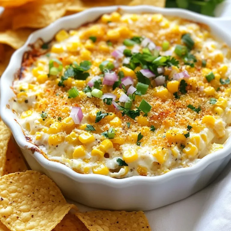 You can use fresh corn or frozen corn for this dip. Fresh corn gives a sweet, juicy bite. If you choose fresh, get about four ears. Boil or grill them for 5-7 minutes. Let them cool, then cut off the kernels. If you go with frozen corn, use 2 cups. Just remember to thaw and drain it well to avoid watery dip. The creamy base makes this dip rich and smooth. You need: - 1 cup cream cheese, softened - 1 cup sour cream - 1 cup mayonnaise Mix these in a bowl until they are smooth. This blend creates a lovely foundation for your dip. Cheese brings flavor and texture. I use two types: - 1 cup shredded Monterey Jack cheese - 1 cup crumbled queso fresco Monterey Jack melts well, while queso fresco adds a nice crumbly touch. These cheeses work perfectly together, enhancing the dip's taste. {{ingredient_image_2}} Start by setting your oven to preheat at 350°F (175°C). This step ensures that your dip bakes evenly. A hot oven helps achieve that perfect golden top. If you choose to use fresh corn, grill or boil the ears for about 5-7 minutes. This method makes the corn tender and sweet. Once they cool, cut the kernels off the cob. If you use frozen corn, make sure it is thawed and well-drained. Extra moisture can make the dip watery. In a large bowl, combine the softened cream cheese, sour cream, and mayonnaise. Use a hand mixer or a spatula to blend them well. Aim for a smooth, creamy texture. This base gives the dip its rich and decadent feel. Now, add the corn kernels, shredded Monterey Jack cheese, crumbled queso fresco, diced red onion, and the white parts of the green onions. Also, include the minced garlic, chili powder, smoked paprika, lime juice, and salt and pepper. Mix everything until well combined. Each ingredient adds its unique flavor, creating a delicious dip. Transfer the creamy corn mixture into a baking dish. Smooth the top with a spatula. Place the dish in the preheated oven and bake for 25-30 minutes. You will know it’s ready when the top is bubbly and golden brown. Once out of the oven, sprinkle the sliced green onion greens and chopped cilantro on top. This adds color and freshness. Serve the dip hot with tortilla chips on the side. Every scoop will remind you of the vibrant flavors of Mexican street corn. You can swap some ingredients for a twist. Try Greek yogurt instead of sour cream. It adds creaminess and a tangy flavor. If you want a lighter dip, use low-fat cream cheese. For a kick, add diced jalapeños instead of chili powder. To get the best texture, avoid too much moisture. If using frozen corn, drain it well. Fresh corn works great too. Boil or grill it just enough to soften. Mix the ingredients gently; this keeps the corn whole and adds a nice bite. For parties, serve the dip in small bowls. This makes it easy for guests to grab their own. Pair it with crunchy tortilla chips. You can also add veggie sticks for a fresh option. For a fun touch, sprinkle extra cilantro on top for color and flavor! Pro Tips Use Fresh Corn: For the best flavor, use fresh corn when it's in season. Grilling the corn before adding it to the dip enhances the smokiness and adds depth to the dish. Add Spice Gradually: If you prefer a milder flavor, start with less chili powder and smoked paprika. You can always add more to taste before baking. Experiment with Cheese: Feel free to mix different types of cheese based on your preference. Cheddar or pepper jack can add a nice twist to the dip. Make it Ahead: This dip can be prepared a day in advance. Simply refrigerate it before baking, and add extra baking time if needed to warm it through. {{image_4}} To spice up your dip, add jalapeños. Use fresh or pickled jalapeños, diced finely. Start with one pepper, then add more if you like heat. Another great option is to mix in hot sauce. A few dashes can really wake up the flavors. You can easily make this dip vegetarian or vegan. For a vegetarian version, just skip the queso fresco. For a vegan option, swap cream cheese, sour cream, and mayonnaise for plant-based versions. Look for brands that use cashews or coconut for that creamy texture. You can also use nutritional yeast for a cheesy taste. Get creative with your flavors! Try adding fresh herbs like cilantro or basil for brightness. A sprinkle of smoked paprika or cumin can deepen the taste. For a twist, mix in black beans or diced tomatoes. You can even add some lime zest for a zesty kick. The options are endless, so use what you love! To keep your baked Mexican street corn dip fresh, store it in an airtight container. Let it cool down before sealing it. You can keep it in the fridge for up to three days. If you want to save it longer, freezing is a great option. To reheat the dip, preheat your oven to 350°F (175°C). Place the dip in an oven-safe dish. Cover it with foil to prevent it from drying out. Heat for about 15-20 minutes, or until it is hot all the way through. You can also use a microwave. Heat in short bursts, stirring in between. If you want to freeze the dip, scoop it into a freezer-safe container. Make sure to leave some space at the top for expansion. It can last in the freezer for up to two months. To enjoy, thaw it overnight in the fridge before reheating. Yes, you can prepare this dip ahead of time. Mix all the ingredients and place them in your baking dish. Cover it with plastic wrap and store it in the fridge. You can bake it later when you're ready to serve. Just remember to take it out of the fridge and let it sit for 15 minutes before baking. This helps it cook evenly. Baked Mexican Street Corn Dip pairs well with many tasty sides. Here are a few ideas: - Tortilla chips - Pita chips - Fresh veggies like carrots, cucumbers, and bell peppers - Warm tortillas - Cornbread Each option adds a fun crunch or softness that complements the dip's creamy texture. You can tell the dip is ready when it bubbles and turns golden brown on top. It usually takes about 25-30 minutes in the oven at 350°F. If you want, you can check the center with a knife. If it comes out warm and clean, it’s good to go! Enjoy the rich flavors and creamy goodness right away. This blog post covers everything you need to make a great baked Mexican street corn dip. You learned about the best ingredients, from fresh corn to creamy bases and different cheeses. I gave you step-by-step instructions, cooking tips, and suggestions for fun variations. Proper storage and reheating methods ensure you enjoy it later on. Remember, this dip is perfect for any gathering or snack time. With these tips, you can impress friends and family with your cooking skills. Enjoy creating a dish everyone will love!