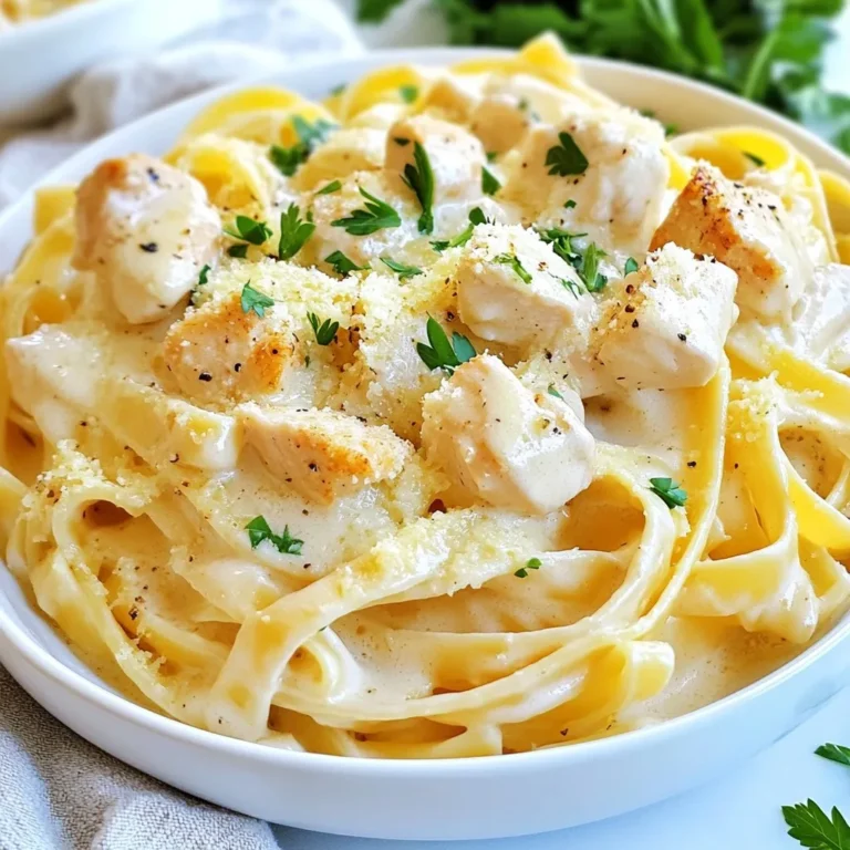 - 2 boneless, skinless chicken breasts, diced into bite-sized pieces - 2 tablespoons extra virgin olive oil - 3 cloves garlic, finely minced - 2 cups low-sodium chicken broth - 8 ounces fettuccine pasta - 1 cup heavy cream (preferably not ultra-pasteurized) - 1 cup freshly grated Parmesan cheese - 1 teaspoon Italian seasoning blend - Salt and freshly ground black pepper to taste - Fresh parsley, chopped (for garnish) When it comes to chicken, always choose fresh, high-quality meat. This helps with flavor. I recommend using low-sodium chicken broth. It keeps the dish from being too salty. Freshly grated Parmesan cheese makes a big difference. It melts better and tastes richer. Avoid ultra-pasteurized cream; it might not thicken as well. If you want a lighter dish, use chicken breast instead of thighs. For a gluten-free option, swap fettuccine for gluten-free pasta. You can also use almond milk or coconut cream in place of heavy cream. If you need a dairy-free option, use nutritional yeast for a cheesy flavor. Always check labels for hidden allergens. {{ingredient_image_2}} First, let’s sauté the chicken. Turn on your Instant Pot and select the sauté function. Pour in 2 tablespoons of extra virgin olive oil. Wait until the oil shimmers. Then, add 2 diced boneless, skinless chicken breasts. Season the chicken with salt and freshly ground black pepper. Cook for about 5 minutes. Stir the chicken often until it turns golden brown. Next, it's time to add the garlic. Take 3 cloves of finely minced garlic and sprinkle them over the chicken. Sauté the garlic for about a minute. Stir constantly until the garlic smells great but does not brown. Now, let’s cook the pasta. Carefully pour in 2 cups of low-sodium chicken broth. Use a wooden spoon to scrape the bits off the bottom of the pot. This adds extra flavor to your meal. Next, break 8 ounces of fettuccine pasta in half before adding it to the pot. Make sure the pasta is fully submerged in the broth. Close the Instant Pot lid tightly. Adjust the steam release valve to sealing. Select the manual or pressure cook option. Set the timer for high pressure for 4 minutes. When the cooking time ends, it’s time to release the pressure. Carefully turn the steam release valve to venting. Be cautious; the steam will be hot! After the steam fully releases, you can open the lid. Now, let’s make the sauce. Stir in 1 cup of heavy cream and 1 cup of freshly grated Parmesan cheese. Add 1 teaspoon of Italian seasoning blend. Mix everything well until the cheese melts and the sauce becomes rich and creamy. If your sauce is too thick, add a bit more chicken broth or cream. Taste it and adjust the salt and pepper if needed. Now, it’s time to serve. Ladle the creamy chicken Alfredo into bowls. Garnish with chopped fresh parsley for a nice touch. Enjoy your meal! To get the best Alfredo sauce, start with heavy cream. I prefer cream that is not ultra-pasteurized. This cream blends better and gives a richer taste. If your sauce is too thick, add chicken broth bit by bit. Keep stirring until you reach your perfect texture. The sauce should be smooth and creamy, coating the pasta well. Using an Instant Pot can be fun! Always sauté your chicken first. This step adds flavor. When adding pasta, break it in half. This ensures it cooks evenly. Make sure the pasta is submerged in the broth. After cooking, do a quick release with care. Hot steam can burn you, so watch your hands. One mistake is not deglazing the pot. Scraping the bottom helps mix flavors. Another mistake is adding too much pasta. This can make your dish dry. Avoid using ultra-pasteurized cream for the sauce. It won't melt well. Lastly, don't skip the seasoning. A pinch of salt and pepper can make a big difference! Pro Tips Use Fresh Ingredients: Freshly grated Parmesan cheese will melt better and provide a richer flavor than pre-grated cheese. Always opt for fresh when possible! Monitor the Cooking Time: Keep an eye on the cooking time to prevent overcooking the pasta. Since the residual heat will continue to cook the pasta after pressure cooking, it’s best to undercook it slightly. Customize the Sauce: Feel free to add in your favorite vegetables like spinach or broccoli during the pressure cooking stage for added nutrition and flavor. Garnish for Presentation: A sprinkle of fresh parsley not only adds a pop of color but also provides a fresh flavor contrast to the creamy sauce. {{image_4}} You can add many fun things to your Chicken Alfredo. Try mixing in some fresh vegetables. Broccoli, peas, or spinach work well. These add color and nutrition. If you want more protein, consider shrimp or cooked sausage. Both give a nice twist. Just add them after you sauté the chicken. They need little time to cook. You can easily adapt this recipe for different diets. To make it gluten-free, use gluten-free pasta. Many brands offer tasty options. For a dairy-free version, swap heavy cream with coconut milk or almond milk. Make sure to use dairy-free cheese for the sauce. This keeps it creamy and delicious. You can change the taste with herbs and spices. Instead of Italian seasoning, use fresh basil or thyme. A pinch of red pepper flakes adds heat. You can also use lemon zest for brightness. These small changes can make your dish unique. Don't be afraid to experiment until you find your favorite flavors. Once you finish your meal, let the chicken Alfredo cool down. Then, transfer any leftovers to an airtight container. This helps keep the dish fresh. Make sure to store it in the fridge right away. It’s best to enjoy leftovers within three days for the best taste and safety. When you’re ready to eat the leftovers, reheat them gently. You can use a microwave or a pan on the stove. If using the microwave, heat in short bursts. Stir the dish every 30 seconds. This helps it heat evenly. If using a pan, add a splash of broth or cream. This keeps the sauce creamy and prevents it from drying out. In the fridge, your creamy chicken Alfredo lasts about three days. If you want to keep it longer, consider freezing it. Place the cooled dish in a freezer-safe container. It can stay in the freezer for up to three months. When you’re ready to eat it, thaw it in the fridge overnight before reheating. Enjoy your delicious meal again! It takes about 4 minutes to cook diced chicken in an Instant Pot. This quick time is due to the pressure cooking method. The Instant Pot traps steam, cooking food faster than traditional methods. Always check that your chicken reaches an internal temperature of 165°F for safety. Yes, you can use other types of pasta. While fettuccine is great for Chicken Alfredo, penne or bowtie pasta works well too. Just make sure to break longer pasta into pieces so it fits in the pot. Adjust the cooking time if you use thicker pasta. You can serve Chicken Alfredo with many sides. Garlic bread is a classic choice. A fresh green salad adds a nice crunch. Steamed vegetables like broccoli or green beans pair well too. You can also top it with extra cheese or herbs for added flavor. In this post, we explored how to make Instant Pot Chicken Alfredo. We covered essential ingredients and their quality, along with easy substitutions. The step-by-step cooking process guides you from sautéing to pressure cooking. We shared tips for perfect sauce and common pitfalls to avoid. Lastly, we discussed variations to suit different diets and proper storage for leftovers. By mastering this recipe, you can enjoy delicious Alfredo anytime. The Instant Pot makes it quick and fun. Dive in and enjoy!