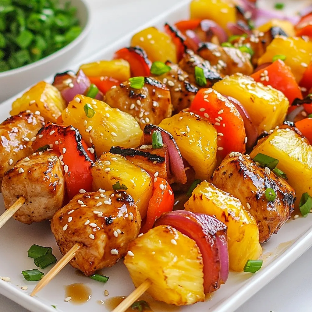 - 1 lb boneless, skinless chicken thighs, cut into 1-inch pieces - 1 cup fresh pineapple, diced into 1-inch chunks - 1 bell pepper (red or yellow), diced into 1-inch pieces - 1 small red onion, cut into wedges - 1/2 cup teriyaki sauce - 2 tablespoons soy sauce - 1 tablespoon honey - 1 tablespoon sesame oil - 2 cloves garlic, minced - 1 teaspoon ginger, grated - Salt and pepper to taste - Skewers (soaked in water for 30 minutes if wooden) - Grill or grilling pan These ingredients come together to create a delightful dish. The chicken thighs provide a juicy base, while the fresh pineapple adds a sweet punch. The bell pepper and red onion bring color and crunch. Teriyaki sauce gives everything a savory glaze that ties it all together. For the marinade, soy sauce, honey, sesame oil, garlic, and ginger blend perfectly. These flavors penetrate the chicken, making it tender and tasty. Salt and pepper add a simple touch to enhance the taste. Gathering the right equipment is key. Soak wooden skewers to prevent burning. A grill or grilling pan helps achieve those perfect grill marks. With these ingredients and tools, you are ready to make Pineapple Teriyaki Chicken Skewers that everyone will love. {{ingredient_image_2}} - To start, mix the marinade. In a large bowl, whisk together: - 1/2 cup teriyaki sauce - 2 tablespoons soy sauce - 1 tablespoon honey - 1 tablespoon sesame oil - 2 cloves garlic (minced) - 1 teaspoon ginger (grated) - Add salt and pepper to taste. This mix creates a tasty base for your chicken. - Next, add 1 pound of boneless, skinless chicken thighs cut into 1-inch pieces. Make sure each piece is coated well. Cover the bowl with plastic wrap. Let it sit in the fridge for at least 30 minutes. For a stronger flavor, marinate for up to 2 hours. - If you use wooden skewers, soak them in water for 30 minutes. This keeps them from burning on the grill. - Now, it's time to assemble. Take the marinated chicken and thread it onto the skewers. Alternate with 1-inch chunks of fresh pineapple, bell pepper, and red onion. This adds color and taste. Leave small gaps between the pieces for even cooking. - Preheat your grill to medium-high heat. Clean the grill surface and lightly grease it. This helps prevent sticking. - Place the skewers on the hot grill. Cook them for about 12 to 15 minutes. Turn the skewers every few minutes. This ensures they cook evenly. The chicken should reach an internal temperature of 165°F (75°C). Look for nice grill marks as a sign of doneness. - In the last few minutes, brush the skewers with any leftover teriyaki sauce. This gives them a delicious glaze. - Once cooked, take the skewers off the grill and let them rest for a few minutes. This step keeps them juicy and tender. To ensure your chicken is fully cooked, check its internal temperature. Use a meat thermometer to confirm it reaches 165°F (75°C). This will keep the chicken safe to eat and juicy. For perfect grill marks, avoid moving the skewers too much. Let them sit for a couple of minutes on each side before flipping. Brushing the skewers with teriyaki sauce while grilling adds a rich flavor. Do this in the last few minutes of cooking for a nice glaze. For a colorful and tasty finish, consider garnishing with sesame seeds and chopped green onions. These add a fresh touch and make your dish look appealing. Cut your chicken and vegetables into 1-inch pieces for even cooking. This size helps everything cook at the same rate. When assembling the skewers, alternate chicken with pineapple, bell pepper, and onion. This not only looks good but also ensures that all ingredients get the heat they need for a perfect bite. Pro Tips Marinate for Maximum Flavor: The longer you marinate the chicken, the more flavorful it becomes. For best results, aim for at least 2 hours of marination, or overnight if you have the time. Choose the Right Skewers: If you prefer wooden skewers, remember to soak them in water for at least 30 minutes. This prevents burning and ensures they hold up on the grill. Check for Doneness: To ensure the chicken is fully cooked, use a meat thermometer. The internal temperature should reach 165°F (75°C) for safe consumption. Garnish for Presentation: A sprinkle of sesame seeds and chopped green onions not only enhances the dish's visual appeal but also adds a burst of flavor that complements the skewers. {{image_4}} You can switch the chicken for shrimp or tofu. Shrimp cooks fast and offers a sweet taste. Tofu absorbs flavors well and is great for vegans. If you want beef or pork, they work well too. Just remember to adjust cooking times for these proteins. Adding zucchini or mushrooms can change the dish. Zucchini gives a nice crunch, while mushrooms add a rich flavor. You can also use cherry tomatoes. They burst with juice when cooked, adding freshness to your skewers. For a spicy kick, try a hot teriyaki sauce. It adds heat and depth. You can also make a citrus-infused marinade. Just mix in orange or lime juice for a bright twist. This enhances the sweetness of the pineapple and chicken. After grilling, let your skewers cool down. Place them in an airtight container. This helps keep moisture in. Store the container in the fridge. Leftover skewers last up to three days in the fridge. To reheat, use a microwave or an oven. For the microwave, place skewers on a plate. Heat for about 1-2 minutes. If using an oven, preheat to 350°F (175°C). Heat for about 10 minutes. Serve with a drizzle of teriyaki sauce for extra flavor. To freeze, wrap each skewer in plastic wrap. Place them in a freezer-safe bag. Remove as much air as possible. They’ll stay fresh for up to three months. Thaw in the fridge overnight before grilling. This keeps the chicken tender and tasty. You should marinate the chicken for at least 30 minutes. This will infuse some flavor into the meat. For a deeper taste, I suggest marinating for 2 hours. Longer marination helps the chicken soak up the marinade’s goodness. Just make sure not to exceed 4 hours, as it can become too salty. Yes, you can use store-bought teriyaki sauce. This option saves time and works well. However, homemade sauce lets you control the taste. Store-bought sauces may have added sugar or preservatives, while homemade can be fresh and clean. If you want a richer flavor, I recommend making your own. These skewers pair great with rice or noodles. Steamed jasmine rice or fried rice complements their flavors well. You can also serve a fresh salad on the side. Try a simple cucumber salad or a green salad for added crunch. The sweetness of the pineapple brings a nice contrast to savory sides. This blog post outlined how to make tasty pineapple teriyaki chicken skewers. We discussed the main ingredients, like chicken thighs and fresh pineapple, along with key marinade components. I detailed the necessary equipment and provided clear step-by-step grill instructions. We also explored tips for perfect chicken, different protein variations, and storage information. Enjoy experimenting with flavors and ingredients. Your skewers will impress friends and family! Get grilling, and savor each bite.