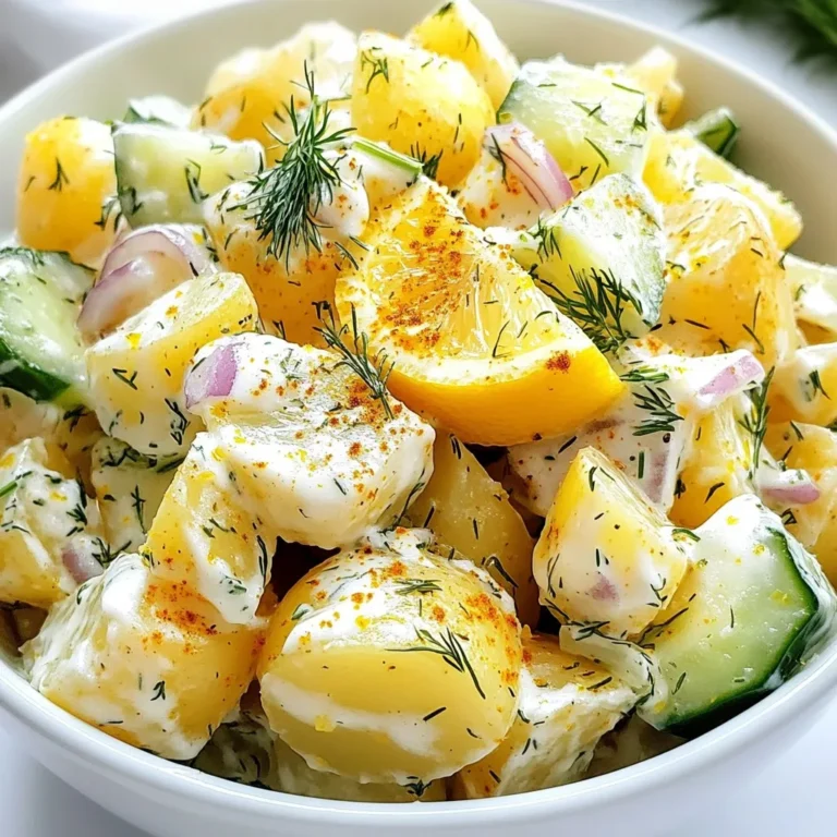 To make a delightful Lemon Dill Potato Salad, gather these fresh ingredients: - 2 pounds baby potatoes, halved - 1/4 cup fresh dill, chopped - 1/2 cup creamy Greek yogurt - 1/4 cup rich mayonnaise - 2 tablespoons freshly squeezed lemon juice - 1 tablespoon zesty lemon zest - 1 teaspoon Dijon mustard for a tangy kick - 1/2 teaspoon garlic powder - Salt and cracked black pepper to taste - 1/4 cup red onion, finely diced for crunch - 1/2 cup cucumber, diced for freshness Each ingredient plays a key role in building flavor and texture. The baby potatoes provide a tender base, while fresh dill adds a bright herb taste. Greek yogurt and mayonnaise create a creamy dressing, making each bite rich and smooth. The lemon juice and zest bring a refreshing zing, and Dijon mustard adds a nice tang. Garlic powder enhances the flavor, while red onion and cucumber add crunch and freshness. Feel free to adjust any of these ingredients to suit your taste! {{ingredient_image_2}} Boiling Method Start with a large pot. Fill it with water and add salt. Place the halved baby potatoes into the pot. Turn on the heat and bring the water to a boil. Cook the potatoes for about 15 to 20 minutes. They should be tender but not mushy. Testing for Doneness To check if the potatoes are ready, use a fork. If the fork easily pierces the potato, they are done. Drain the potatoes and let them cool for a few minutes. Mixing Ingredients While the potatoes cool, you can make the dressing. In a medium bowl, mix the Greek yogurt and mayonnaise. Add lemon juice, lemon zest, Dijon mustard, and garlic powder. Season with salt and cracked black pepper. Ensuring Smooth Consistency Whisk all the ingredients together. You want a smooth and creamy dressing. If it feels too thick, add a splash of water. This will help to blend it better. Adding Vegetables Once the potatoes have cooled, cut them into bite-sized pieces. In a large bowl, add the potatoes, chopped dill, diced red onion, and diced cucumber. Coating with Dressing Pour the creamy dressing over the potato mixture. Use a spatula to gently fold the ingredients together. Make sure every piece of potato gets coated. Adjusting Seasoning Taste your potato salad. If it needs more flavor, add extra salt, cracked pepper, or lemon juice. Adjust to fit your taste. Chilling Recommendations For the best flavor, cover the bowl with plastic wrap. Chill the salad in the fridge for at least 30 minutes. This resting time lets the flavors mix well. Ensuring Perfect Texture To get the best texture, use baby potatoes. They cook evenly and stay firm. Boil them for 15-20 minutes. Check with a fork. They should be tender but not mushy. Drain them well and let them cool for a few minutes. This prevents them from breaking apart in the salad. Peeling vs. Leaving Skins On Leaving the skins on adds texture and nutrients. Baby potatoes have thin skins that taste great. If you prefer a creamier look, peel them before cooking. Either way is fine, so choose what you like best. Additional Seasoning Variations You can change the taste with extra spices. Try a pinch of paprika for warmth or cayenne for heat. A dash of vinegar or a squeeze of lime can add brightness. Taste as you go to find your perfect blend. Using Fresh Herbs Fresh herbs make a big difference. While dill is the star, you can mix in parsley or chives for more flavor. Just make sure to chop them finely. This way, they blend well into the salad. Presentation Tips Serve your salad in a nice bowl to impress guests. Garnish with extra dill and lemon slices on top. A sprinkle of paprika adds color and flair. This makes the dish look as good as it tastes. Pairings with Main Dishes Lemon dill potato salad pairs well with grilled chicken or fish. It also goes great with burgers or veggie skewers. This salad is a fresh side that complements many main dishes. Pro Tips Use Fresh Ingredients: Fresh dill and vibrant cucumbers will enhance the flavor and texture of your potato salad, making it more lively and inviting. Chill for Flavor: Allowing the potato salad to chill for at least 30 minutes before serving helps the flavors meld together, creating a more delicious dish. Customize Your Dressing: Feel free to adjust the amount of lemon juice and Dijon mustard to suit your taste preferences, adding more tang or creaminess as desired. Garnish Creatively: Enhance the presentation by garnishing with extra dill, lemon slices, or a sprinkle of paprika for a pop of color and added appeal. {{image_4}} Greek Yogurt vs. Mayonnaise Using Greek yogurt is a smart swap. It adds creaminess and protein. Greek yogurt has less fat than mayonnaise. This change keeps your salad light and fresh without losing taste. Low-Calorie Dressing Options You can also use low-calorie dressings. Look for ones made with yogurt or vinegar. These options give you zest without extra calories. They keep your potato salad flavorful and guilt-free. Other Herbs to Consider Add more herbs for extra flavor. Chives, parsley, or basil can work well. These herbs bring new tastes and aromas. You can mix and match to find your favorite. Adding Protein (e.g., chicken, chickpeas) Want to make this salad a meal? Add protein! Shredded chicken or chickpeas boost nutrition. They also make the dish more filling. This way, your potato salad can be a main dish. Ingredients for Summer vs. Winter Change ingredients based on the season. In summer, use fresh tomatoes and bell peppers. In winter, try roasted veggies like carrots and parsnips. Seasonal swaps keep your salad fresh all year. Incorporating Different Vegetables You can add other veggies too. Try bell peppers, celery, or shredded carrots. These add crunch and color. Each veggie brings its unique taste to the salad. Be creative and have fun! To keep your lemon dill potato salad fresh, follow these best practices for refrigeration: - Store the salad in an airtight container. This helps keep it fresh and free from odors. - Place a piece of plastic wrap directly on the salad before sealing the container. This extra layer helps maintain moisture. In the fridge, your potato salad lasts for about three to four days. Watch for these signs of spoilage: - Off smell or sour odor - Change in color, especially in the potatoes - Slimy texture or separation of the dressing If you notice any of these signs, it’s best to toss the salad. You can freeze potato salad, but keep in mind that the texture may change. To freeze: - Place the salad in a freezer-safe container, leaving some space at the top for expansion. - Seal tightly and label with the date. When you’re ready to enjoy it again, here are some reheating tips: - Thaw in the fridge overnight before serving. - Stir well to recombine the ingredients after thawing. - Taste and adjust seasoning as needed, since flavors may dull after freezing. Yes, you can make this salad ahead of time. I recommend preparing it up to a day in advance. This allows the flavors to blend well. Just keep it covered in the fridge. It tastes even better after chilling overnight. If you make it early, be sure to add fresh herbs right before serving for the best taste. Yes, this recipe is gluten-free. All the ingredients listed do not contain gluten. The baby potatoes, fresh dill, Greek yogurt, and other items are safe for a gluten-free diet. Always check labels on store-bought mayonnaise and yogurt to ensure they are gluten-free. To make this potato salad vegan, swap the Greek yogurt and mayonnaise for non-dairy options. Use vegan yogurt and a plant-based mayo. You can also add a bit of mashed avocado for creaminess. This keeps the salad rich and tasty while being dairy-free. If you don’t have dill, try using fresh parsley or chives. Both herbs add a nice flavor. You can also use tarragon if you like a slightly different taste. Just remember to use fresh herbs for the best results. This blog post covered a delicious potato salad recipe. We discussed key ingredients, from potatoes to fresh dill, and how to prepare and mix them. You now know tips for cooking and storing the salad, plus variations for health and flavor. In final thoughts, this potato salad is versatile and easy to make. You can adjust flavors and ingredients to fit your taste. Enjoy creating your unique version of this classic dish!