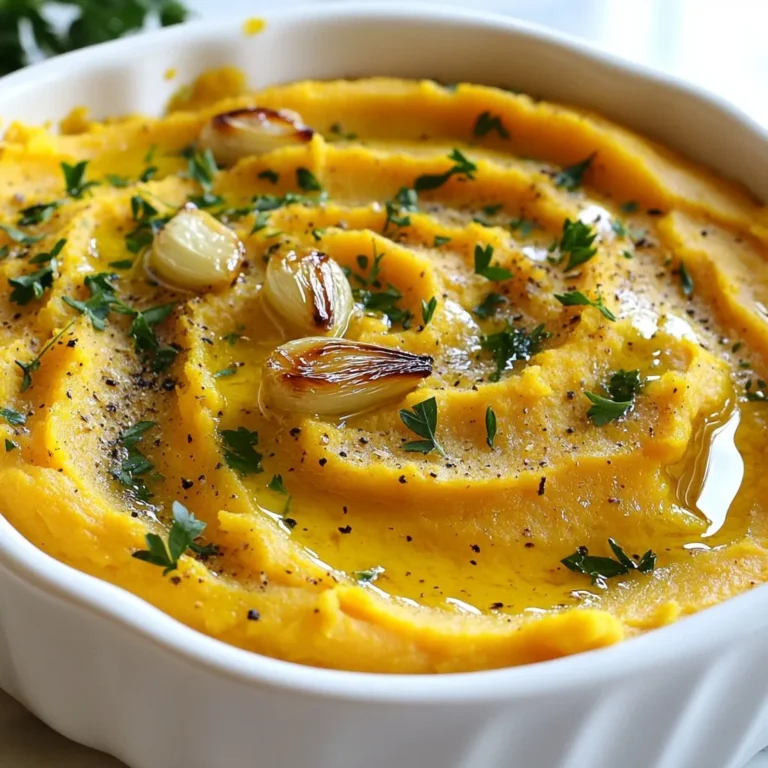 - 4 medium sweet potatoes, peeled and cut into uniform cubes - 1 whole garlic bulb - 3 tablespoons extra virgin olive oil - 2 tablespoons unsalted butter - ½ cup milk (use plant-based milk for a dairy-free version) - Salt and freshly ground black pepper to taste - ½ teaspoon ground cinnamon (optional, for a warm spice note) - Fresh parsley, finely chopped, for a vibrant garnish Sweet potatoes give this dish its sweet and creamy texture. They are rich in vitamins and good for your health. Garlic adds a deep, rich flavor. Roasting it makes it soft and sweet. You will love how it blends with the sweet potatoes. Olive oil and butter add richness. They help bind the mash together and give it a nice shine. Milk makes the mash creamy. You can use any type, even plant-based milk, to fit your needs. Salt and pepper are key to bringing out all the flavors. Adjust them to your taste. Ground cinnamon is optional but adds warmth. It gives a nice touch that many enjoy. Fresh parsley adds color and freshness. A sprinkle on top makes your dish pop. Every ingredient plays a role in making this mash a comfort dish you will crave. {{ingredient_image_2}} 1. First, preheat your oven to 400°F (200°C). This heat helps roast the sweet potatoes and garlic evenly. 2. Next, prepare the garlic bulb. Cut off the top quarter to show the cloves. Drizzle the cut side with 1 tablespoon of olive oil. Wrap the bulb tightly in aluminum foil. 3. Now, let’s get the sweet potatoes ready. Peel and cut 4 medium sweet potatoes into uniform cubes. This helps them cook at the same rate. Spread the cubes on a baking sheet. Drizzle with the remaining 2 tablespoons of olive oil and sprinkle with salt and pepper. Toss them well to coat. 4. Place the wrapped garlic and sweet potatoes in the oven. Roast them for about 25-30 minutes. You’ll know they are done when the sweet potatoes are fork-tender, and the garlic is soft and golden. 5. After roasting, take them out and let them cool for a few minutes. This makes them easier to handle. 6. To get the roasted garlic, squeeze the softened cloves out of their skins into a mixing bowl. Discard any leftover papery bits. 7. Add the sweet potatoes to the bowl with the garlic. Then, include 2 tablespoons of unsalted butter, ½ cup of milk, and ½ teaspoon of ground cinnamon if you want that warm spice note. 8. Now, mash everything together using a potato masher or a fork. You want a smooth and creamy mix. If it's too thick, add more milk until you reach your desired creaminess. 9. Taste your mash. Adjust the salt and pepper as needed to enhance the flavor. 10. Finally, transfer the mash to a serving bowl. Top it off with finely chopped fresh parsley for a nice pop of color. To make your roasted garlic sweet potato mash pop with flavor, use good seasonings. Here are some tips: - Salt and pepper: Always season well. Start with a pinch of salt and a few grinds of black pepper. - Ground cinnamon: Add a pinch for warmth. It pairs nicely with sweet potatoes. - Herbs: Fresh parsley brightens the dish. You can also try chives or thyme. Even cooking helps blend flavors well. Follow these tips for the best results: - Cut uniform pieces: Chop sweet potatoes into even cubes. This ensures they cook at the same rate. - Roasting time: Keep an eye on the sweet potatoes. They should be fork-tender after about 25-30 minutes. - Mashing technique: Use a potato masher for a smooth texture. If you like it chunky, a fork works too. Using the right tools makes cooking easier. Here are my top picks: - Potato masher: A sturdy masher helps get the right consistency. - Mixing bowl: Choose a large bowl for easy mixing. - Baking sheet: A rimmed baking sheet prevents spills while roasting. Make sure it fits in your oven. These tips will help you create a flavorful and creamy roasted garlic sweet potato mash. Enjoy your cooking! Pro Tips Choose the Right Sweet Potatoes: Opt for firm, blemish-free sweet potatoes for the best texture and flavor in your mash. Roasting Garlic for Maximum Flavor: Roasting garlic intensifies its sweetness and mellows its sharpness, making it a wonderful addition to your mash. Adjust Creaminess to Preference: Feel free to add more or less milk based on your desired consistency; start with a little and add until you reach your perfect creaminess. Garnish for Freshness: Don’t skip the parsley garnish; it adds a vibrant color and fresh flavor that brightens the dish. {{image_4}} You can easily adapt this dish to fit different diets. For a dairy-free option, replace regular milk with plant-based milk. Almond, oat, or coconut milk work well. You can skip the butter or use a dairy-free alternative too. For those who need gluten-free meals, good news! This recipe is naturally gluten-free. Just ensure that any added spices or ingredients are labeled gluten-free. Want to switch up the taste? You can add different spices to the mash. A pinch of nutmeg or a dash of cayenne pepper can add warmth. If you like a sweeter taste, try adding a bit of maple syrup. You can also mix in other vegetables. Carrots or parsnips can add a nice twist. Just roast them alongside the sweet potatoes for extra flavor. This mash pairs well with many main dishes. Serve it alongside roasted chicken or grilled fish for a tasty meal. You can also use it as a base for a savory bowl. Top it with sautéed greens or roasted veggies for a colorful presentation. For a fun touch, use a ring mold to shape the mash on the plate. Garnish with fresh parsley for a bright finish. To store leftover Roasted Garlic Sweet Potato Mash, place it in an airtight container. Make sure the mash is cool before sealing. This keeps it fresh and prevents odors from mixing. It will stay good in the fridge for up to 5 days. You can freeze Roasted Garlic Sweet Potato Mash for longer storage. Use a freezer-safe container or a heavy-duty zip-top bag. Be sure to leave some space at the top, as the mash will expand when frozen. It can last up to 3 months in the freezer. To thaw, move it to the fridge overnight. For the best taste, reheat the mash in a pot on low heat. Stir often to keep it from sticking. You can also use a microwave, but do this in short bursts. Add a splash of milk if it seems dry. This helps to keep the mash creamy and flavorful. Can you use regular potatoes instead of sweet potatoes? Yes, you can use regular potatoes instead of sweet potatoes. However, the taste and texture will change. Regular potatoes are less sweet and creamier. Sweet potatoes add a rich flavor and nutrition. They are also high in vitamin A. How can you make it spicier? To make it spicier, add red pepper flakes or cayenne pepper to the mash. You can also mix in some chopped jalapeños for heat. Adjust the spice level to your taste. Start with a small amount and add more if needed. Calories and macros per serving Each serving has about 200 calories. It includes 6g of protein, 10g of fat, and 30g of carbs. Sweet potatoes are a great source of fiber, making this dish filling and satisfying. Health benefits of sweet potatoes Sweet potatoes are rich in nutrients. They are high in vitamins A and C. They also contain antioxidants that help fight disease. Eating sweet potatoes may support heart health and improve digestion. How long does it last in the fridge? Roasted garlic sweet potato mash lasts about 3 to 5 days in the fridge. Store it in an airtight container to keep it fresh. Be sure to let it cool down before putting it in the fridge. Is it safe to reheat multiple times? You can reheat it, but limit it to one or two times. Each time you reheat, the texture may change. Make sure it is heated evenly to avoid cold spots. Always check the temperature before eating. In this post, we explored the process of making Roasted Garlic Sweet Potato Mash. We went over the key ingredients, from sweet potatoes to optional spices. You learned step-by-step instructions for roasting and mashing. I shared tips for enhancing flavor and perfecting your technique. You also found variations for dietary needs and creative serving ideas. Remember, with proper storage, you can keep this dish fresh and delicious. Enjoy making this mash, and feel free to experiment with it in your kitchen!
