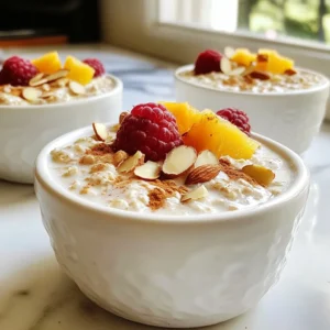 - 1 cup rolled oats - 1 cup almond milk (or your preferred milk) - 1 tablespoon chia seeds - 1 tablespoon maple syrup or honey (optional) - 1 teaspoon vanilla extract - Spices: - 1 teaspoon ground cinnamon - 1/2 teaspoon ground ginger - 1/4 teaspoon ground cardamom - 1/4 teaspoon ground cloves - Pinch of nutmeg - 1/2 cup Greek yogurt (optional) - Suggested toppings: sliced almonds, fresh fruit (like berries or banana), cinnamon sprinkle To make Vanilla Chai Overnight Oats, gather these simple ingredients. Start with rolled oats. They form the base of your dish. Almond milk gives it a creamy texture. You can use any milk you like. Chia seeds add fiber and healthy fats. They also help to thicken the oats. Sweetness comes from maple syrup or honey. Add this only if you want a sweeter taste. Vanilla extract adds a warm flavor that blends well with spices. Speaking of spices, you will need ground cinnamon, ginger, cardamom, cloves, and nutmeg. These spices create that cozy chai flavor. They fill your oats with warmth and aroma. If you want extra creaminess, Greek yogurt is a great choice. It packs in protein and makes your oats rich. Finally, toppings like sliced almonds or fresh fruit make your dish pop. They add texture and color. You can sprinkle more cinnamon on top for extra flavor. With these ingredients ready, you can create a tasty and filling breakfast. {{ingredient_image_2}} 1. Start by pouring 1 cup of rolled oats into a mixing bowl. 2. Next, add 1 cup of almond milk, 1 tablespoon of chia seeds, and 1/2 cup of Greek yogurt if you want creaminess. 3. Stir these ingredients together well until they blend nicely. 4. Now, add 1 tablespoon of maple syrup or honey for sweetness. You can skip this if you want. 5. Pour in 1 teaspoon of vanilla extract for flavor. 6. It&rsquo;s time to add spices! Sprinkle in 1 teaspoon of ground cinnamon, 1/2 teaspoon of ground ginger, 1/4 teaspoon of ground cardamom, 1/4 teaspoon of ground cloves, and a pinch of nutmeg. 7. Mix everything until the ingredients are evenly distributed. 1. Carefully transfer the oat mixture into two airtight containers or jars. 2. Make sure you distribute the mixture evenly into both jars for a balanced breakfast. 3. Seal the containers tightly. 4. Place them in the refrigerator. Let them chill for at least 4 hours, but overnight is best. This lets the flavors meld and softens the oats. 1. When you are ready to enjoy your oats, take the containers out of the fridge. 2. Give the mixture a hearty stir to combine. 3. If you find the oats too thick, add a splash of almond milk to reach your desired consistency. 4. Before serving, top your oats with sliced almonds, fresh fruit like berries or banana, and a sprinkle of cinnamon. To adjust sweetness, use maple syrup or honey. Start with one tablespoon and taste. If you want it sweeter, add more. For creaminess, Greek yogurt is a great choice. It adds richness and protein. You can also try a splash of almond milk to smooth out the texture. This keeps your oats from being too thick. Use clear jars to serve your overnight oats. This lets you see the beautiful layers. Layer fresh fruit like berries or banana on top for color. You can also sprinkle sliced almonds on the side for a crunchy bite. This adds to both the look and taste of your dish. Overnight oats are packed with nutrients. Rolled oats provide fiber, which keeps you full. Chia seeds add omega-3 fatty acids and protein. Greek yogurt boosts your calcium intake and adds probiotics. Together, these ingredients create a balanced breakfast. Enjoy your tasty and healthy start to the day! Pro Tips Choose Your Milk Wisely: Using almond milk gives a nutty flavor, but feel free to experiment with oat, soy, or coconut milk for different taste profiles. Spice It Up: Adjust the spice levels according to your preference; add more ginger for heat or increase the cinnamon for warmth. Make It Ahead: Prepare multiple jars at once for quick breakfasts throughout the week; just grab and go! Customize Your Toppings: Mix and match toppings like nuts, seeds, and fruits according to the season or what you have on hand for variety. {{image_4}} You can easily change the taste of your vanilla chai overnight oats. For toppings, swap out fruits based on what you like. You can try sliced bananas, fresh berries, or even diced apples. Each fruit adds its own unique flavor and texture. Using different milk alternatives can also change the taste. Almond milk is great, but you might enjoy oat, coconut, or soy milk. Each milk option gives a new twist to your oats. If you need a dairy-free option, simply skip the Greek yogurt. Use more almond milk instead to keep it creamy. There are also many dairy-free yogurts available. They can work well in this recipe. For those who want to cut sugar, try sugar-free sweeteners like stevia or monk fruit. These can replace maple syrup or honey without losing flavor. Make your overnight oats fun and fresh by using seasonal fruits or spices. In summer, add juicy peaches or strawberries. In fall, try pumpkin puree and a dash of nutmeg. These changes can keep your breakfast exciting all year long! Store your vanilla chai overnight oats in airtight containers or jars. Airtight containers keep the oats fresh and prevent them from drying out. Jars let you see the beautiful layers of oats and toppings. I suggest using them for an appealing look. Aim to eat your oats within five days for the best taste and texture. You can freeze overnight oats if you want to save some for later. To freeze, place the oats in freezer-safe containers. Leave some space at the top for expansion. When you want to eat them, take out the container and let it thaw in the fridge overnight. You can also use the microwave. Just make sure to heat them in short bursts to avoid hot spots. You can enjoy your overnight oats cold or warm. If you prefer them warm, heat gently in the microwave. Stir them every 30 seconds to keep the heat even. If they are too thick after thawing, add a splash of almond milk to reach your desired consistency. Cold oats are refreshing on hot days, so choose what you like best! Overnight oats can last for about 3 to 5 days in the refrigerator. They stay fresh in an airtight container. The flavors blend better as they sit. Just remember to check for any changes in smell or texture before eating. You can use instant oats, but the texture will change. Instant oats absorb liquid quickly, so your oats may be mushy. Rolled oats give a chewy texture, which I prefer. If you try instant oats, adjust the liquid accordingly. If you don't have chia seeds, you can use flaxseeds instead. They add a similar texture and boost fiber. You can also skip them, but the oats will be less thick. Consider adding extra rolled oats to help with thickness. Adding Greek yogurt is not necessary, but it enhances creaminess. It also adds protein, making your breakfast more filling. If you want a lighter version, you can skip it or use a dairy-free yogurt. Yes, you can eat overnight oats warm! If you prefer them heated, just warm them in the microwave. Add a splash of almond milk to keep them creamy. Enjoy your oats warm or chilled, based on your taste! Now you have all the tools to make delicious overnight oats. You learned about the ingredients, steps, and storage tips. We've explored ways to enhance flavor and adjust for dietary needs. Your overnight oats can be tasty and healthy! Get creative with flavors or try seasonal fruits. Remember, the best part is enjoying your yummy creation. I hope you feel excited to make your own.
