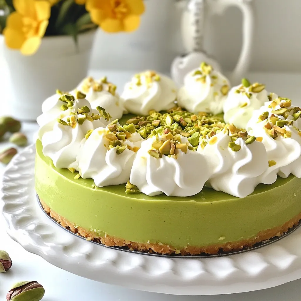 - 1 ½ cups unsalted pistachio nuts, shelled (reserve a handful for garnish) - 1 cup graham cracker crumbs - 16 oz cream cheese, softened at room temperature - 1 cup heavy whipping cream, chilled The main ingredients create a rich and creamy cheesecake. The pistachios add a nutty flavor. The graham cracker crumbs form the crust. Cream cheese gives the filling its texture. Heavy whipping cream makes it light and fluffy. - Green food coloring - Garnishing pistachios - ½ cup powdered sugar You can add green food coloring for a fun touch. Garnishing pistachios spruce up the look. Powdered sugar sweetens the filling and makes it smooth. These optional ingredients can enhance your cheesecake in different ways. {{ingredient_image_2}} - Mixing Ingredients Start by grabbing a medium bowl. Add 1 ½ cups of shelled pistachios, 1 cup of graham cracker crumbs, and 4 tablespoons of melted butter. Mix these together until everything is well combined. You want every crumb to be coated in butter. - Forming the Crust Now, take the mixture and press it firmly into the bottom of a 9-inch springform pan. Use the back of a measuring cup to pack it tightly. This forms a solid base for your cheesecake. Once done, place the pan in the fridge while you make the filling. - Beating the Cream Cheese In a large bowl, use an electric mixer to beat 16 ounces of softened cream cheese. Mix on medium speed until it’s smooth and creamy, with no lumps. Gradually add in ½ cup of powdered sugar and 1 teaspoon of pure vanilla extract. Keep mixing until it is fully blended. - Incorporating Whipped Cream In another bowl, whip 1 cup of chilled heavy cream until stiff peaks form. This may take about 3-5 minutes. Gently fold this whipped cream into the cream cheese mixture with a spatula. Be careful not to deflate the whipped cream. - Adding Pistachios Next, fold in 1 cup of finely chopped pistachios into the cream cheese filling. This adds both flavor and crunch. Mix gently to ensure even distribution without losing volume. - Pouring the Filling Take the chilled crust from the fridge. Pour the pistachio filling over the crust. Use a spatula to smooth the top for an even layer. This step is key for a beautiful presentation. - Chilling the Cheesecake Cover the cheesecake with plastic wrap and place it in the fridge. Let it chill for at least 4 hours, or overnight for the best flavor. This time allows the cheesecake to set properly and enhances its taste. Ensuring Stiff Peaks To get the best texture, whip the heavy cream well. Use a clean bowl and beaters. Start at a low speed to mix, then increase to medium-high. Whip until stiff peaks form. This should take about 3-5 minutes. Stiff peaks hold their shape and make the cheesecake light and fluffy. Folding Techniques When mixing the whipped cream into the cream cheese, be gentle. Use a spatula to fold the cream in slowly. Start with a small amount of whipped cream. This makes it easier to combine. Continue to add the rest, folding carefully. This helps keep the air in the whipped cream, making the cheesecake airy. Garnishing Ideas For a beautiful finish, top the cheesecake with whole pistachios. You can also add a sprinkle of chopped pistachios for texture. For extra flair, add a dollop of whipped cream on each slice. If you want color, consider using a few drops of green food coloring in the filling. Serving Suggestions Serve the cheesecake chilled for the best taste. Use a warm knife to slice through the creaminess easily. Pair each slice with a cup of coffee or tea for a delightful treat. This dessert is great for parties or family gatherings, providing a stunning centerpiece for your table. Pro Tips Use Fresh Pistachios: Ensure your pistachios are fresh and not stale for the best flavor and texture. Stale nuts can affect the overall taste of your cheesecake. Chill Thoroughly: Allow the cheesecake to chill for at least 4 hours, but overnight is recommended for the flavors to meld and the texture to firm up perfectly. Whip Cream Properly: Make sure your heavy cream is well-chilled before whipping. This ensures you achieve stiff peaks more easily and a light, airy texture in your cheesecake. Garnish Creatively: Get creative with your garnishes! Use a mix of whole pistachios, whipped cream, and even edible flowers to make your cheesecake visually stunning. {{image_4}} Different Nut Options You can change the flavor by using other nuts. Almonds, walnuts, or pecans work well. Each nut gives a unique taste. Try mixing them with pistachios for fun flavor combos. Using Flavored Cream Cheese Flavored cream cheese adds a twist to the cheesecake. Options like vanilla or almond can enhance the taste. Look for cream cheese with fruit flavors too. Just remember to keep the flavors balanced. Scaling the Recipe You can easily adjust the recipe for more or fewer servings. Double the ingredients for a big gathering. For smaller groups, halve the recipe. Just keep the same steps and ratios. Mini Cheesecake Options Mini cheesecakes are a fun way to serve this dessert. Use a muffin pan instead of a springform pan. Line the cups with cupcake liners for easy removal. This way, everyone can enjoy their own little slice! To keep your no-bake pistachio cheesecake fresh, store it in the fridge. Place it in an airtight container or cover it tightly with plastic wrap. This prevents it from absorbing other smells. Your cheesecake will stay good for about 4 to 5 days. - Best Practices for Storage: Always chill the cheesecake for at least 4 hours before serving. This helps it set properly. Avoid cutting into it too soon. Each slice will hold its shape better if you wait. - Shelf Life of No-Bake Cheesecake: If stored correctly, the cheesecake lasts up to 5 days. After that, it might lose its taste and texture. If you want to save some for later, freezing is a great option. I recommend freezing for longer storage. - How to Freeze the Cheesecake: Wrap the cheesecake tightly in plastic wrap. Then, place it in a freezer-safe bag or container. This keeps it safe from freezer burn. You can freeze it for up to 2 months. - Thawing and Serving After Freezing: To enjoy your cheesecake again, move it to the fridge to thaw overnight. This slow thaw helps maintain its texture. Once thawed, serve it cold and enjoy! The cheesecake needs about 4 hours to set. I always recommend chilling it overnight for the best flavor and texture. This extra time helps the cream cheese blend with the pistachios. The longer it chills, the firmer it gets. Yes, you can use other nuts! Almonds and walnuts are popular choices. They both add nice flavors and textures. Just chop them finely, and mix them into the filling like you would with pistachios. You can also try hazelnuts for a unique twist. Absolutely! You can make this cheesecake a day or two ahead of time. It stores well in the fridge. Just cover it tightly with plastic wrap after it sets. This way, it will be ready when you need it. If you want to freeze it, make sure to wrap it well to prevent freezer burn. You now have a clear guide to making a delicious no-bake pistachio cheesecake. We covered key ingredients, step-by-step instructions, and tips for the best outcome. Keeping your cheesecake fresh with proper storage helps maintain its great taste. Feel free to get creative with flavors and serving sizes. Whether for a special occasion or just a treat, this cheesecake will impress anyone. Enjoy your baking journey and the tasty results!