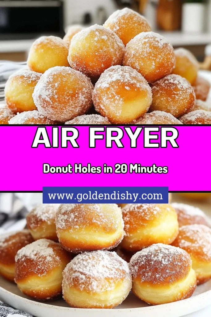 Indulge in these delicious Air Fryer Donut Holes! This easy donut hole recipe is perfect for a quick dessert, combining fluffy homemade donut holes with a sweet cinnamon sugar coating. In just 20 minutes, you can whip up these delightful treats that the whole family will love. Don't miss out on this fun, guilt-free way to satisfy your sweet tooth. Save this recipe and enjoy the magic of air frying! #AirFryerDonutHoles #CinnamonSugar #QuickDessertRecipes #HomemadeTreats