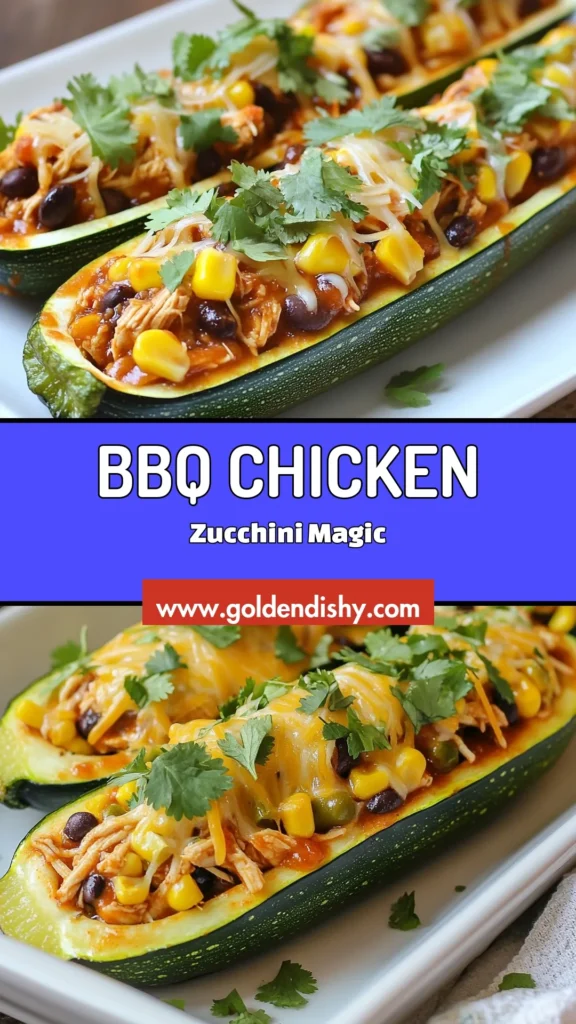 Discover the ultimate BBQ Chicken Stuffed Zucchini recipe! These BBQ chicken zucchini boats are a delicious way to enjoy healthy zucchini meals. Packed with shredded chicken, black beans, and corn, this easy BBQ chicken recipe is perfect for dinner. Try these stuffed zucchini recipes for a tasty, nutritious meal that the whole family will love. Save this recipe for a delightful dining experience! #BBQChickenZucchiniBoats #StuffedZucchiniRecipes #HealthyZucchiniMeals #EasyBBQChickenRecipe
