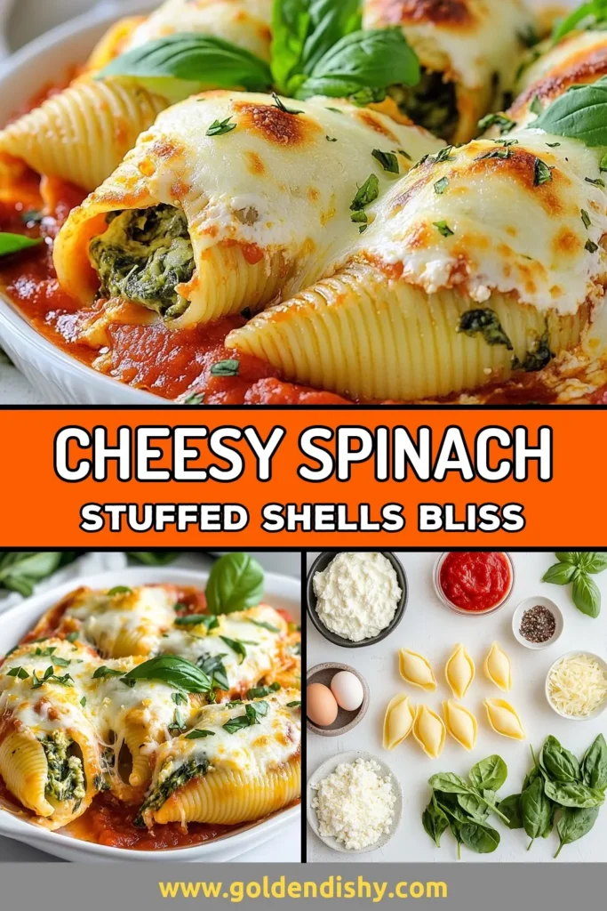 Indulge in this delicious cheesy spinach stuffed shells recipe that combines jumbo pasta shells, ricotta cheese, and fresh spinach for a mouthwatering vegetarian pasta bake. Perfect as a comforting meal for family or a gathering! Follow our easy steps to create these delightful ricotta cheese stuffed shells topped with marinara sauce and mozzarella. Save this spinach stuffed pasta recipe for your next dinner! #CheesySpinachStuffedShells #PastaRecipe #Vegetarian #ComfortFood
