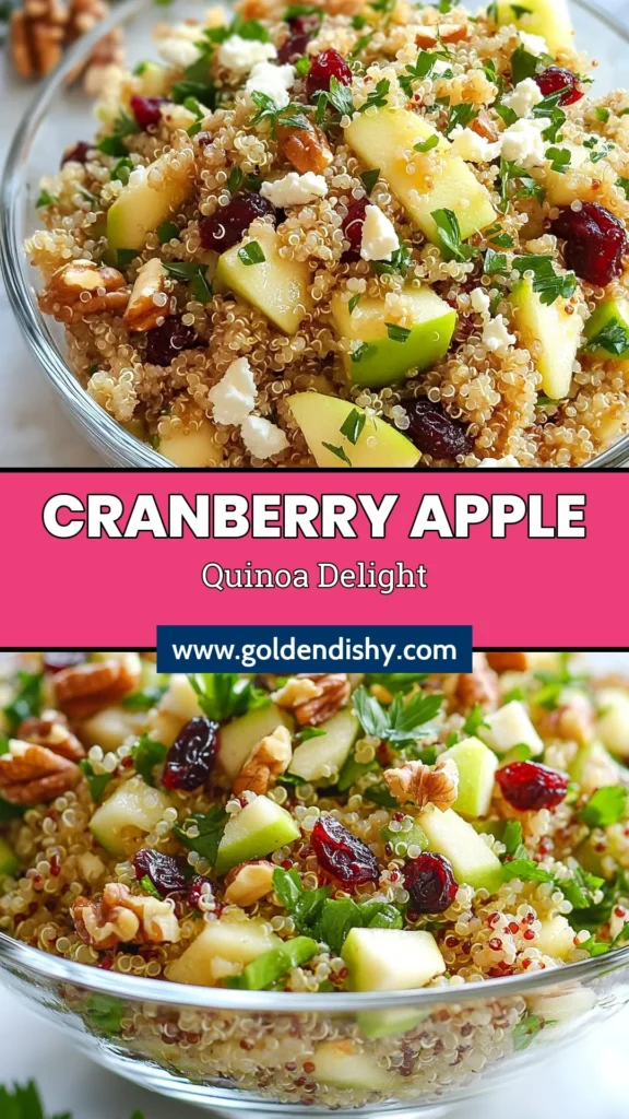 Discover the delicious and nutritious Cranberry Apple Quinoa Salad, the perfect fit for your healthy quinoa salad recipes. This autumn salad recipe is quick and easy to make, featuring quinoa, tart apples, and sweet cranberries, topped with creamy feta for an extra twist. Ideal for family gatherings or meal prep, this quinoa salad with feta will delight your taste buds. Try it today and embrace the flavors of fall! #QuinoaSalad #HealthyRecipes #AutumnSalad #Cranberries