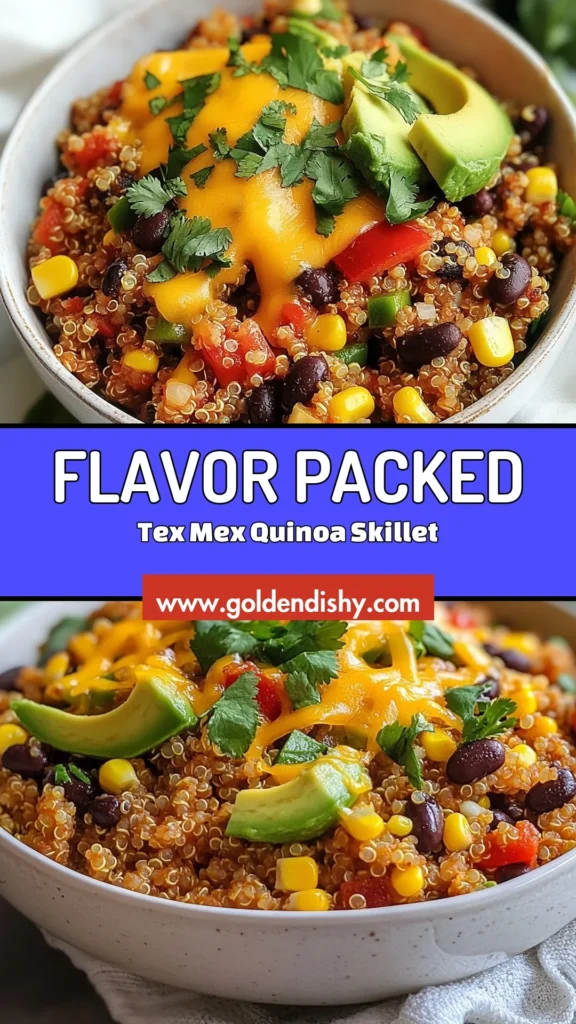Discover the ultimate Tex-Mex quinoa recipe with this delicious one-pan quinoa skillet! Packed with vibrant flavors, this vegetarian quinoa dish features quinoa with black beans, sweet corn, and diced tomatoes. It's a healthy Tex-Mex recipe that's not only quick to make but also perfect for meal prep. Elevate your dinner with this nutritious treasure and enjoy a taste sensation! Save this easy recipe for your next meal. #TexMexQuinoa #QuinoaRecipe #HealthyDinner #OnePanMeals