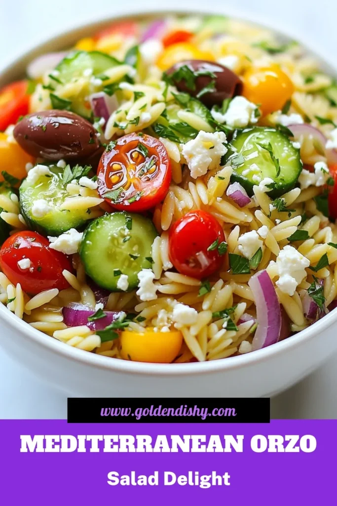 Discover a refreshing Mediterranean Orzo Salad that's perfect for summer! This healthy orzo recipe features feta and olives, making it a delightful addition to your Mediterranean diet recipes. Packed with cherry tomatoes, cucumbers, and a zesty lemon dressing, it's a must-try summer pasta salad. Whip up this quick dish for picnics or barbecues and enjoy vibrant flavors! Save this recipe for your next meal! #MediterraneanOrzoSalad #HealthyOrzoRecipes #SummerPastaSalad #FetaAndOliveSalad