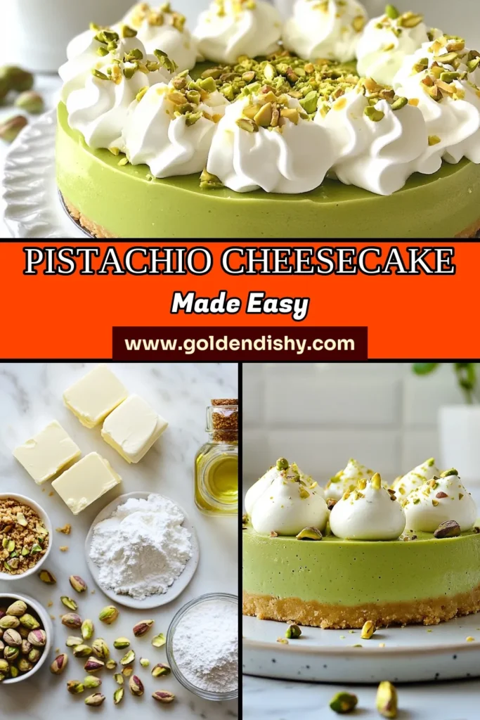 Indulge in this refreshing and delightful no-bake pistachio cheesecake! Perfect for anyone searching for easy cheesecake recipes, this chilled cheesecake recipe combines creamy cream cheese cheesecake with the nutty goodness of pistachios. Elevate your dessert table with unique pistachio dessert ideas that are sure to impress. Don't miss out on this easy treat; save this recipe for your next gathering! #NoBakeCheesecake #PistachioDesserts #EasyRecipes #CheesecakeLovers