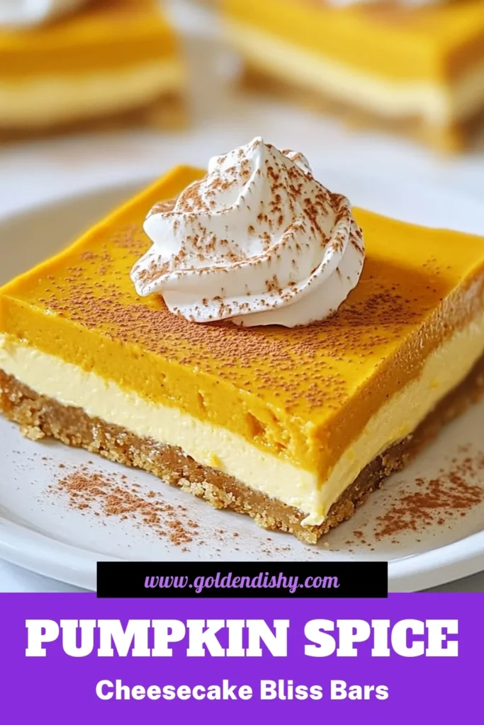 Indulge in the perfect fall treat with these Pumpkin Spice Cheesecake Bars! This easy pumpkin cheesecake recipe combines the creamy goodness of cream cheese and pumpkin puree with delightful fall spices. These no-bake cheesecake bars are not only simple to make but also a must-try in your fall dessert recipes. Enjoy each bite of this delicious cream cheese pumpkin dessert. Save this recipe for your next gathering! #PumpkinSpice #FallDesserts #CheesecakeBars #PumpkinRecipes