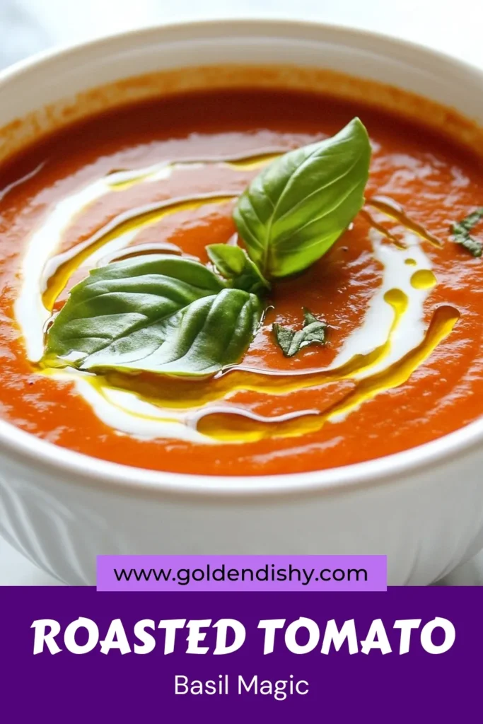Indulge in the warmth of homemade roasted tomato soup with this creamy tomato basil soup recipe. Using fresh tomatoes and a homemade vegetable broth, this basil tomato recipe is perfect for cozy nights. In just about an hour, you'll have a velvety soup that’s packed with flavor. Get ready to enjoy a bowl of bliss that will leave you craving more. Save this roasted tomato basil soup recipe for the next chilly evening! #RoastedTomatoSoup #CreamyTomatoBasilSoup #HomemadeBroth #FreshTomatoSoup