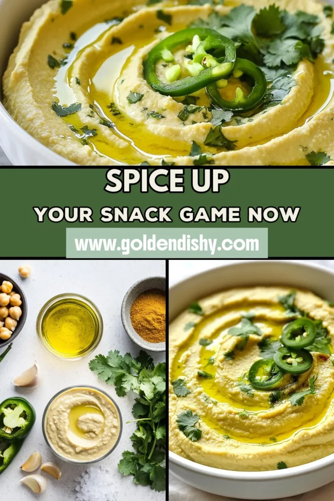 Looking to spice up your snack game? Try this easy spicy jalapeño hummus! This lime hummus recipe combines creamy chickpeas, vibrant jalapeño, and fresh lime juice for a deliciously healthy hummus dip recipe. Perfect for parties or meal prep, this vegan hummus with jalapeño is sure to impress. Get the recipe now and delight your taste buds! Save this spicy jalapeño hummus for later! #VeganHummus #HealthyDip #SpicyHummus #LimeHummus