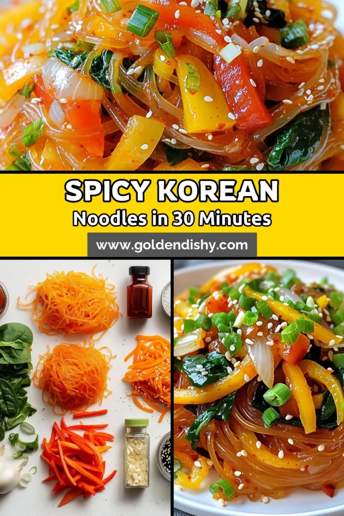 Discover an exciting Korean glass noodles recipe with our spicy glass noodles featuring sweet potato glass noodles and vibrant veggies. This delectable dish is infused with gochujang noodles for a kick of flavor. Perfect for a quick vegetable stir-fry noodles meal, enjoy the fiery taste and satisfying texture. Ready to spice up your dinner? Save this recipe and get cooking! #KoreanCuisine #SpicyNoodles #GlassNoodles #HealthyRecipes