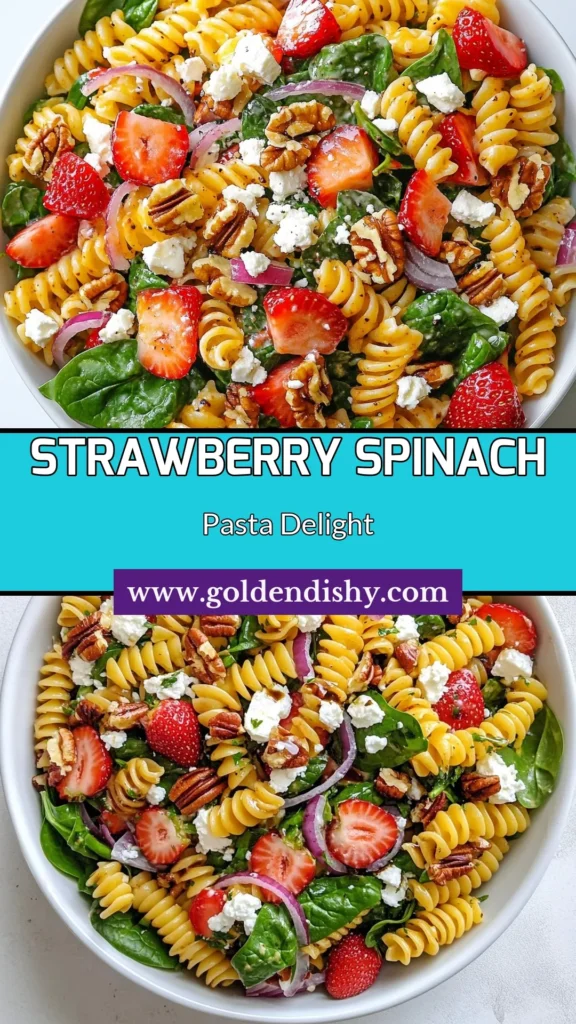 Discover the deliciousness of Strawberry Spinach Pasta Salad, the perfect healthy summer salad! This easy pasta salad with feta combines fusilli pasta, fresh spinach, sweet strawberries, and a tangy balsamic vinaigrette for a delightful blend of flavors. Ideal for picnics or cookouts, it's quick to prepare and sure to impress. Try this fusilli pasta salad recipe today and elevate your summer dining! Save this recipe and share the joy. #PastaSalad #HealthyEating #SummerRecipes #FetaCheese