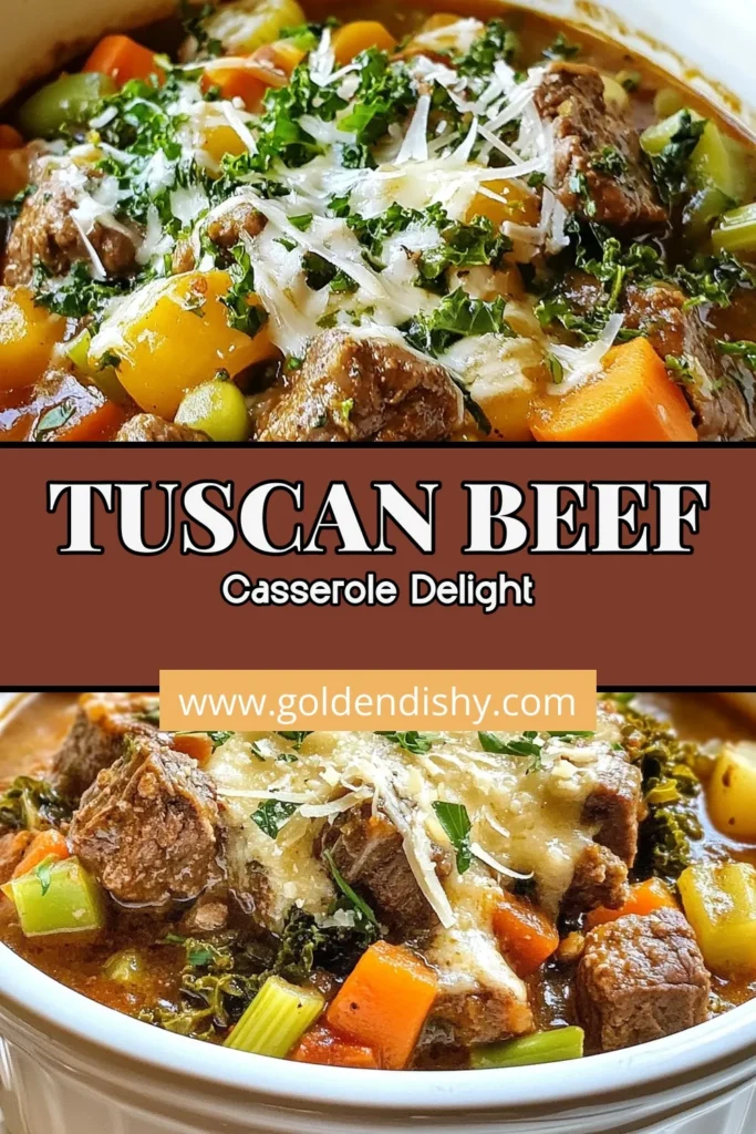 Satisfy your cravings with this hearty Tuscan beef casserole! This easy casserole recipe combines tender beef chuck, vibrant veggies, and rich Italian flavors into a one-pot delight. Perfect for families, this Italian beef casserole is comforting and flavorful. Dive into a bowl and enjoy the creamy cheese finish. Save this delicious Tuscan beef casserole recipe for your next family dinner! #CasseroleRecipes #BeefDishes #ItalianFlavors #EasyDinnerIdeas