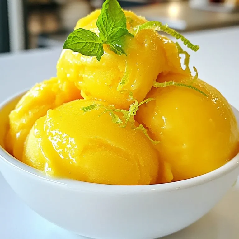 To make a delightful mango lime sorbet, you need a few simple ingredients. Here’s what you will need: - 3 ripe mangoes, peeled and diced - 1/2 cup freshly squeezed lime juice (about 4 medium limes) - 1/2 cup granulated sugar (adjust based on the sweetness of mangoes) - 1 cup water - 1 tablespoon freshly grated lime zest - A pinch of salt Each ingredient plays a special role. The mangoes provide the sweet base. Lime juice adds a zingy twist. Sugar helps balance everything. Water is crucial for a smooth blend. Lime zest enhances the flavor. Finally, a pinch of salt brings out the sweetness. Using ripe mangoes ensures a rich flavor. You can pick them when they smell sweet and feel slightly soft. Fresh lime juice is key for that bright taste. Always prefer fresh juice over bottled for the best results. When you gather these ingredients, you set the stage for a refreshing treat. Each scoop of this sorbet bursts with vibrant flavors. It's perfect for warm days or any time you need a cool dessert! {{ingredient_image_2}} - Combine 1/2 cup of sugar and 1 cup of water in a small saucepan. - Heat the mixture over medium heat. Stir until the sugar dissolves fully. - Once the sugar dissolves, remove the saucepan from heat. Let it cool to room temperature. - Peel and dice 3 ripe mangoes. - In a blender, add the diced mangoes, 1/2 cup of lime juice, and 1 tablespoon of lime zest. - Blend on high until the mixture is smooth and creamy. - Once the syrup is cool, pour it into the blender with the mango mixture. - Blend again for a few seconds to mix everything well. - Taste the mixture and adjust the sweetness if you want it sweeter or more tart. - Pour the combined mixture into a shallow dish. - Cover it tightly with plastic wrap to prevent ice crystals. - Freeze for 1 hour, then stir with a fork to break up ice crystals. - Return it to the freezer and repeat this stirring every 30 minutes for 2-3 hours. - When ready, let it sit at room temp for 5-10 minutes before serving. To get that fluffy sorbet, you must stir it while it freezes. This breaks up ice crystals. If you skip stirring, your sorbet might turn out hard and icy. Start stirring after one hour of freezing. Repeat every 30 minutes for about 2-3 hours. The goal is a soft, airy texture. You can easily change the sweetness of your sorbet. If your mangoes are sweet, you might use less sugar. If you want it sweeter, add more sugar to the mix. Taste it before you freeze. You can also add extra lime juice if you like it tart. This way, you make it just right for your taste buds. When it’s time to serve, use chilled bowls or fun ice cream cones. This keeps your sorbet cold longer. For a nice touch, garnish with lime zest and a sprig of mint. This adds color and a fresh smell. Each scoop will look and taste amazing! Pro Tips Choose the Right Mangoes: Use ripe, sweet mangoes for the best flavor. Look for mangoes that give slightly when pressed and have a fragrant aroma. Adjust Sweetness Wisely: Taste your mango-lime mixture before freezing. Depending on the ripeness of the mangoes, you may need to adjust the sugar or lime juice accordingly. Prevent Ice Crystals: Stirring the sorbet every 30 minutes during freezing helps achieve a smoother texture by breaking up any ice crystals that form. Serve at the Right Temperature: Let the sorbet sit at room temperature for 5-10 minutes before serving. This makes it easier to scoop and enhances the flavor. {{image_4}} You can switch mango with other fruits. Pineapple or papaya work great. You can also mix fruits for fun flavors. Try adding strawberries or kiwi for a colorful twist. Each fruit brings its own taste, so feel free to experiment! Herbs can add a fresh touch. Basil or mint pairs well with the sweet mango. Just chop them finely and mix them in. If you want a creamier sorbet, use coconut milk. It adds richness and a tropical vibe to your dessert. Making a vegan version is simple! Just stick to the basic recipe. Use coconut milk instead of sugar in the syrup. This keeps it creamy without any dairy. You can enjoy this treat with no worries about animal products! To keep your Mango Lime Sorbet fresh, use airtight containers. I recommend using plastic or glass containers. They help to prevent ice crystals. Avoid using metal containers, as they can make the sorbet freeze too hard. To prevent ice crystals from forming, cover the sorbet tightly with plastic wrap. Press the wrap directly onto the sorbet's surface. This will limit air exposure and keep it smooth. Homemade Mango Lime Sorbet lasts about two weeks in the freezer. After that, it may lose flavor and texture. For the best taste, enjoy it within the first week. Always check for signs of freezer burn before serving. If it looks dry or has ice crystals, it may be time to toss it. The best mango for sorbet is the ripe, sweet mango. Varieties like Honey or Ataulfo work great. These mangoes have a smooth texture and rich flavor. They blend well for a creamy sorbet. Choose mangoes that yield slightly when you press them. This indicates they are ripe and sweet. Yes, you can use frozen mangoes. They will save you time and still taste good. Just make sure they are unsweetened and without added sugars. Thaw them slightly before blending. This helps you get a smooth sorbet. The texture may be a little different but still delicious. If your sorbet is too hard, let it sit at room temperature for a few minutes. This softens it and makes scooping easier. If it’s still hard, blend it briefly in a food processor. You can also stir in a little warm water to help it blend. Avoid refreezing it too quickly after this. You can find Mango Lime Sorbet in many grocery stores. Look in the frozen dessert aisle. Some ice cream shops also sell this flavor. If you want to try something unique, check local artisan ice cream shops. They often have fresh, homemade versions. Mango Lime Sorbet pairs well with fresh fruit. Berries, like strawberries or blueberries, add color and taste. You can also serve it with cookies or cake. Try a light sponge cake or a crunchy cookie. Garnishing with mint leaves gives a nice touch too. Enjoy your sorbet with friends and family! Mango Lime Sorbet is simple to make and full of flavor. We explored the key ingredients: ripe mangoes, lime juice, sugar, and zest. You learned how to prepare the syrup, blend everything, and freeze it for a delicious treat. Tips for texture and flavor adjustments help you create your ideal sorbet. In my view, experimenting with variations is part of the fun. Whether you try different fruits or add herbs, each sorbet can be unique. Enjoy your sorbet and the joy of creating something special at home!