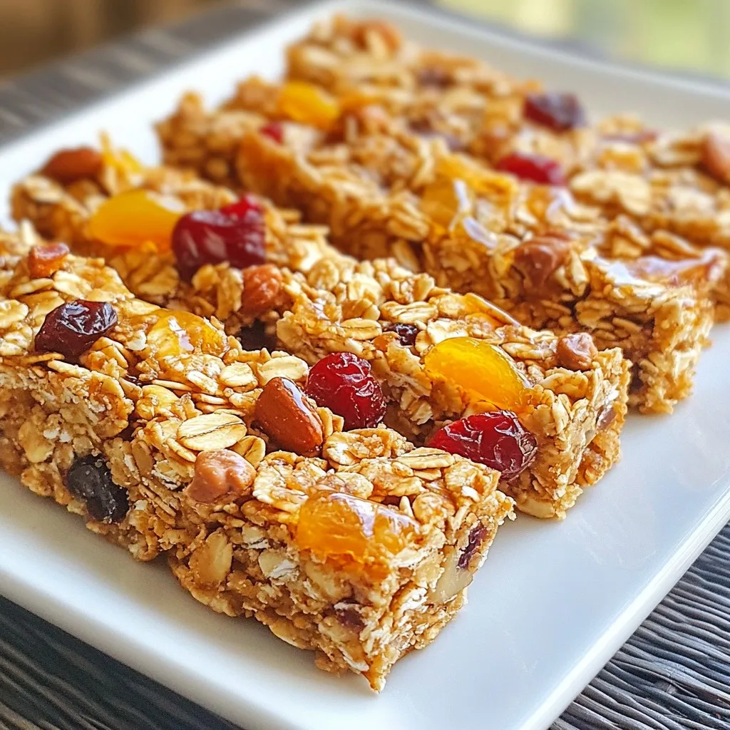 To make these tasty trail mix granola bars, you need several key ingredients. Each one plays a role in flavor and texture. Here’s the list: - 2 cups rolled oats - 1 cup mixed nuts (almonds, cashews, walnuts), roughly chopped - 1 cup dried fruit (cranberries, apricots, or raisins), chopped if large - 1/2 cup honey or maple syrup - 1/2 cup peanut butter or almond butter - 1 tsp vanilla extract - 1/2 tsp ground cinnamon - A pinch of salt - 1/2 cup dark chocolate chips (optional) These ingredients work together to create a chewy, crunchy bar that packs great flavor. The oats give a hearty base, while the nuts bring crunch and protein. Dried fruits add a sweet touch. Honey or maple syrup binds everything while providing sweetness. Nut butter adds creaminess and healthy fats. The vanilla and cinnamon enhance the overall taste. If you like chocolate, the optional chips make it even better. Feel free to mix and match your favorite nuts and dried fruits. This flexibility lets you customize each batch to your liking. {{ingredient_image_2}} 1. Preheat your oven to 350°F (175°C). This step is key for even baking. 2. Prepare your baking dish by lining an 8x8 inch pan with parchment paper. Leave some paper hanging over the sides. This helps when you take out the bars later. 3. Chop your nuts and dried fruit into small pieces. This makes sure every bite has good flavor and texture. 1. In a large bowl, combine the rolled oats, chopped nuts, and dried fruit. 2. Add ground cinnamon and a pinch of salt. 3. Stir everything well. This mixes the flavors and ensures even distribution. 1. In a small saucepan, melt the honey or maple syrup with the nut butter. Use low heat and stir until smooth. 2. Once melted, remove from heat and stir in the vanilla extract. This adds a lovely aroma and flavor. 1. Carefully pour the wet mixture over your dry ingredients. 2. Use a spatula or wooden spoon to mix everything thoroughly. The dry ingredients should be well-coated. 3. If you like, fold in dark chocolate chips. They add a nice sweetness. 4. Transfer the mixture into your prepared baking dish. Press it down firmly with a spatula. This helps the bars hold together. 5. Place the dish in the oven and bake for 20-25 minutes. Look for a golden brown color on the edges. 6. After baking, let it cool in the dish for about 10 minutes. Then, use the parchment paper to lift it out onto a wire rack to cool completely. 7. Once cooled, cut the mixture into bars of your preferred size. 8. Store the bars in an airtight container. They stay fresh at room temperature or in the fridge. To make your trail mix granola bars hold together, compact the mixture well. When you press it down firmly in the dish, it binds the ingredients. This helps the bars stay intact when you cut them. After baking, cool the bars for about ten minutes in the dish. This cooling step makes cutting easier and keeps the bars from crumbling. If you can't find mixed nuts, use any nuts you like. Pecans, hazelnuts, or even pumpkin seeds work great. For dried fruit, think about using apples, figs, or cherries. You can even mix them up! For nut butter, almond butter is a tasty swap for peanut butter. If you want a different flavor, try sunflower seed butter or cashew butter. Adjust the baking time to get your desired texture. If you want softer bars, bake for about 20 minutes. For crunchier bars, bake closer to 25 minutes. You’ll know the bars are done when the edges turn golden brown. This color change means they have a nice, toasted flavor that adds to the overall taste. Pro Tips Use Fresh Ingredients: The quality of your nuts and dried fruit can greatly affect the flavor of your granola bars. Opt for fresh, high-quality ingredients for the best taste. Customize Your Mix: Feel free to substitute other nuts, seeds, or dried fruits based on your preferences. This recipe is versatile and can be adapted to suit your taste. Storing Tips: Keep your granola bars in an airtight container at room temperature for up to a week or in the refrigerator for extra freshness. You can also freeze them for longer storage. Press Firmly: Make sure to press the mixture down firmly in the baking dish to help the bars hold together better once baked. This step is crucial for preventing crumbly bars. {{image_4}} You can easily change the flavor of your granola bars. Adding chocolate or cocoa gives a rich taste. Just mix in dark chocolate chips for a sweet touch. You might also try cocoa powder for a deeper flavor. Spices can add warmth and depth. Consider adding a pinch of nutmeg or ginger. These spices can really brighten up the taste. You can also experiment with cardamom for a unique twist. If you want a healthier snack, try low-sugar or sugar-free options. You can use ripe bananas or unsweetened applesauce instead of honey. This keeps the bars sweet without extra sugar. For those with dietary needs, vegan or gluten-free options are easy. Just swap honey for maple syrup and make sure the nut butter is vegan. Use gluten-free oats to ensure your bars meet all dietary needs. Seasonal fruits and nuts can give your bars a fresh taste. In spring, use dried apricots and walnuts for a bright mix. Summer is perfect for adding dried cherries and pecans. In fall, consider using dried apples and pecans, adding a touch of cinnamon. Winter can be a great time for dried cranberries and almonds. Each season brings new flavors to explore in your granola bars. To keep your trail mix granola bars fresh, use airtight containers. These containers prevent air and moisture from making your bars soggy. You can also store them in the fridge for extra freshness. The granola bars last about one week at room temperature. If stored in the fridge, they can last up to two weeks. To freeze granola bars, wrap each bar tightly in plastic wrap. Next, place them in a freezer-safe bag or container. This method keeps them fresh for up to three months. When you want to eat them, remove a bar from the freezer. Let it thaw on the counter for about 30 minutes. For the best quality, enjoy them soon after thawing. Quick oats cook faster than rolled oats. They are smaller and thinner. This change affects the texture of your bars. Quick oats can make them softer and less chewy. If you prefer a firmer bar, stick with rolled oats. They give a better bite and hold together well. These granola bars can last up to a week at room temperature. Store them in an airtight container. For longer freshness, keep them in the fridge. They can last about two weeks when refrigerated. Just make sure they are fully cooled before storing them. Yes, these granola bars are great for kids! They offer healthy fats from nuts and energy from oats. The dried fruits add natural sweetness and vitamins. Just check for nut allergies first. You can also adjust the sugar level to fit your child’s needs. Absolutely! This recipe is flexible. You can swap nuts or dried fruits for others you like. Use sunflower seeds instead of nuts if needed. You can even change the nut butter to fit your taste. The key is keeping the ratios similar for the best texture. To cut granola bars without crumbling, let them cool completely. Use a sharp knife for clean cuts. You can also score the bars lightly before cooling for easier cutting. If they are too hard, warm them slightly in the oven to soften. You can make delicious and healthy granola bars with simple ingredients. We covered everything from choosing the right oats and nuts to baking time and texture. Remember, these bars are easy to customize based on your taste. You can try different fruits, nut butters, and even seasonal flavors. Proper storage will keep them fresh for weeks. Enjoy your homemade granola bars as snacks at home or on the go. With these tips, you can create a treat that's both tasty and good for you!