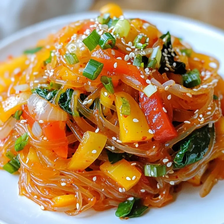 - 8 oz (225 g) sweet potato glass noodles - 2 tablespoons sesame oil - 1 medium onion, thinly sliced - 1 medium carrot, julienned - 1 bell pepper (red or yellow), sliced into thin strips - 2 cups fresh spinach leaves - 3 green onions, finely chopped - 3 cloves garlic, minced - 2 tablespoons gochujang (Korean red chili paste) - 1 tablespoon soy sauce - 1 tablespoon sugar (or honey for a natural sweetness) - 1 tablespoon sesame seeds, toasted - Salt and pepper to taste If you can’t find sweet potato glass noodles, you can use regular rice noodles. For sesame oil, olive oil works too, though it changes the flavor slightly. You can switch the bell pepper for zucchini or broccoli if you prefer. If you want to avoid gochujang, try Sriracha for some heat. For a sweetener, maple syrup can replace sugar or honey. Sweet potato glass noodles are lower in calories and carbs than regular noodles. They also provide fiber and some vitamins. Spinach is full of iron and helps with energy. Bell peppers add vitamin C, which boosts your immune system. Sesame oil has healthy fats that support heart health. Garlic is known for its health benefits, including boosting your immune system. These ingredients not only taste great together but also pack a nutritious punch. {{ingredient_image_2}} To start, soak the sweet potato glass noodles in warm water for about 30 minutes. This step softens the noodles and makes them perfect for our dish. After soaking, drain the noodles and set them aside. They will be ready to mix with the veggies soon. Heat 2 tablespoons of sesame oil in a large skillet or wok over medium heat. Once it's hot, add the thinly sliced onion and julienned carrot. Sauté them for 2-3 minutes. You want them to soften and smell great. Next, add the sliced bell pepper, fresh spinach, and minced garlic. Stir-fry everything together for 3-4 minutes. The spinach should wilt, and the bell peppers should become tender. This creates a colorful and tasty mix. In a small bowl, mix 2 tablespoons of gochujang, 1 tablespoon of soy sauce, 1 tablespoon of sugar, and 1 tablespoon of toasted sesame seeds. This will be your spicy sauce. If you like it spicier, add more gochujang. Now, add the soaked sweet potato glass noodles to the skillet with the sautéed veggies. Drizzle the spicy sauce over everything and toss to coat. Cook for an extra 2-3 minutes until everything is warm and mixed together well. Stir in the chopped green onions and season with salt and pepper. Serve the noodles hot, and feel free to add more sesame seeds on top for a nice crunch. You can change the heat in this dish easily. Start with 2 tablespoons of gochujang. If you want more heat, add more gochujang. Mix in small amounts and taste as you go. This way, you get the spice just right for you. For a milder dish, reduce the gochujang or swap it for a mild chili paste. You can even try adding a touch of honey to balance the spice. Soaking the sweet potato glass noodles is key. Soak them in warm water for about 30 minutes. This softens them perfectly. Drain them well before adding to the wok. When stir-frying, don’t overcrowd the pan. This helps the noodles cook evenly. Toss everything gently to avoid breaking the noodles. Make sure to coat them well with the sauce for the best flavor. For a beautiful presentation, serve the noodles in a large bowl. Top with extra green onions and toasted sesame seeds. You can also add some fresh cilantro for color. Slices of fresh chili add a nice touch. For a fun twist, serve with lime wedges on the side. The lime adds a zesty kick when squeezed over the dish. Enjoy your colorful, spicy glass noodles! Pro Tips Soak Noodles Correctly: Ensure the sweet potato glass noodles are soaked in warm water for the recommended time to achieve the perfect texture. Over-soaking can lead to a mushy consistency. Adjust the Heat: Feel free to modify the amount of gochujang based on your heat preference. Start with less if you're unsure, and add more to taste as you mix. Colorful Garnishes: Enhance the visual appeal and flavor by adding fresh herbs or sliced chilies as a garnish. They not only look great but also add an aromatic freshness. Leftover Storage: If you have leftovers, store them in an airtight container in the fridge. Reheat gently in a pan over low heat to prevent the noodles from becoming too sticky. {{image_4}} You can easily make this dish vegetarian or vegan. Simply skip any meat and focus on the veggies. The sweet potato glass noodles are already vegan. Use more fresh vegetables like mushrooms or zucchini to add depth. You can also add tofu for protein. Tofu absorbs flavors well, making it a great addition. If you want to add protein, chicken is a great choice. Cut it into small pieces and cook it before the veggies. Cook it until it's no longer pink. For a vegan option, use firm tofu. Press it to remove extra water, then cut it into cubes. Sauté the tofu until golden, then mix it with the veggies and noodles. If you need a gluten-free option, use tamari instead of regular soy sauce. Tamari has a similar flavor but is safe for those avoiding gluten. You can also try coconut aminos, which offer a sweeter taste. Both options work well in this recipe, keeping it tasty and safe for those with gluten sensitivities. To keep your Korean spicy glass noodles fresh, place them in an airtight container. Make sure the noodles cool down to room temperature first. Store the container in the fridge. They will stay good for about 3-4 days. If you want to keep them longer, consider freezing them. When you’re ready to enjoy leftovers, you can reheat them easily. Use a pan over medium heat. Add a splash of water or a bit of sesame oil to help loosen the noodles. Stir gently for about 5-7 minutes until they're hot. You can also use the microwave. Heat in short bursts, stirring between each, until warmed through. If you want to freeze your spicy glass noodles, portion them into freezer bags. Remove as much air as possible before sealing. They can last up to 2 months in the freezer. To thaw, move them to the fridge overnight. Reheat as mentioned above for best results. Enjoy your delicious meal whenever you want! Korean glass noodles are made from sweet potato starch. This gives them a unique chewy texture. They are also gluten-free. You can find these noodles in many Asian markets. They soak up flavors well, making them perfect for stir-fry dishes. To make glass noodles softer, soak them in warm water. Let them sit for about 30 minutes. This softens them perfectly for cooking. Drain the noodles before using them in your dish. This step is key to achieving the right texture. Yes, you can use different vegetables in this recipe. Feel free to mix and match based on your taste. Broccoli, zucchini, or snap peas work well too. Just remember to cut them into thin strips for even cooking. Enjoy personalizing your dish! This blog post covered key ingredients for a great dish and their health benefits. You learned step-by-step instructions to create perfect sweet potato glass noodles. We discussed tips to adjust flavors and cooking methods for the best results. Also, we explored variations, including vegan options and protein add-ins. Finally, we shared storage tips to keep your leftovers fresh. Overall, you now have all the tools to create, enjoy, and customize this dish!