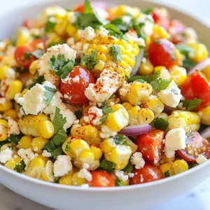 To make a delicious Mexican Street Corn Salad, you will need the following fresh ingredients: - Sweet corn - Cherry tomatoes - Red onion - Feta cheese - Fresh cilantro - Mayonnaise - Sour cream - Lime juice - Chili powder - Salt and black pepper Each ingredient plays a key role in creating that vibrant flavor. The sweet corn gives the salad its base and main flavor. Cherry tomatoes add a juicy burst. Red onion brings a sharp crunch. Feta cheese adds creaminess and a salty note. Fresh cilantro offers a bright herbal touch. The mixture of mayonnaise and sour cream creates the perfect creamy dressing with lime juice for tang. Chili powder gives that signature kick, while salt and black pepper balance the flavors. Gathering these fresh, quality ingredients will set you up for a fantastic dish. If you use seasonal produce, you'll enjoy even richer flavors. {{ingredient_image_2}} 1. Preheating the grill Start by preheating your grill to medium-high heat. This step is key for a great char. 2. Grilling the corn Once the grill is hot, place the husked corn on the grates. Grill each ear for about 10-12 minutes. Turn the corn every few minutes. You want it nicely charred and caramelized. 3. Cooling and cutting kernels After grilling, remove the corn from the grill and let it cool. Once it&rsquo;s cool enough to handle, cut the kernels off the cobs with a sharp knife. Transfer those kernels to a large mixing bowl. 1. Combining corn and vegetables Into the bowl with the corn, add the halved cherry tomatoes, diced red onion, crumbled feta cheese, and chopped cilantro. Use a spatula to gently stir all ingredients together. 2. Preparing the dressing In a separate bowl, whisk together the mayonnaise, sour cream, lime juice, chili powder, salt, and pepper. Mix until you have a smooth and creamy dressing. 1. Tossing the salad Drizzle the dressing over the corn mixture. Use a spatula or wooden spoon to toss everything gently. Make sure all ingredients are well coated. 2. Adjusting the seasoning Take a moment to taste the salad. Adjust the seasoning if needed. You can add more lime juice, salt, or chili powder to suit your taste. 3. Serving suggestions You can serve the salad right away for a fresh experience. If you want richer flavors, chill it in the fridge for about 30 minutes. This allows the flavors to blend beautifully. For a nice touch, serve it in a decorative bowl or individual cups. Garnish with cilantro and lime wedges for extra flair. Choosing the right corn Start with sweet corn. Look for fresh, firm ears. The kernels should be plump and juicy. Avoid corn with dry or brown spots. Organic corn adds extra flavor too. Tips for optimal charring Preheat your grill to medium-high heat. This step is key for good char. Grill the corn for 10-12 minutes. Turn it every few minutes. Look for a nice golden-brown color. This adds a smoky taste to your salad. Customizing flavors to taste Feel free to adjust the dressing. Add more lime juice for tanginess. If you like heat, increase the chili powder. Taste as you mix and make it yours. Substituting ingredients for dietary needs You can use Greek yogurt instead of mayo or sour cream. For a dairy-free option, try avocado cream. This keeps the salad creamy while meeting dietary needs. Presentation ideas Serve the salad in a big bowl for sharing. For parties, use individual cups. Add lime wedges and extra cilantro on top. This makes it look fresh and inviting. Pairing suggestions This salad pairs well with grilled meats. Try it with chicken or shrimp tacos. It also goes great with spicy dishes. The cool salad balances heat perfectly. Pro Tips Choose Fresh Corn: Fresh, in-season corn will provide the best sweetness and flavor for your salad. Look for ears with bright green husks and plump kernels. Customize the Heat: If you like it spicy, add diced jalape&ntilde;os or a pinch of cayenne pepper to the dressing for an extra kick. Mix in Avocado: For a creamier texture, consider adding diced avocado to the salad just before serving. It complements the other flavors beautifully. Serve Chilled: Allowing the salad to chill in the refrigerator for about 30 minutes before serving enhances the flavors and provides a refreshing experience. {{image_4}} You can change some ingredients in this salad to fit your taste. - Using different cheeses: Feta cheese adds a nice salty flavor. If you want, try queso fresco for a milder taste. Cotija cheese is another great option. It&rsquo;s crumbly and adds a nice bite. - Adding beans or other veggies: You can add black beans for protein. They give a creamy texture and taste. Corn and diced bell peppers also work well. They add crunch and color. Small changes can make a big difference in taste. - Extra spices or herbs: If you want more heat, add cayenne pepper. You could also try adding fresh herbs like basil or mint. They bring a fresh twist to the salad. - Sweet additions like avocado or fruits: Avocado adds creaminess. You can also add mango or pineapple for a sweet touch. These fruits balance the spice and add a tropical vibe. To store leftovers, place your Mexican street corn salad in an airtight container. Make sure it cools down before sealing. This helps keep the flavors fresh. The best containers for storage are glass or BPA-free plastic. These materials do not hold onto smells. They also help prevent spills in your fridge. For maintaining freshness, the salad lasts about 3 to 5 days in the fridge. After this time, the taste and texture may suffer. Signs of spoilage include a sour smell or a change in color. If you see any mold, throw it away. Always trust your senses when it comes to food safety. Can I use frozen corn? Yes, you can use frozen corn. Just thaw it before mixing. Frozen corn is sweet and will work well. What can I substitute for feta cheese? You can use cotija cheese or goat cheese. Both give a nice flavor and texture. How can I make this salad vegan? To make it vegan, replace feta with a plant-based cheese. Use vegan mayo and sour cream too. Why is my salad watery? Your salad may be watery if you didn't drain the tomatoes well. Also, don't add too much dressing at once. How can I add more flavor? Add more lime juice or chili powder for a kick. Fresh herbs like cilantro also boost flavor. This blog post shows you how to create a fresh Mexican Street Corn Salad. We went through key ingredients, easy steps, and useful tips. The salad is bright and packed with flavor. Feel free to swap ingredients or adjust the dressing to suit your taste. Store leftovers properly and enjoy them later. Remember, cooking is about having fun and experimenting. I hope you try this salad and make it your own. It&rsquo;s perfect for any meal or gathering. Happy cooking!