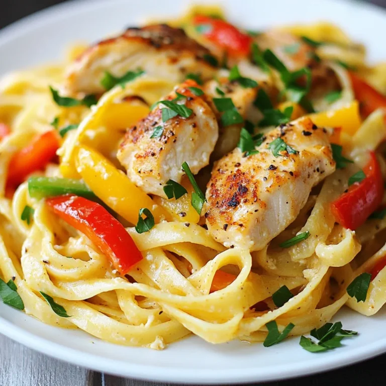 - 2 boneless, skinless chicken breasts, thinly sliced - 8 ounces fettuccine pasta - 1 red bell pepper, julienned - 1 green bell pepper, julienned - 1 medium onion, thinly sliced - 3 cloves garlic, finely minced For this dish, chicken serves as the protein. I like to use thinly sliced chicken breasts. They cook fast and soak up flavors well. Fettuccine pasta gives a nice, chewy base that complements the sauce. I add fresh vegetables, like red and green bell peppers, and onion for color and crunch. Lastly, garlic adds a lovely aroma and depth to the dish. - 2 tablespoons Cajun seasoning - Salt and freshly cracked pepper, to taste Cajun seasoning is the star of this dish. It brings a bold, spicy kick that enlivens the chicken and pasta. I always add just the right amount of salt and pepper to enhance flavors without overpowering them. - 1 cup heavy cream - 1 cup freshly grated Parmesan cheese For creaminess, I use heavy cream. It makes the sauce rich and smooth. Freshly grated Parmesan cheese adds a salty, nutty flavor that rounds out the dish beautifully. Together, these dairy elements create a decadent sauce that clings to the pasta perfectly. With these ingredients, you can create a dish that bursts with flavor and satisfies every taste bud. {{ingredient_image_2}} To start, cook the fettuccine pasta. Follow the package instructions closely. Aim for al dente, which means the pasta has a slight bite. This texture holds up well in the sauce. Once cooked, drain the pasta and set it aside. Keep it warm while you prepare the other ingredients. Next, we need to season the chicken. In a mixing bowl, add the thinly sliced chicken breasts. Sprinkle in the Cajun seasoning. Toss the chicken well until every piece is coated. This seasoning gives the chicken a bold flavor. It is key to the dish's overall taste. Now, let's sauté everything. Heat 2 tablespoons of olive oil in a large skillet over medium-high heat. When the oil is hot, add the seasoned chicken slices. Cook for about 5 to 7 minutes until the chicken turns golden brown and is fully cooked. Then, transfer the chicken to a plate. In the same skillet, add the sliced onion and bell peppers. Sauté these for about 4 to 5 minutes until they soften. After that, add the minced garlic and cook for 1 more minute. This helps release the garlic's amazing aroma. Now, reduce the heat to medium. Pour in the heavy cream and stir it with the veggies. Let this mixture simmer for 2 to 3 minutes. This lets the flavors blend nicely. Gradually add the grated Parmesan cheese, stirring until the sauce is smooth. If it feels too thick, add a splash of reserved pasta water. Finally, return the chicken to the skillet along with the drained fettuccine. Toss everything together until the pasta and chicken are well coated in the creamy sauce. Taste and adjust the seasoning with salt and freshly cracked pepper, if needed. Heat everything for another 2 to 3 minutes to warm it through. Your Spicy Cajun Chicken Pasta is now ready to serve! Garnish with fresh parsley for a pop of color. Enjoy your delicious creation! To create a great flavor, balance your spices well. Cajun seasoning adds heat, but you can adjust it. Start with two tablespoons. Taste as you cook. If it needs more heat, add a little more. Pair it with salt and pepper to enhance the taste. Always remember, a little goes a long way. The sauce should be creamy, not too thick. After you add the heavy cream, let it simmer. If it seems too thick, use pasta water. Just add a splash while stirring. This helps the sauce mix well with the pasta. Aim for a smooth, rich texture that coats every bite. Make your dish look great on the plate. Use deep bowls for serving. Twirl the fettuccine for an elegant look. Top with extra Parmesan and a sprig of parsley. This adds color and makes the dish pop. A beautiful plate makes the meal even more enjoyable! Pro Tips Chicken Marinade: For an extra flavor boost, marinate the chicken in the Cajun seasoning for at least 30 minutes before cooking. Pasta Timing: Make sure to cook the pasta just until al dente; it will continue to cook when combined with the sauce. Cheese Quality: Use freshly grated Parmesan cheese for the best flavor and texture in your sauce. Vegetable Variations: Add in other vegetables like zucchini or spinach for added nutrition and color. {{image_4}} You can switch out chicken for other proteins. Shrimp is a great choice! It cooks quickly and adds a nice flavor. Tofu is another option for a vegetarian twist. Just make sure to press it to remove extra water before cooking. This way, it absorbs the spice better. The type of pasta can change your dish's texture. Fettuccine is classic, but you can use penne or rigatoni instead. These shapes hold the sauce well. If you want a gluten-free version, you can find many options today. Look for brown rice or chickpea pasta for a tasty choice. Want more heat? Add extra Cajun spice or some cayenne pepper. If you prefer it milder, use less seasoning. You can also add cream to tone it down. Taste as you go, and adjust the spices to fit your palate. Everyone can enjoy their perfect bowl of Spicy Cajun Chicken Pasta! To store leftovers, let the pasta cool first. Place it in an airtight container. Cover it well so it does not dry out. You can refrigerate the leftovers for up to three days. If you want to keep it longer, freeze it. Use a freezer-safe container or bag. Be sure to remove as much air as possible before sealing. Reheating pasta can be tricky. You want to keep it creamy and fresh. The best way is to use a skillet. Add a splash of cream or milk to the pan. Heat it over low heat. Add the pasta and stir gently. This helps revive the sauce. You can also use the microwave, but add a bit of liquid to keep it moist. In the fridge, Spicy Cajun Chicken Pasta lasts about three days. In the freezer, it can last up to three months. For the best taste, try to eat it sooner rather than later. Always check for any signs of spoilage before consuming. Yes, you can easily make this dish vegetarian. Here are some great options: - Use sliced mushrooms instead of chicken. They add a nice texture. - Substitute with firm tofu. Press it first to remove excess moisture. - For a hearty touch, add black beans or chickpeas. - You can also add more colorful veggies like zucchini or spinach. You have many tasty options for sides. Here are some ideas: - A fresh garden salad pairs well. Use light dressing for balance. - Garlic bread is a great choice and perfect for dipping. - Roasted vegetables add flavor and color to your meal. - For drinks, consider iced tea or a light white wine. Making this recipe dairy-free is simple. Here’s how: - Replace heavy cream with coconut milk or cashew cream. - Use nutritional yeast instead of Parmesan cheese for a cheesy flavor. - Be sure to check labels for any hidden dairy in sauces or seasonings. These swaps keep the rich taste while meeting dietary needs. This blog post covered making Spicy Cajun Chicken Pasta. We explored the main ingredients like chicken and pasta, added rich flavors with spices, and used dairy elements for creaminess. I shared step-by-step cooking instructions, tips for flavor balance, and variations to fit your taste. We also discussed storage and reheating to keep your dish fresh. Try these ideas, and you’ll create a meal that delights everyone at your table!