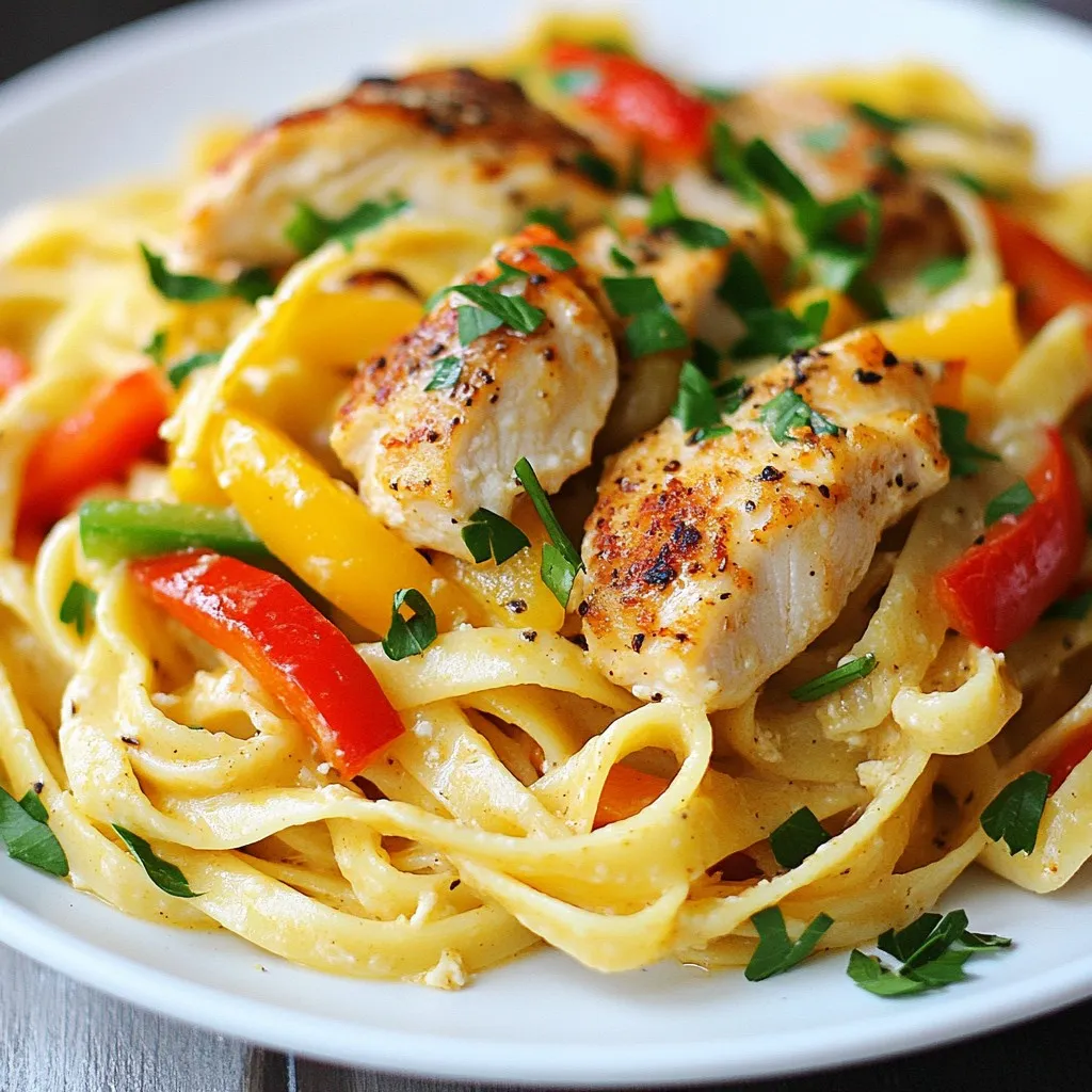 - 2 boneless, skinless chicken breasts, thinly sliced - 8 ounces fettuccine pasta - 1 red bell pepper, julienned - 1 green bell pepper, julienned - 1 medium onion, thinly sliced - 3 cloves garlic, finely minced For this dish, chicken serves as the protein. I like to use thinly sliced chicken breasts. They cook fast and soak up flavors well. Fettuccine pasta gives a nice, chewy base that complements the sauce. I add fresh vegetables, like red and green bell peppers, and onion for color and crunch. Lastly, garlic adds a lovely aroma and depth to the dish. - 2 tablespoons Cajun seasoning - Salt and freshly cracked pepper, to taste Cajun seasoning is the star of this dish. It brings a bold, spicy kick that enlivens the chicken and pasta. I always add just the right amount of salt and pepper to enhance flavors without overpowering them. - 1 cup heavy cream - 1 cup freshly grated Parmesan cheese For creaminess, I use heavy cream. It makes the sauce rich and smooth. Freshly grated Parmesan cheese adds a salty, nutty flavor that rounds out the dish beautifully. Together, these dairy elements create a decadent sauce that clings to the pasta perfectly. With these ingredients, you can create a dish that bursts with flavor and satisfies every taste bud. {{ingredient_image_2}} To start, cook the fettuccine pasta. Follow the package instructions closely. Aim for al dente, which means the pasta has a slight bite. This texture holds up well in the sauce. Once cooked, drain the pasta and set it aside. Keep it warm while you prepare the other ingredients. Next, we need to season the chicken. In a mixing bowl, add the thinly sliced chicken breasts. Sprinkle in the Cajun seasoning. Toss the chicken well until every piece is coated. This seasoning gives the chicken a bold flavor. It is key to the dish's overall taste. Now, let's sauté everything. Heat 2 tablespoons of olive oil in a large skillet over medium-high heat. When the oil is hot, add the seasoned chicken slices. Cook for about 5 to 7 minutes until the chicken turns golden brown and is fully cooked. Then, transfer the chicken to a plate. In the same skillet, add the sliced onion and bell peppers. Sauté these for about 4 to 5 minutes until they soften. After that, add the minced garlic and cook for 1 more minute. This helps release the garlic's amazing aroma. Now, reduce the heat to medium. Pour in the heavy cream and stir it with the veggies. Let this mixture simmer for 2 to 3 minutes. This lets the flavors blend nicely. Gradually add the grated Parmesan cheese, stirring until the sauce is smooth. If it feels too thick, add a splash of reserved pasta water. Finally, return the chicken to the skillet along with the drained fettuccine. Toss everything together until the pasta and chicken are well coated in the creamy sauce. Taste and adjust the seasoning with salt and freshly cracked pepper, if needed. Heat everything for another 2 to 3 minutes to warm it through. Your Spicy Cajun Chicken Pasta is now ready to serve! Garnish with fresh parsley for a pop of color. Enjoy your delicious creation! To create a great flavor, balance your spices well. Cajun seasoning adds heat, but you can adjust it. Start with two tablespoons. Taste as you cook. If it needs more heat, add a little more. Pair it with salt and pepper to enhance the taste. Always remember, a little goes a long way. The sauce should be creamy, not too thick. After you add the heavy cream, let it simmer. If it seems too thick, use pasta water. Just add a splash while stirring. This helps the sauce mix well with the pasta. Aim for a smooth, rich texture that coats every bite. Make your dish look great on the plate. Use deep bowls for serving. Twirl the fettuccine for an elegant look. Top with extra Parmesan and a sprig of parsley. This adds color and makes the dish pop. A beautiful plate makes the meal even more enjoyable! Pro Tips Chicken Marinade: For an extra flavor boost, marinate the chicken in the Cajun seasoning for at least 30 minutes before cooking. Pasta Timing: Make sure to cook the pasta just until al dente; it will continue to cook when combined with the sauce. Cheese Quality: Use freshly grated Parmesan cheese for the best flavor and texture in your sauce. Vegetable Variations: Add in other vegetables like zucchini or spinach for added nutrition and color. {{image_4}} You can switch out chicken for other proteins. Shrimp is a great choice! It cooks quickly and adds a nice flavor. Tofu is another option for a vegetarian twist. Just make sure to press it to remove extra water before cooking. This way, it absorbs the spice better. The type of pasta can change your dish's texture. Fettuccine is classic, but you can use penne or rigatoni instead. These shapes hold the sauce well. If you want a gluten-free version, you can find many options today. Look for brown rice or chickpea pasta for a tasty choice. Want more heat? Add extra Cajun spice or some cayenne pepper. If you prefer it milder, use less seasoning. You can also add cream to tone it down. Taste as you go, and adjust the spices to fit your palate. Everyone can enjoy their perfect bowl of Spicy Cajun Chicken Pasta! To store leftovers, let the pasta cool first. Place it in an airtight container. Cover it well so it does not dry out. You can refrigerate the leftovers for up to three days. If you want to keep it longer, freeze it. Use a freezer-safe container or bag. Be sure to remove as much air as possible before sealing. Reheating pasta can be tricky. You want to keep it creamy and fresh. The best way is to use a skillet. Add a splash of cream or milk to the pan. Heat it over low heat. Add the pasta and stir gently. This helps revive the sauce. You can also use the microwave, but add a bit of liquid to keep it moist. In the fridge, Spicy Cajun Chicken Pasta lasts about three days. In the freezer, it can last up to three months. For the best taste, try to eat it sooner rather than later. Always check for any signs of spoilage before consuming. Yes, you can easily make this dish vegetarian. Here are some great options: - Use sliced mushrooms instead of chicken. They add a nice texture. - Substitute with firm tofu. Press it first to remove excess moisture. - For a hearty touch, add black beans or chickpeas. - You can also add more colorful veggies like zucchini or spinach. You have many tasty options for sides. Here are some ideas: - A fresh garden salad pairs well. Use light dressing for balance. - Garlic bread is a great choice and perfect for dipping. - Roasted vegetables add flavor and color to your meal. - For drinks, consider iced tea or a light white wine. Making this recipe dairy-free is simple. Here’s how: - Replace heavy cream with coconut milk or cashew cream. - Use nutritional yeast instead of Parmesan cheese for a cheesy flavor. - Be sure to check labels for any hidden dairy in sauces or seasonings. These swaps keep the rich taste while meeting dietary needs. This blog post covered making Spicy Cajun Chicken Pasta. We explored the main ingredients like chicken and pasta, added rich flavors with spices, and used dairy elements for creaminess. I shared step-by-step cooking instructions, tips for flavor balance, and variations to fit your taste. We also discussed storage and reheating to keep your dish fresh. Try these ideas, and you’ll create a meal that delights everyone at your table!