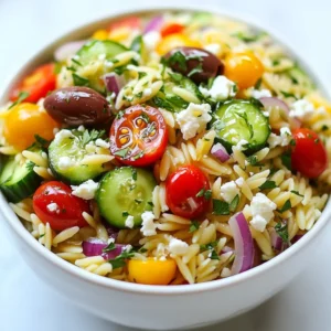 To make a Greek Orzo Salad, you will need fresh and tasty ingredients. Each one adds flavor and texture. Here's what you'll gather: - 1 cup orzo pasta - 1 &frac12; cups cherry tomatoes, halved - 1 medium cucumber, diced into bite-sized pieces - &frac12; medium red onion, finely chopped - &frac12; cup Kalamata olives, pitted and sliced - 1 cup feta cheese, crumbled - &frac14; cup fresh parsley, finely chopped - ⅓ cup extra-virgin olive oil - 2 tablespoons freshly squeezed lemon juice - 1 teaspoon dried oregano - Salt and freshly ground black pepper to taste Each ingredient plays its part. The orzo pasta is the star. It brings a nice, chewy texture. Cherry tomatoes add sweetness and color. The cucumber provides crunch. Red onion gives a mild bite. Kalamata olives and feta cheese bring saltiness and creaminess. Fresh parsley adds a pop of green and a hint of freshness. The dressing is equally important. Extra-virgin olive oil gives richness. Lemon juice adds brightness. Dried oregano brings that classic Mediterranean flavor. Salt and pepper round out the taste. With these ingredients, you can create a vibrant, flavorful dish that pleases everyone. Make sure to choose fresh, high-quality items for the best results. This salad shines with bright colors and bold flavors, making it a delight on any table. {{ingredient_image_2}} To cook the orzo, start by bringing a pot of water to a boil. Add salt to the water. Salting the water helps the pasta absorb flavor. Cook the orzo according to the package directions until it is al dente. After cooking, drain the orzo in a colander. Rinse it under cold water. This cools the pasta and stops it from cooking further. Set the orzo aside to cool completely. Next, grab a large mixing bowl. Chop the cherry tomatoes in half. Dice the cucumber into small pieces. Finely chop the red onion. Slice the Kalamata olives into rounds. Crumble the feta cheese into small pieces. Add all these ingredients into the bowl. Stir gently to combine them. Be careful not to mash the feta. In a small bowl, whisk together the extra-virgin olive oil and freshly squeezed lemon juice. Add dried oregano, salt, and pepper. Whisk until the dressing is smooth and well mixed. This process is called emulsification. It helps the dressing blend well, making it a tasty addition to the salad. Once the orzo is cool, add it to the bowl with the vegetables and feta. Drizzle the dressing over the salad. Use a spatula or a large spoon to gently mix everything. Make sure the pasta is coated well with the dressing. Taste the salad and adjust the seasoning if needed. If you want more flavor, add more salt, pepper, or lemon juice. Cover the bowl with plastic wrap or a lid. Refrigerate the salad for at least 30 minutes. This chilling time lets the flavors mix and taste even better. To boost your Greek Orzo Salad, try adding some fresh herbs. Fresh mint or dill works wonderfully. You can also include roasted red peppers for a hint of sweetness. For a spicy kick, toss in some red pepper flakes or sliced jalape&ntilde;os. These small changes can make a big difference. When serving, consider using a large, colorful bowl to show off the salad. A sprinkle of extra feta or parsley on top adds a nice touch. This salad pairs well with grilled chicken or fish. It also shines as a side dish at summer picnics. You can serve it cold or at room temperature, depending on your preference. To make your salad visually appealing, focus on color and texture. Use a mix of bright cherry tomatoes and crisp cucumbers. The creamy feta contrasts nicely with the crunchy vegetables. Make sure to cut everything into similar sizes for a uniform look. Adding some toasted pine nuts or sunflower seeds can offer a nice crunch too. Pro Tips Cook Orzo Al Dente: Make sure to cook the orzo until just al dente to prevent it from becoming mushy after mixing with the other ingredients. Chill for Flavor: Allow the salad to chill in the refrigerator for at least 30 minutes before serving. This helps the flavors meld together for a more delicious taste. Customize Ingredients: Feel free to add or substitute other ingredients like bell peppers, artichokes, or even chickpeas for a twist on this classic salad. Fresh Herbs Matter: Using fresh parsley instead of dried can elevate the flavor of your salad, so don&rsquo;t skimp on the fresh herbs! {{image_4}} You can boost your Greek Orzo Salad with protein. Grilled chicken adds a hearty touch. Simply slice it thin and toss it in. Shrimp is another great choice. Cook them quickly on the grill or stovetop. For a plant-based option, use chickpeas. They bring a nice texture and protein punch. Just rinse and drain a can, then mix them in. Each option makes the salad more filling and satisfying. If you need a gluten-free salad, swap the orzo for quinoa or rice. Both still give that nice grainy feel. For a vegan version, leave out the feta cheese. You can use avocado for creamy goodness instead. Nutritional yeast can add a cheesy flavor without dairy. These adjustments keep the dish tasty while meeting dietary needs. Using seasonal vegetables can make your salad even better. In summer, ripe tomatoes and cucumbers shine. In fall, add roasted squash or beets for sweetness. Winter calls for hearty greens like kale or spinach. Spring brings fresh peas or asparagus. Mixing in these seasonal delights keeps your salad fresh and exciting. You can change it up every time you make it. To keep your Greek Orzo Salad fresh, store any leftovers in an airtight container. Make sure to press down the lid to remove excess air. This helps preserve the salad&rsquo;s crunch and flavor. Place the container in the fridge, and use it within three days for the best taste. If you notice any moisture, use a paper towel to absorb it before sealing. This keeps the veggies crisp. You can freeze Greek Orzo Salad, but be aware it may change texture. If you choose to freeze, do it before adding feta and dressing. Place the salad in a freezer-safe container and seal it tightly. When you are ready to eat, thaw it in the fridge overnight. After thawing, add fresh feta and dressing for a bright flavor. For the best quality, consume your salad within three days if refrigerated. If frozen, aim to eat it within a month. After that, the flavors might fade, and the textures may suffer. Always check for any off smells or changes in color before eating. Enjoy your delicious creation while it&rsquo;s fresh! Orzo is a small, rice-shaped pasta made from durum wheat. It cooks quickly and is great in salads. You can use orzo in many dishes, like soups and casseroles. In a Greek Orzo Salad, orzo acts as a base that holds flavors well. Its texture complements fresh veggies, making every bite satisfying. Yes, you can make Greek Orzo Salad in advance. This salad tastes better after resting. The flavors meld together over time. Prepare the salad up to a day ahead. Just keep it covered in the fridge. If you want the best taste, let it chill for at least 30 minutes before serving. This makes sure the dressing soaks in, enhancing the flavors. If you can't eat feta, there are tasty alternatives. Try goat cheese for a tangy flavor. Creamy ricotta cheese can also work, adding a smooth texture. For vegan options, use crumbled tofu or a dairy-free cheese. Each substitute changes the taste slightly, so choose one that fits your diet best. In this post, we explored the tasty Greek Orzo Salad. We covered the key ingredients like orzo, fresh veggies, olives, and feta cheese. You learned how to cook orzo, prepare veggies, and make an easy dressing. I shared tips to boost flavor and suggested variations to match your diet. Keep these points in mind as you make your salad a crowd-pleaser. Whether it&rsquo;s for a meal or a snack, this dish is sure to impress! Enjoy creating your perfect orzo salad.